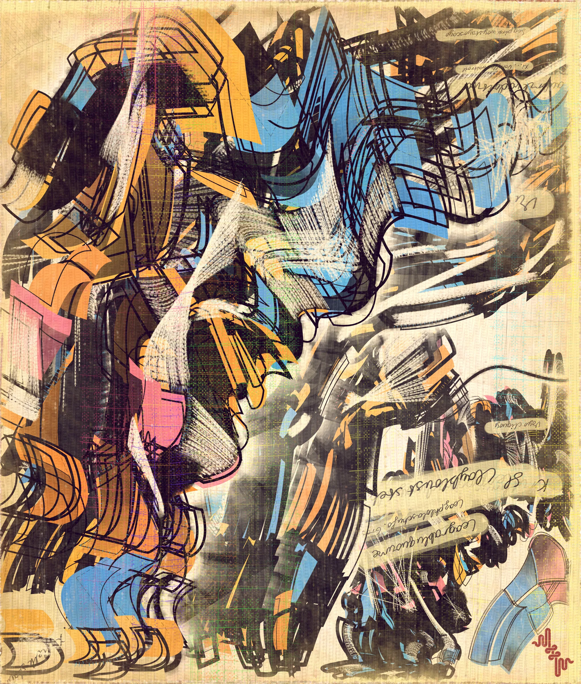 # Algorithmic Expressionism and the Landscape of Madness #
# . #
## Landscape Inversion ##
This project began with a whimsical idea: to invert the convention of landscape painting on canvas—one of the most ubiquitous motifs in art history. Instead of painting a scene or vista onto the canvas, I imagined an algorithmic domain shaped by the flowing material properties of the canvas itself. 
# . #
## Mark Making and the Digital Surface ##
Bold gestural markings within this algorithm also evolved into a way of defining scale and movement in the landscape. They serve as a bridge between the illusion of receding depth and the true flatness of the digital surface. For centuries, bold brushstrokes—evidence of the painterly act—have created intentional tension between illusionism and the physical reality of the canvas. The gestural marks in this series, although complex and layered, are still clearly derived from rudimentary vector-based primitives. Preserving the evidence of a digitally native process is my reinterpretation of this same artifact found in representational painting.
# . #
## Gesture and Abstraction ##
Algorithmic mark making reminiscent of human gesture is not really abstract. They are more representational of artifacts created by the human skeleton in the creative act. Through this association gesture seems to have a direct expressive path to our deep human emotions. When gestures become incoherent and turbulent, something in us feels this as a kind of violence. Although Amplitudes of Canvas started life as gently flowing landscape-esk forms, the use of gesture became stronger and the spectrum of movement and expressive power of the work ramped up considerably. The addition of the floor plane reminded me of Victorian hospital rooms. In some of these works emerged the traces of an asylum, a container for the more extreme gestural madness appearing at the out edges of the algorithm's expressive space.
# . #
## The Infinite Sketchbook of a Mad Person ##
Outputs are like sketches in the sense they are only glimpses into the totality of the algorithm. They are never fully crystalized. They are like the outflow of a mad person because the insane often get caught in loops, obsessing over the same patterns. Through their interaction with the world, the patterns get expressed in varied ways, each time new, but recognizable as belonging to the same behavior. The mad person compared to the average person thus has a limited range of functionality and adaptability. The algo can only explore a tiny space of possibilities compared to say the space of all art. It is still an infinite space, but not all infinities are equal.
# . #
## Expressionism and Madness ##
It seems likely that expressionism has been linked to madness in the past, both academically and by the casual observer. De Kooning’s Woman paintings have a ferocious presence and are wonderfully disturbing. Alcoholic, bad tempered Pollock expresses a destabilizing frenetic power. Rothko, who was the counter type in the movement painted sacred meditative works, but killed himself. Rothko was on record as saying he wanted to paint the deep human emotions. This has always been my hope. I feel I consistently fail, but make tiny steps towards that goal. It is not at all obvious how to progress when working in the domain of abstract art. I do feel however, that when literal representation in Art is set aside there is a more direct path to the human heart for those artists who achieve it.
# . #
## Text as Texture ##
The cursive writing in these works are entirely algorithmic. There is no meaning, other than the meta meaning of something that looks like Pseudo notation. In the course of building the project I tried numerous ways to introduce the texture of writing into the work without finding a way that satisfied me. Text adds a textural depth to the work that’s hard to create in any other way. The writing also looks like the scribing of a mad person which seemed to tie in nicely with the emerging feeling of madness in some of the outputs. I call these bands of cursive texture - Notes from the Asylum.
# . #
## Algorithmic Process vs Skeuomorphism ##
Creating surfaces that look worn and discolored might be seen as skeuomorphic, however I feel there is an honesty to this type of treatment because objects in real life are also typically aged in an algorithmic way. Usually through a repetition of partially constrained movements and patterns of specific interactions. The intrinsic visual properties we find comforting and fascinating in antique surfaces can be created in generative art in a very direct and authentic way. When I remove these layers of textural distress the underlying work is often somewhat unapproachable and cold. I feel the compositional flow is also softened and unified by the addition of algorithmic distress. Transitions are easier to visually digest and the overall visual variety and interest of the surface is increased. Perhaps what’s more important is there is a sense in which the art has settled into the physical world and has had interactions with it. Of course this is a lie but every story we tell in art is a lie. When creating the distress marks I am careful to leave the simple circle and line primitive building blocks at a scale that makes it easy to see on close examination how the art is constructed. This reveals the truth about the lie and creates visual tension between the illusionistic and abstracted mark making.
# . #
## Recursive Curation ##
Amplitudes of Canvas uses this new type of structure that enables me to evolve the algorithm over a long period of time without losing outstanding outputs from the previous versions. It's a little like the fx(hash) Open Form model, but only I am in control of what gets bred. All the breeding also happens prior to release within my studio. Every part of the algorithmic journey is contained in the single algorithm so I can put it fully on-chain and make it work within the very solid, but quite constrained Art Blocks infrastructure. Recursion refers to the fact I can use social WIP sharing to help steer new versions in the algorithm's evolution. If and when I share something that both captures my audience's attention and excites me I can capture the visual DNA of that output and use it as the basis to breed new children without losing previous outputs and version possibilities.
