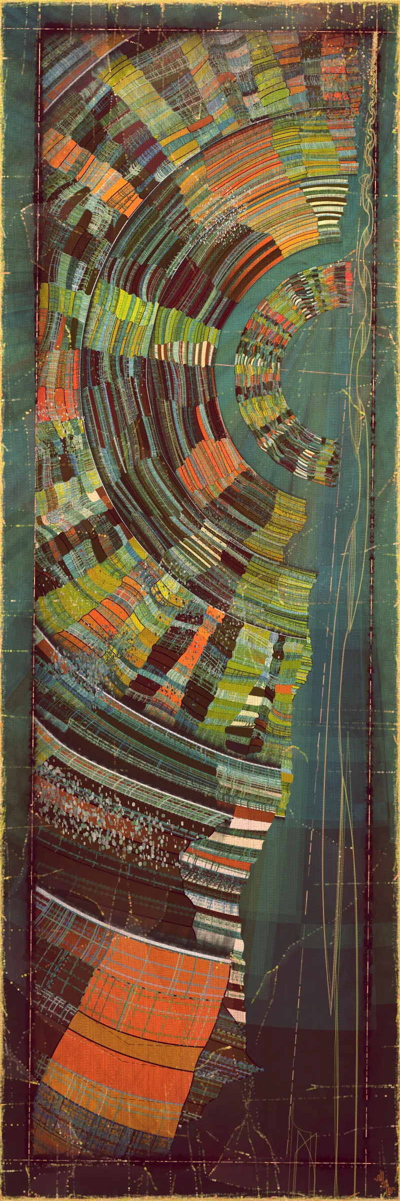 # Covehithe: An algorithmic study of ancestral landscape #

**Cove:** *a small sheltered bay; a concave arch*

**Hithe:** *a small port, harbor or haven especially on a river*
# . #

[

Covehithe is an expression of my deep connection to a remote stretch of coastline near my hometown in England. Rather than setting out to create literal landscape scenes I wanted to find a new authentically algorithmic interpretation of the landscape. This means using certain rudiments of landscape art as primitives in a process that is true to generative art making. Covehithe is my most evolved work to-date in terms of combining multiple texture algorithms in an attempt to create surfaces that look like they have been abraded and discolored by the churning of the sea. Another key goal of this work is to capture the sense of nostalgia, mystery and ambiance I associate with Covehithe. This expressly emotive concern I feel has not been explored so much within generative art.

Many of my ancestors stretching back at least five generations were seafarers from this small area of coastal Suffolk. Having spent countless hours walking along this coast, the dark tumultuous sea, the inclement weather, the primordial spectacle of rapidly eroding cliffs and shifting shingle banks, are deeply imprinted into my artistic vision. Spending time at Covehithe often fills me with a complex tapestry of emotions that somehow meld with the spirit of the land. I feel good art has the power to convey a paradox of thought and feeling. My hope with this series is to simultaneously make art that looks familiar and at the same time fresh and with a very specific blend of belonging and awe; melancholy and rejuvenation; comfort and exposure.

]

# . #
**Algorithmic distress vs skeuomorphism**

*The greatest art is the most convincing lie*— Pablo Picasso

[

Creating surfaces that look worn and discolored might be seen as skeuomorphic, however I feel there is an honesty to this type of treatment because objects in real life are also typically aged in an algorithmic way. Usually through a repetition of partially constrained movements and patterns of specific interactions. The intrinsic visual properties we find comforting and fascinating in antique surfaces can be created in generative art in a very direct and authentic way. When I remove these layers of textural distress the underlying work is often somewhat unapproachable and cold. I feel the compositional flow is also softened and unified by the addition of algorithmic distress. Transitions are easier to visually digest and the overall visual variety and interest of the surface is increased. Perhaps what’s more important is there is a sense in which the art has settled into the physical world and has had interactions with it. Of course this is a lie but every story we tell in art is a lie. When creating the distress marks I am careful to leave the simple circle and line primitive building blocks at a scale that makes it easy to see on close examination how the art is constructed. This reveals the truth about the lie and creates visual tension between the illusionistic and abstracted mark making. Painters have intentionally played with the tension between the ‘image’ and the reality of the marks and surface for centuries.

]

# . #
**An ancestral connection to land**

[

I’m fascinated by the idea of art capturing the ancestral memory of a place and transferring a deep sense of belonging and familiarity to an audience that may not have a direct experience of that land themselves. I personally feel this with some art and music that comes from Scandinavian countries. Somehow it feels like I know the atmosphere of that place and it resonates with my own nostalgia for my home in the UK, although I’ve never been to any Nordic countries.

The key concern for me with this project is capturing the melancholy and sober mood I associate with this place. It’s not that the sun never shines in Covehithe although it can seem like it sometimes. For me I’ve always been drawn to pathos and melancholy in art and music. Somehow I feel more able to access sadness through art in a way that feels whole and healing.

Whilst trying to articulate the ‘mood’ of this series I came up with the working title ‘hidden box landscapes’. The mental picture I have is of discovering an antique wooden box in an attic containing some precious personal effects from an ancestor. I wanted the outputs to have the feeling of old crinkled photos or drawings of landscapes that had been stored in such a secret box as a personal memento of a special place. Like an artifact of a deep emotional connection to the land and environmental characteristics.

]

# . #
**Forms and colors in Covehithe**

[

In the outputs I wanted to include a non-literal equivalent to footprints in the landscape. A trace of our passing through the landscape. I wanted this trace to look and feel light and delicate compared to the main mass of the landscape form. I settled on these sketched chains of arcs that look like they could be unfinished or temporary, but activate the negative space at the boundaries of the compositions. I didn’t want these marks to be on the landscape itself as the contrast of these two primitives would be lost. I loved how insignificant these marks look compared to the weight of the land. In abstracting them from the landscape I also wanted to give the impression these footsteps told a story about a journey or path in a vast space.

There is an intentional visual reference to quilting in these landscapes. The land itself is quilted. For me there is something very comforting and connected to a sense of home evoked by the image of a quilt. Strangely I feel I have inherited this just in the last 10 years since I’ve been living in the US. Quilting is a strong part of my wife’s family tradition and I wonder if I have absorbed an affinity for it through osmosis from my wife and her family. Quilting to my knowledge is not a significant tradition in native Suffolk. It strikes me that the cultural lexicon of motifs and visual references in art are key to making contact with our emotional core as humans. Art is never made or experienced in a vacuum, finding ways to weave persisting visual motifs, from our collective past, into my art making is one way I try to make my generative art more approachable and relatable. Doing this in a way that is not overtly literal — deriving forms and mark making that is familiar and yet not literal is a fascinating challenge for me.

Using generative color algorithms has become a default part of my generative practice. Although I use a very limited color space, I’m very happy with the color expression in this project. The primary forms are not partially transparent unlike in the background elements in both Velum and Fontana. Instead I build layers of color using the grid markings and spindrift spots that overlay the quilt patches. Combined with the algorithmic distress and patches of color modulation the totality of color is continuously shifting. Ultimately I feel color, texture and form are one and abstracting one from the others can give us a false idea of how the whole will work.

]

# . #
**Generative art as a medium to explore emotion**

*My work is about the great human emotions* — Mark Rothko

[

My personal goal as an artist is to find ways to explore the deep human emotions. On the face of it exploring emotion using code, math and geometry may seem counterintuitive at best if not plain impossible. In my mind it is the unobvious path that makes it have so much potential to produce something truly original. In another sense it doesn’t seem to me to be perverse at all. Having worked in this way for over a decade it actually feels just as direct as painting and drawing to me. Picture making regardless of the medium always requires problem solving, methodical application, a clear mind and full heart. The true superpower of the visual artist is to be able to look with a completely open heart and make a response to what is being revealed right in front of them. If the response is channeled through a paint brush or code function I see no fundamental difference. For me generative art is just a medium that can be worked with in the same direct way any medium can be explored. I ultimately feel a medium is just a means for the artist to explore and realize their own inner world.

There is a text in Tibetan Buddhism called ‘The genuine heart of sadness’. The sadness the text points to is born out of a deep unconditional compassion for all life, and is not a personal sadness of feeling sorry for oneself. I believe one of the great gifts of art and music is that it can help us access emotions that are much vaster than those born out of our own narrow self interest. Not that there’s anything wrong with this, the arts just can help us find a bigger space in our own emotional landscape. This is the ultimate hope with any art I make. With Covehithe, the emotion I wanted to characterize was a sorrow and longing that for me feels deeply rooted in the landscape of coastal Suffolk and maybe my ancestry. Perhaps hard for me to put into words which is why I make art.

]