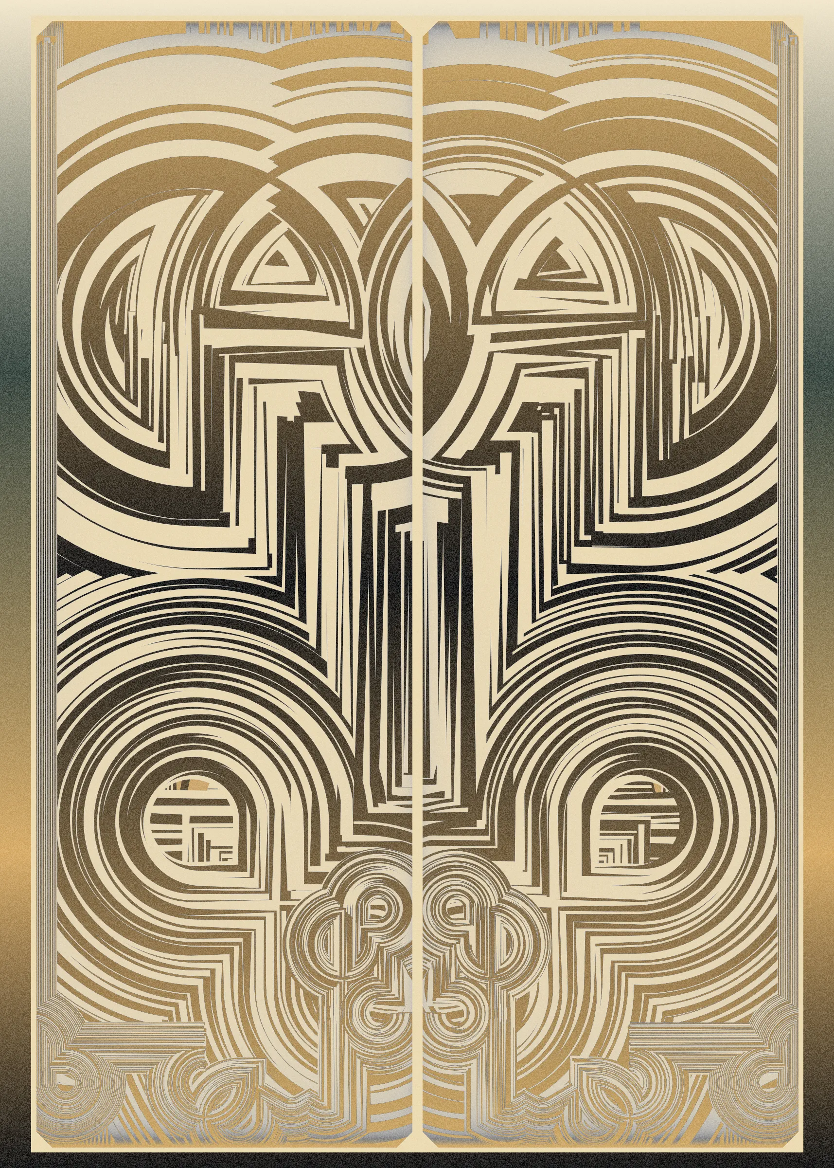 **Algorithmic Sketch**  
*Deco Echo* is an algorithmic sketch that explores quasi-symmetry. Unlike many of my previous long-form generative projects that combine multiple primitives to form a unified whole, *Deco Echo* uses a single generative building block, creating a surprisingly large diversity of distinct outputs. An algorithmic sketch is not inherently less valuable or artistically significant than more intricate works developed over many months. In fact, many beloved pieces from the generative art canon are based on very simple algorithms. Artistic value is not solely defined by complexity or work done but by clarity of instinct, thought, and inspiration. That said, hard work often paves the way for spontaneous moments of clarity.

**Quasi-Symmetry**  
*Deco Echo* marks my first exploration of what I call quasi-symmetry, where two mirrored outputs are generated simultaneously with slight variations. These quasi-symmetric structures are layered with more chaotic elements, which may differ entirely from their neighboring components. Symmetry, with its order and balance, typically brings a calming expression to compositions, but pure symmetry can lack tension. Quasi-symmetry is an attempt to gain the best of both worlds. This duality mirrors what we often see in nature—like the blend of symmetry and asymmetry in a face or tree.  

To complement the quasi-symmetry and chaotic elements, perfectly symmetric components are also incorporated, including the background, window surrounds, and gradient transforms, completing the triad of symmetric exploration.

**Compositional Components**  
The outputs are composed of three elements:  
1. **Perfectly Symmetric Elements:** Window cells, background, and gradient transforms.  
2. **Quasi-Symmetric Elements:** Black and white structures.  
3. **Chaotic Asymmetric Elements:** Base color and black details.
