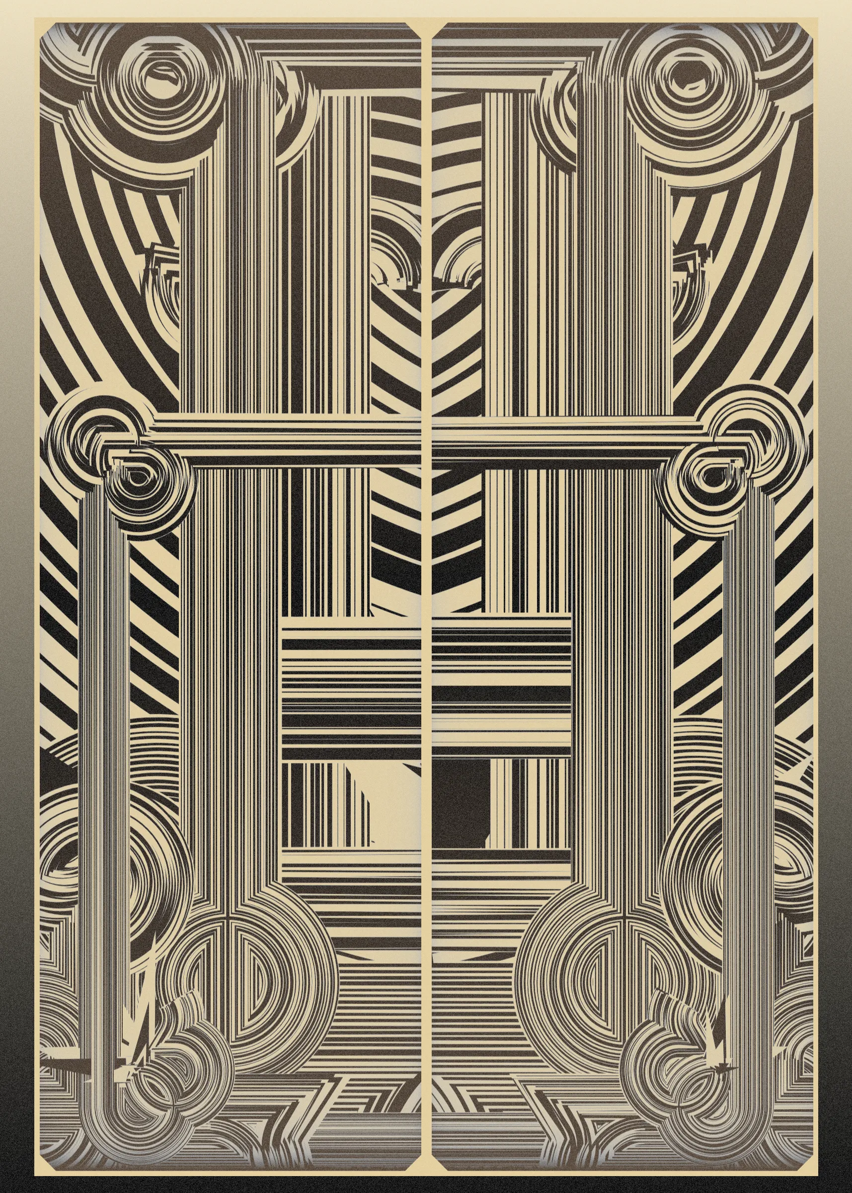 **Algorithmic Sketch**  
*Deco Echo* is an algorithmic sketch that explores quasi-symmetry. Unlike many of my previous long-form generative projects that combine multiple primitives to form a unified whole, *Deco Echo* uses a single generative building block, creating a surprisingly large diversity of distinct outputs. An algorithmic sketch is not inherently less valuable or artistically significant than more intricate works developed over many months. In fact, many beloved pieces from the generative art canon are based on very simple algorithms. Artistic value is not solely defined by complexity or work done but by clarity of instinct, thought, and inspiration. That said, hard work often paves the way for spontaneous moments of clarity.

**Quasi-Symmetry**  
*Deco Echo* marks my first exploration of what I call quasi-symmetry, where two mirrored outputs are generated simultaneously with slight variations. These quasi-symmetric structures are layered with more chaotic elements, which may differ entirely from their neighboring components. Symmetry, with its order and balance, typically brings a calming expression to compositions, but pure symmetry can lack tension. Quasi-symmetry is an attempt to gain the best of both worlds. This duality mirrors what we often see in nature—like the blend of symmetry and asymmetry in a face or tree.  

To complement the quasi-symmetry and chaotic elements, perfectly symmetric components are also incorporated, including the background, window surrounds, and gradient transforms, completing the triad of symmetric exploration.

**Compositional Components**  
The outputs are composed of three elements:  
1. **Perfectly Symmetric Elements:** Window cells, background, and gradient transforms.  
2. **Quasi-Symmetric Elements:** Black and white structures.  
3. **Chaotic Asymmetric Elements:** Base color and black details.
