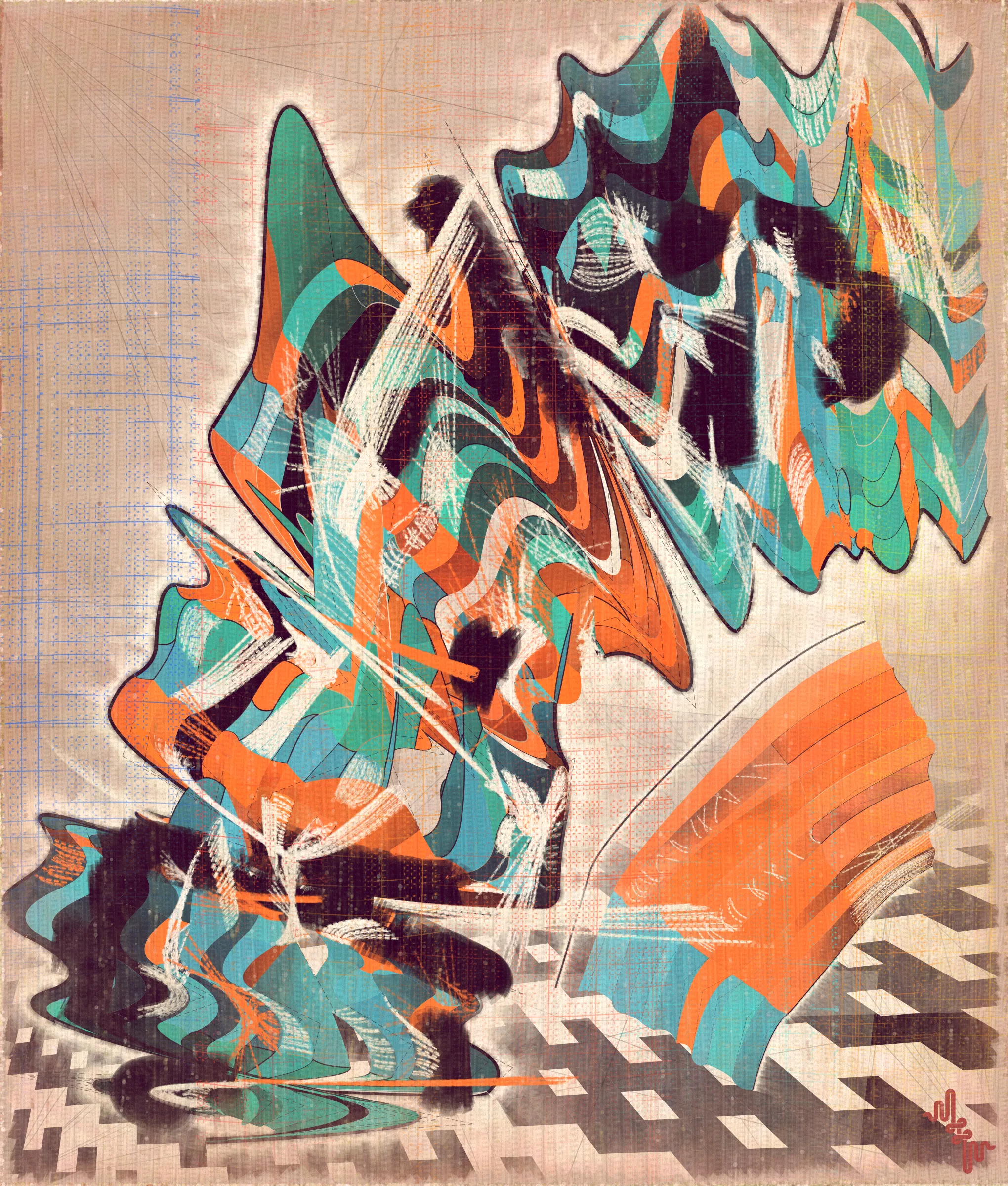 # Algorithmic Expressionism and the Landscape of Madness #
# . #
## Landscape Inversion ##
This project began with a whimsical idea: to invert the convention of landscape painting on canvas—one of the most ubiquitous motifs in art history. Instead of painting a scene or vista onto the canvas, I imagined an algorithmic domain shaped by the flowing material properties of the canvas itself. 
# . #
## Mark Making and the Digital Surface ##
Bold gestural markings within this algorithm also evolved into a way of defining scale and movement in the landscape. They serve as a bridge between the illusion of receding depth and the true flatness of the digital surface. For centuries, bold brushstrokes—evidence of the painterly act—have created intentional tension between illusionism and the physical reality of the canvas. The gestural marks in this series, although complex and layered, are still clearly derived from rudimentary vector-based primitives. Preserving the evidence of a digitally native process is my reinterpretation of this same artifact found in representational painting.
# . #
## Gesture and Abstraction ##
Algorithmic mark making reminiscent of human gesture is not really abstract. They are more representational of artifacts created by the human skeleton in the creative act. Through this association gesture seems to have a direct expressive path to our deep human emotions. When gestures become incoherent and turbulent, something in us feels this as a kind of violence. Although Amplitudes of Canvas started life as gently flowing landscape-esk forms, the use of gesture became stronger and the spectrum of movement and expressive power of the work ramped up considerably. The addition of the floor plane reminded me of Victorian hospital rooms. In some of these works emerged the traces of an asylum, a container for the more extreme gestural madness appearing at the out edges of the algorithm's expressive space.
# . #
## The Infinite Sketchbook of a Mad Person ##
Outputs are like sketches in the sense they are only glimpses into the totality of the algorithm. They are never fully crystalized. They are like the outflow of a mad person because the insane often get caught in loops, obsessing over the same patterns. Through their interaction with the world, the patterns get expressed in varied ways, each time new, but recognizable as belonging to the same behavior. The mad person compared to the average person thus has a limited range of functionality and adaptability. The algo can only explore a tiny space of possibilities compared to say the space of all art. It is still an infinite space, but not all infinities are equal.
# . #
## Expressionism and Madness ##
It seems likely that expressionism has been linked to madness in the past, both academically and by the casual observer. De Kooning’s Woman paintings have a ferocious presence and are wonderfully disturbing. Alcoholic, bad tempered Pollock expresses a destabilizing frenetic power. Rothko, who was the counter type in the movement painted sacred meditative works, but killed himself. Rothko was on record as saying he wanted to paint the deep human emotions. This has always been my hope. I feel I consistently fail, but make tiny steps towards that goal. It is not at all obvious how to progress when working in the domain of abstract art. I do feel however, that when literal representation in Art is set aside there is a more direct path to the human heart for those artists who achieve it.
# . #
## Text as Texture ##
The cursive writing in these works are entirely algorithmic. There is no meaning, other than the meta meaning of something that looks like Pseudo notation. In the course of building the project I tried numerous ways to introduce the texture of writing into the work without finding a way that satisfied me. Text adds a textural depth to the work that’s hard to create in any other way. The writing also looks like the scribing of a mad person which seemed to tie in nicely with the emerging feeling of madness in some of the outputs. I call these bands of cursive texture - Notes from the Asylum.
# . #
## Algorithmic Process vs Skeuomorphism ##
Creating surfaces that look worn and discolored might be seen as skeuomorphic, however I feel there is an honesty to this type of treatment because objects in real life are also typically aged in an algorithmic way. Usually through a repetition of partially constrained movements and patterns of specific interactions. The intrinsic visual properties we find comforting and fascinating in antique surfaces can be created in generative art in a very direct and authentic way. When I remove these layers of textural distress the underlying work is often somewhat unapproachable and cold. I feel the compositional flow is also softened and unified by the addition of algorithmic distress. Transitions are easier to visually digest and the overall visual variety and interest of the surface is increased. Perhaps what’s more important is there is a sense in which the art has settled into the physical world and has had interactions with it. Of course this is a lie but every story we tell in art is a lie. When creating the distress marks I am careful to leave the simple circle and line primitive building blocks at a scale that makes it easy to see on close examination how the art is constructed. This reveals the truth about the lie and creates visual tension between the illusionistic and abstracted mark making.
# . #
## Recursive Curation ##
Amplitudes of Canvas uses this new type of structure that enables me to evolve the algorithm over a long period of time without losing outstanding outputs from the previous versions. It's a little like the fx(hash) Open Form model, but only I am in control of what gets bred. All the breeding also happens prior to release within my studio. Every part of the algorithmic journey is contained in the single algorithm so I can put it fully on-chain and make it work within the very solid, but quite constrained Art Blocks infrastructure. Recursion refers to the fact I can use social WIP sharing to help steer new versions in the algorithm's evolution. If and when I share something that both captures my audience's attention and excites me I can capture the visual DNA of that output and use it as the basis to breed new children without losing previous outputs and version possibilities.
