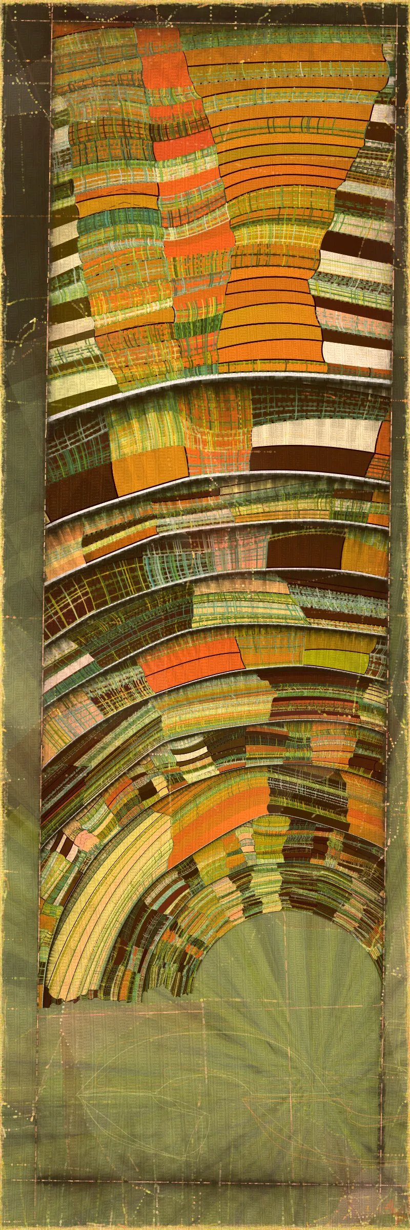 # Covehithe: An algorithmic study of ancestral landscape #

**Cove:** *a small sheltered bay; a concave arch*

**Hithe:** *a small port, harbor or haven especially on a river*
# . #

[

Covehithe is an expression of my deep connection to a remote stretch of coastline near my hometown in England. Rather than setting out to create literal landscape scenes I wanted to find a new authentically algorithmic interpretation of the landscape. This means using certain rudiments of landscape art as primitives in a process that is true to generative art making. Covehithe is my most evolved work to-date in terms of combining multiple texture algorithms in an attempt to create surfaces that look like they have been abraded and discolored by the churning of the sea. Another key goal of this work is to capture the sense of nostalgia, mystery and ambiance I associate with Covehithe. This expressly emotive concern I feel has not been explored so much within generative art.

Many of my ancestors stretching back at least five generations were seafarers from this small area of coastal Suffolk. Having spent countless hours walking along this coast, the dark tumultuous sea, the inclement weather, the primordial spectacle of rapidly eroding cliffs and shifting shingle banks, are deeply imprinted into my artistic vision. Spending time at Covehithe often fills me with a complex tapestry of emotions that somehow meld with the spirit of the land. I feel good art has the power to convey a paradox of thought and feeling. My hope with this series is to simultaneously make art that looks familiar and at the same time fresh and with a very specific blend of belonging and awe; melancholy and rejuvenation; comfort and exposure.

]

# . #
**Algorithmic distress vs skeuomorphism**

*The greatest art is the most convincing lie*— Pablo Picasso

[

Creating surfaces that look worn and discolored might be seen as skeuomorphic, however I feel there is an honesty to this type of treatment because objects in real life are also typically aged in an algorithmic way. Usually through a repetition of partially constrained movements and patterns of specific interactions. The intrinsic visual properties we find comforting and fascinating in antique surfaces can be created in generative art in a very direct and authentic way. When I remove these layers of textural distress the underlying work is often somewhat unapproachable and cold. I feel the compositional flow is also softened and unified by the addition of algorithmic distress. Transitions are easier to visually digest and the overall visual variety and interest of the surface is increased. Perhaps what’s more important is there is a sense in which the art has settled into the physical world and has had interactions with it. Of course this is a lie but every story we tell in art is a lie. When creating the distress marks I am careful to leave the simple circle and line primitive building blocks at a scale that makes it easy to see on close examination how the art is constructed. This reveals the truth about the lie and creates visual tension between the illusionistic and abstracted mark making. Painters have intentionally played with the tension between the ‘image’ and the reality of the marks and surface for centuries.

]

# . #
**An ancestral connection to land**

[

I’m fascinated by the idea of art capturing the ancestral memory of a place and transferring a deep sense of belonging and familiarity to an audience that may not have a direct experience of that land themselves. I personally feel this with some art and music that comes from Scandinavian countries. Somehow it feels like I know the atmosphere of that place and it resonates with my own nostalgia for my home in the UK, although I’ve never been to any Nordic countries.

The key concern for me with this project is capturing the melancholy and sober mood I associate with this place. It’s not that the sun never shines in Covehithe although it can seem like it sometimes. For me I’ve always been drawn to pathos and melancholy in art and music. Somehow I feel more able to access sadness through art in a way that feels whole and healing.

Whilst trying to articulate the ‘mood’ of this series I came up with the working title ‘hidden box landscapes’. The mental picture I have is of discovering an antique wooden box in an attic containing some precious personal effects from an ancestor. I wanted the outputs to have the feeling of old crinkled photos or drawings of landscapes that had been stored in such a secret box as a personal memento of a special place. Like an artifact of a deep emotional connection to the land and environmental characteristics.

]

# . #
**Forms and colors in Covehithe**

[

In the outputs I wanted to include a non-literal equivalent to footprints in the landscape. A trace of our passing through the landscape. I wanted this trace to look and feel light and delicate compared to the main mass of the landscape form. I settled on these sketched chains of arcs that look like they could be unfinished or temporary, but activate the negative space at the boundaries of the compositions. I didn’t want these marks to be on the landscape itself as the contrast of these two primitives would be lost. I loved how insignificant these marks look compared to the weight of the land. In abstracting them from the landscape I also wanted to give the impression these footsteps told a story about a journey or path in a vast space.

There is an intentional visual reference to quilting in these landscapes. The land itself is quilted. For me there is something very comforting and connected to a sense of home evoked by the image of a quilt. Strangely I feel I have inherited this just in the last 10 years since I’ve been living in the US. Quilting is a strong part of my wife’s family tradition and I wonder if I have absorbed an affinity for it through osmosis from my wife and her family. Quilting to my knowledge is not a significant tradition in native Suffolk. It strikes me that the cultural lexicon of motifs and visual references in art are key to making contact with our emotional core as humans. Art is never made or experienced in a vacuum, finding ways to weave persisting visual motifs, from our collective past, into my art making is one way I try to make my generative art more approachable and relatable. Doing this in a way that is not overtly literal — deriving forms and mark making that is familiar and yet not literal is a fascinating challenge for me.

Using generative color algorithms has become a default part of my generative practice. Although I use a very limited color space, I’m very happy with the color expression in this project. The primary forms are not partially transparent unlike in the background elements in both Velum and Fontana. Instead I build layers of color using the grid markings and spindrift spots that overlay the quilt patches. Combined with the algorithmic distress and patches of color modulation the totality of color is continuously shifting. Ultimately I feel color, texture and form are one and abstracting one from the others can give us a false idea of how the whole will work.

]

# . #
**Generative art as a medium to explore emotion**

*My work is about the great human emotions* — Mark Rothko

[

My personal goal as an artist is to find ways to explore the deep human emotions. On the face of it exploring emotion using code, math and geometry may seem counterintuitive at best if not plain impossible. In my mind it is the unobvious path that makes it have so much potential to produce something truly original. In another sense it doesn’t seem to me to be perverse at all. Having worked in this way for over a decade it actually feels just as direct as painting and drawing to me. Picture making regardless of the medium always requires problem solving, methodical application, a clear mind and full heart. The true superpower of the visual artist is to be able to look with a completely open heart and make a response to what is being revealed right in front of them. If the response is channeled through a paint brush or code function I see no fundamental difference. For me generative art is just a medium that can be worked with in the same direct way any medium can be explored. I ultimately feel a medium is just a means for the artist to explore and realize their own inner world.

There is a text in Tibetan Buddhism called ‘The genuine heart of sadness’. The sadness the text points to is born out of a deep unconditional compassion for all life, and is not a personal sadness of feeling sorry for oneself. I believe one of the great gifts of art and music is that it can help us access emotions that are much vaster than those born out of our own narrow self interest. Not that there’s anything wrong with this, the arts just can help us find a bigger space in our own emotional landscape. This is the ultimate hope with any art I make. With Covehithe, the emotion I wanted to characterize was a sorrow and longing that for me feels deeply rooted in the landscape of coastal Suffolk and maybe my ancestry. Perhaps hard for me to put into words which is why I make art.

]