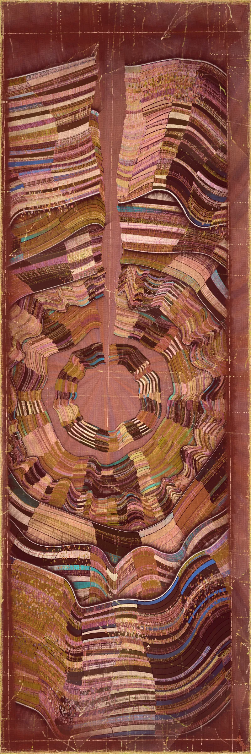 # Covehithe: An algorithmic study of ancestral landscape #

**Cove:** *a small sheltered bay; a concave arch*

**Hithe:** *a small port, harbor or haven especially on a river*
# . #

[

Covehithe is an expression of my deep connection to a remote stretch of coastline near my hometown in England. Rather than setting out to create literal landscape scenes I wanted to find a new authentically algorithmic interpretation of the landscape. This means using certain rudiments of landscape art as primitives in a process that is true to generative art making. Covehithe is my most evolved work to-date in terms of combining multiple texture algorithms in an attempt to create surfaces that look like they have been abraded and discolored by the churning of the sea. Another key goal of this work is to capture the sense of nostalgia, mystery and ambiance I associate with Covehithe. This expressly emotive concern I feel has not been explored so much within generative art.

Many of my ancestors stretching back at least five generations were seafarers from this small area of coastal Suffolk. Having spent countless hours walking along this coast, the dark tumultuous sea, the inclement weather, the primordial spectacle of rapidly eroding cliffs and shifting shingle banks, are deeply imprinted into my artistic vision. Spending time at Covehithe often fills me with a complex tapestry of emotions that somehow meld with the spirit of the land. I feel good art has the power to convey a paradox of thought and feeling. My hope with this series is to simultaneously make art that looks familiar and at the same time fresh and with a very specific blend of belonging and awe; melancholy and rejuvenation; comfort and exposure.

]

# . #
**Algorithmic distress vs skeuomorphism**

*The greatest art is the most convincing lie*— Pablo Picasso

[

Creating surfaces that look worn and discolored might be seen as skeuomorphic, however I feel there is an honesty to this type of treatment because objects in real life are also typically aged in an algorithmic way. Usually through a repetition of partially constrained movements and patterns of specific interactions. The intrinsic visual properties we find comforting and fascinating in antique surfaces can be created in generative art in a very direct and authentic way. When I remove these layers of textural distress the underlying work is often somewhat unapproachable and cold. I feel the compositional flow is also softened and unified by the addition of algorithmic distress. Transitions are easier to visually digest and the overall visual variety and interest of the surface is increased. Perhaps what’s more important is there is a sense in which the art has settled into the physical world and has had interactions with it. Of course this is a lie but every story we tell in art is a lie. When creating the distress marks I am careful to leave the simple circle and line primitive building blocks at a scale that makes it easy to see on close examination how the art is constructed. This reveals the truth about the lie and creates visual tension between the illusionistic and abstracted mark making. Painters have intentionally played with the tension between the ‘image’ and the reality of the marks and surface for centuries.

]

# . #
**An ancestral connection to land**

[

I’m fascinated by the idea of art capturing the ancestral memory of a place and transferring a deep sense of belonging and familiarity to an audience that may not have a direct experience of that land themselves. I personally feel this with some art and music that comes from Scandinavian countries. Somehow it feels like I know the atmosphere of that place and it resonates with my own nostalgia for my home in the UK, although I’ve never been to any Nordic countries.

The key concern for me with this project is capturing the melancholy and sober mood I associate with this place. It’s not that the sun never shines in Covehithe although it can seem like it sometimes. For me I’ve always been drawn to pathos and melancholy in art and music. Somehow I feel more able to access sadness through art in a way that feels whole and healing.

Whilst trying to articulate the ‘mood’ of this series I came up with the working title ‘hidden box landscapes’. The mental picture I have is of discovering an antique wooden box in an attic containing some precious personal effects from an ancestor. I wanted the outputs to have the feeling of old crinkled photos or drawings of landscapes that had been stored in such a secret box as a personal memento of a special place. Like an artifact of a deep emotional connection to the land and environmental characteristics.

]

# . #
**Forms and colors in Covehithe**

[

In the outputs I wanted to include a non-literal equivalent to footprints in the landscape. A trace of our passing through the landscape. I wanted this trace to look and feel light and delicate compared to the main mass of the landscape form. I settled on these sketched chains of arcs that look like they could be unfinished or temporary, but activate the negative space at the boundaries of the compositions. I didn’t want these marks to be on the landscape itself as the contrast of these two primitives would be lost. I loved how insignificant these marks look compared to the weight of the land. In abstracting them from the landscape I also wanted to give the impression these footsteps told a story about a journey or path in a vast space.

There is an intentional visual reference to quilting in these landscapes. The land itself is quilted. For me there is something very comforting and connected to a sense of home evoked by the image of a quilt. Strangely I feel I have inherited this just in the last 10 years since I’ve been living in the US. Quilting is a strong part of my wife’s family tradition and I wonder if I have absorbed an affinity for it through osmosis from my wife and her family. Quilting to my knowledge is not a significant tradition in native Suffolk. It strikes me that the cultural lexicon of motifs and visual references in art are key to making contact with our emotional core as humans. Art is never made or experienced in a vacuum, finding ways to weave persisting visual motifs, from our collective past, into my art making is one way I try to make my generative art more approachable and relatable. Doing this in a way that is not overtly literal — deriving forms and mark making that is familiar and yet not literal is a fascinating challenge for me.

Using generative color algorithms has become a default part of my generative practice. Although I use a very limited color space, I’m very happy with the color expression in this project. The primary forms are not partially transparent unlike in the background elements in both Velum and Fontana. Instead I build layers of color using the grid markings and spindrift spots that overlay the quilt patches. Combined with the algorithmic distress and patches of color modulation the totality of color is continuously shifting. Ultimately I feel color, texture and form are one and abstracting one from the others can give us a false idea of how the whole will work.

]

# . #
**Generative art as a medium to explore emotion**

*My work is about the great human emotions* — Mark Rothko

[

My personal goal as an artist is to find ways to explore the deep human emotions. On the face of it exploring emotion using code, math and geometry may seem counterintuitive at best if not plain impossible. In my mind it is the unobvious path that makes it have so much potential to produce something truly original. In another sense it doesn’t seem to me to be perverse at all. Having worked in this way for over a decade it actually feels just as direct as painting and drawing to me. Picture making regardless of the medium always requires problem solving, methodical application, a clear mind and full heart. The true superpower of the visual artist is to be able to look with a completely open heart and make a response to what is being revealed right in front of them. If the response is channeled through a paint brush or code function I see no fundamental difference. For me generative art is just a medium that can be worked with in the same direct way any medium can be explored. I ultimately feel a medium is just a means for the artist to explore and realize their own inner world.

There is a text in Tibetan Buddhism called ‘The genuine heart of sadness’. The sadness the text points to is born out of a deep unconditional compassion for all life, and is not a personal sadness of feeling sorry for oneself. I believe one of the great gifts of art and music is that it can help us access emotions that are much vaster than those born out of our own narrow self interest. Not that there’s anything wrong with this, the arts just can help us find a bigger space in our own emotional landscape. This is the ultimate hope with any art I make. With Covehithe, the emotion I wanted to characterize was a sorrow and longing that for me feels deeply rooted in the landscape of coastal Suffolk and maybe my ancestry. Perhaps hard for me to put into words which is why I make art.

]