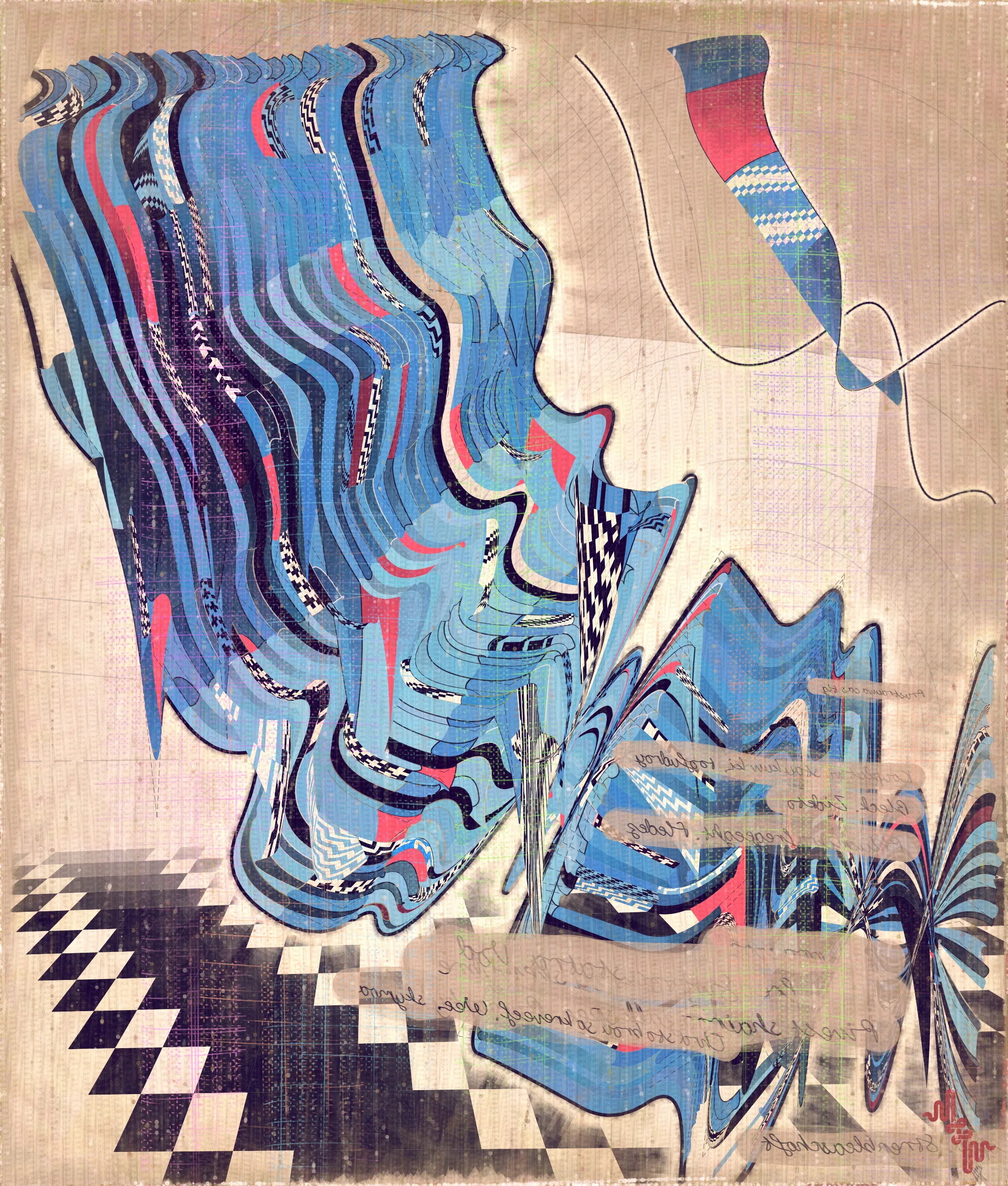 # Algorithmic Expressionism and the Landscape of Madness #
# . #
## Landscape Inversion ##
This project began with a whimsical idea: to invert the convention of landscape painting on canvas—one of the most ubiquitous motifs in art history. Instead of painting a scene or vista onto the canvas, I imagined an algorithmic domain shaped by the flowing material properties of the canvas itself. 
# . #
## Mark Making and the Digital Surface ##
Bold gestural markings within this algorithm also evolved into a way of defining scale and movement in the landscape. They serve as a bridge between the illusion of receding depth and the true flatness of the digital surface. For centuries, bold brushstrokes—evidence of the painterly act—have created intentional tension between illusionism and the physical reality of the canvas. The gestural marks in this series, although complex and layered, are still clearly derived from rudimentary vector-based primitives. Preserving the evidence of a digitally native process is my reinterpretation of this same artifact found in representational painting.
# . #
## Gesture and Abstraction ##
Algorithmic mark making reminiscent of human gesture is not really abstract. They are more representational of artifacts created by the human skeleton in the creative act. Through this association gesture seems to have a direct expressive path to our deep human emotions. When gestures become incoherent and turbulent, something in us feels this as a kind of violence. Although Amplitudes of Canvas started life as gently flowing landscape-esk forms, the use of gesture became stronger and the spectrum of movement and expressive power of the work ramped up considerably. The addition of the floor plane reminded me of Victorian hospital rooms. In some of these works emerged the traces of an asylum, a container for the more extreme gestural madness appearing at the out edges of the algorithm's expressive space.
# . #
## The Infinite Sketchbook of a Mad Person ##
Outputs are like sketches in the sense they are only glimpses into the totality of the algorithm. They are never fully crystalized. They are like the outflow of a mad person because the insane often get caught in loops, obsessing over the same patterns. Through their interaction with the world, the patterns get expressed in varied ways, each time new, but recognizable as belonging to the same behavior. The mad person compared to the average person thus has a limited range of functionality and adaptability. The algo can only explore a tiny space of possibilities compared to say the space of all art. It is still an infinite space, but not all infinities are equal.
# . #
## Expressionism and Madness ##
It seems likely that expressionism has been linked to madness in the past, both academically and by the casual observer. De Kooning’s Woman paintings have a ferocious presence and are wonderfully disturbing. Alcoholic, bad tempered Pollock expresses a destabilizing frenetic power. Rothko, who was the counter type in the movement painted sacred meditative works, but killed himself. Rothko was on record as saying he wanted to paint the deep human emotions. This has always been my hope. I feel I consistently fail, but make tiny steps towards that goal. It is not at all obvious how to progress when working in the domain of abstract art. I do feel however, that when literal representation in Art is set aside there is a more direct path to the human heart for those artists who achieve it.
# . #
## Text as Texture ##
The cursive writing in these works are entirely algorithmic. There is no meaning, other than the meta meaning of something that looks like Pseudo notation. In the course of building the project I tried numerous ways to introduce the texture of writing into the work without finding a way that satisfied me. Text adds a textural depth to the work that’s hard to create in any other way. The writing also looks like the scribing of a mad person which seemed to tie in nicely with the emerging feeling of madness in some of the outputs. I call these bands of cursive texture - Notes from the Asylum.
# . #
## Algorithmic Process vs Skeuomorphism ##
Creating surfaces that look worn and discolored might be seen as skeuomorphic, however I feel there is an honesty to this type of treatment because objects in real life are also typically aged in an algorithmic way. Usually through a repetition of partially constrained movements and patterns of specific interactions. The intrinsic visual properties we find comforting and fascinating in antique surfaces can be created in generative art in a very direct and authentic way. When I remove these layers of textural distress the underlying work is often somewhat unapproachable and cold. I feel the compositional flow is also softened and unified by the addition of algorithmic distress. Transitions are easier to visually digest and the overall visual variety and interest of the surface is increased. Perhaps what’s more important is there is a sense in which the art has settled into the physical world and has had interactions with it. Of course this is a lie but every story we tell in art is a lie. When creating the distress marks I am careful to leave the simple circle and line primitive building blocks at a scale that makes it easy to see on close examination how the art is constructed. This reveals the truth about the lie and creates visual tension between the illusionistic and abstracted mark making.
# . #
## Recursive Curation ##
Amplitudes of Canvas uses this new type of structure that enables me to evolve the algorithm over a long period of time without losing outstanding outputs from the previous versions. It's a little like the fx(hash) Open Form model, but only I am in control of what gets bred. All the breeding also happens prior to release within my studio. Every part of the algorithmic journey is contained in the single algorithm so I can put it fully on-chain and make it work within the very solid, but quite constrained Art Blocks infrastructure. Recursion refers to the fact I can use social WIP sharing to help steer new versions in the algorithm's evolution. If and when I share something that both captures my audience's attention and excites me I can capture the visual DNA of that output and use it as the basis to breed new children without losing previous outputs and version possibilities.

