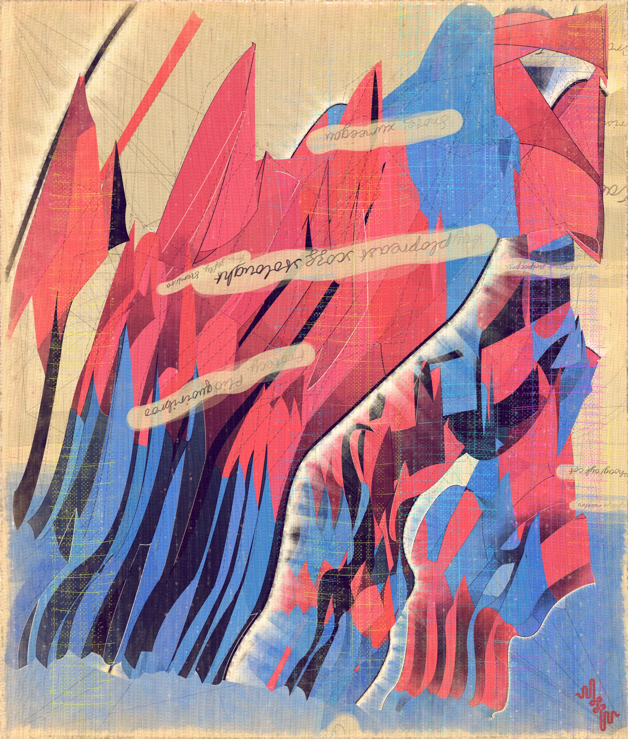 # Algorithmic Expressionism and the Landscape of Madness #
# . #
## Landscape Inversion ##
This project began with a whimsical idea: to invert the convention of landscape painting on canvas—one of the most ubiquitous motifs in art history. Instead of painting a scene or vista onto the canvas, I imagined an algorithmic domain shaped by the flowing material properties of the canvas itself. 
# . #
## Mark Making and the Digital Surface ##
Bold gestural markings within this algorithm also evolved into a way of defining scale and movement in the landscape. They serve as a bridge between the illusion of receding depth and the true flatness of the digital surface. For centuries, bold brushstrokes—evidence of the painterly act—have created intentional tension between illusionism and the physical reality of the canvas. The gestural marks in this series, although complex and layered, are still clearly derived from rudimentary vector-based primitives. Preserving the evidence of a digitally native process is my reinterpretation of this same artifact found in representational painting.
# . #
## Gesture and Abstraction ##
Algorithmic mark making reminiscent of human gesture is not really abstract. They are more representational of artifacts created by the human skeleton in the creative act. Through this association gesture seems to have a direct expressive path to our deep human emotions. When gestures become incoherent and turbulent, something in us feels this as a kind of violence. Although Amplitudes of Canvas started life as gently flowing landscape-esk forms, the use of gesture became stronger and the spectrum of movement and expressive power of the work ramped up considerably. The addition of the floor plane reminded me of Victorian hospital rooms. In some of these works emerged the traces of an asylum, a container for the more extreme gestural madness appearing at the out edges of the algorithm's expressive space.
# . #
## The Infinite Sketchbook of a Mad Person ##
Outputs are like sketches in the sense they are only glimpses into the totality of the algorithm. They are never fully crystalized. They are like the outflow of a mad person because the insane often get caught in loops, obsessing over the same patterns. Through their interaction with the world, the patterns get expressed in varied ways, each time new, but recognizable as belonging to the same behavior. The mad person compared to the average person thus has a limited range of functionality and adaptability. The algo can only explore a tiny space of possibilities compared to say the space of all art. It is still an infinite space, but not all infinities are equal.
# . #
## Expressionism and Madness ##
It seems likely that expressionism has been linked to madness in the past, both academically and by the casual observer. De Kooning’s Woman paintings have a ferocious presence and are wonderfully disturbing. Alcoholic, bad tempered Pollock expresses a destabilizing frenetic power. Rothko, who was the counter type in the movement painted sacred meditative works, but killed himself. Rothko was on record as saying he wanted to paint the deep human emotions. This has always been my hope. I feel I consistently fail, but make tiny steps towards that goal. It is not at all obvious how to progress when working in the domain of abstract art. I do feel however, that when literal representation in Art is set aside there is a more direct path to the human heart for those artists who achieve it.
# . #
## Text as Texture ##
The cursive writing in these works are entirely algorithmic. There is no meaning, other than the meta meaning of something that looks like Pseudo notation. In the course of building the project I tried numerous ways to introduce the texture of writing into the work without finding a way that satisfied me. Text adds a textural depth to the work that’s hard to create in any other way. The writing also looks like the scribing of a mad person which seemed to tie in nicely with the emerging feeling of madness in some of the outputs. I call these bands of cursive texture - Notes from the Asylum.
# . #
## Algorithmic Process vs Skeuomorphism ##
Creating surfaces that look worn and discolored might be seen as skeuomorphic, however I feel there is an honesty to this type of treatment because objects in real life are also typically aged in an algorithmic way. Usually through a repetition of partially constrained movements and patterns of specific interactions. The intrinsic visual properties we find comforting and fascinating in antique surfaces can be created in generative art in a very direct and authentic way. When I remove these layers of textural distress the underlying work is often somewhat unapproachable and cold. I feel the compositional flow is also softened and unified by the addition of algorithmic distress. Transitions are easier to visually digest and the overall visual variety and interest of the surface is increased. Perhaps what’s more important is there is a sense in which the art has settled into the physical world and has had interactions with it. Of course this is a lie but every story we tell in art is a lie. When creating the distress marks I am careful to leave the simple circle and line primitive building blocks at a scale that makes it easy to see on close examination how the art is constructed. This reveals the truth about the lie and creates visual tension between the illusionistic and abstracted mark making.
# . #
## Recursive Curation ##
Amplitudes of Canvas uses this new type of structure that enables me to evolve the algorithm over a long period of time without losing outstanding outputs from the previous versions. It's a little like the fx(hash) Open Form model, but only I am in control of what gets bred. All the breeding also happens prior to release within my studio. Every part of the algorithmic journey is contained in the single algorithm so I can put it fully on-chain and make it work within the very solid, but quite constrained Art Blocks infrastructure. Recursion refers to the fact I can use social WIP sharing to help steer new versions in the algorithm's evolution. If and when I share something that both captures my audience's attention and excites me I can capture the visual DNA of that output and use it as the basis to breed new children without losing previous outputs and version possibilities.
