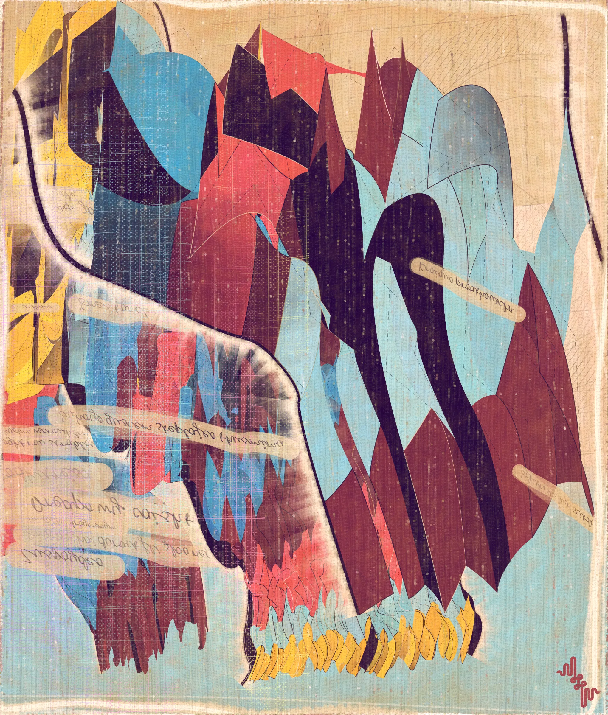 # Algorithmic Expressionism and the Landscape of Madness #
# . #
## Landscape Inversion ##
This project began with a whimsical idea: to invert the convention of landscape painting on canvas—one of the most ubiquitous motifs in art history. Instead of painting a scene or vista onto the canvas, I imagined an algorithmic domain shaped by the flowing material properties of the canvas itself. 
# . #
## Mark Making and the Digital Surface ##
Bold gestural markings within this algorithm also evolved into a way of defining scale and movement in the landscape. They serve as a bridge between the illusion of receding depth and the true flatness of the digital surface. For centuries, bold brushstrokes—evidence of the painterly act—have created intentional tension between illusionism and the physical reality of the canvas. The gestural marks in this series, although complex and layered, are still clearly derived from rudimentary vector-based primitives. Preserving the evidence of a digitally native process is my reinterpretation of this same artifact found in representational painting.
# . #
## Gesture and Abstraction ##
Algorithmic mark making reminiscent of human gesture is not really abstract. They are more representational of artifacts created by the human skeleton in the creative act. Through this association gesture seems to have a direct expressive path to our deep human emotions. When gestures become incoherent and turbulent, something in us feels this as a kind of violence. Although Amplitudes of Canvas started life as gently flowing landscape-esk forms, the use of gesture became stronger and the spectrum of movement and expressive power of the work ramped up considerably. The addition of the floor plane reminded me of Victorian hospital rooms. In some of these works emerged the traces of an asylum, a container for the more extreme gestural madness appearing at the out edges of the algorithm's expressive space.
# . #
## The Infinite Sketchbook of a Mad Person ##
Outputs are like sketches in the sense they are only glimpses into the totality of the algorithm. They are never fully crystalized. They are like the outflow of a mad person because the insane often get caught in loops, obsessing over the same patterns. Through their interaction with the world, the patterns get expressed in varied ways, each time new, but recognizable as belonging to the same behavior. The mad person compared to the average person thus has a limited range of functionality and adaptability. The algo can only explore a tiny space of possibilities compared to say the space of all art. It is still an infinite space, but not all infinities are equal.
# . #
## Expressionism and Madness ##
It seems likely that expressionism has been linked to madness in the past, both academically and by the casual observer. De Kooning’s Woman paintings have a ferocious presence and are wonderfully disturbing. Alcoholic, bad tempered Pollock expresses a destabilizing frenetic power. Rothko, who was the counter type in the movement painted sacred meditative works, but killed himself. Rothko was on record as saying he wanted to paint the deep human emotions. This has always been my hope. I feel I consistently fail, but make tiny steps towards that goal. It is not at all obvious how to progress when working in the domain of abstract art. I do feel however, that when literal representation in Art is set aside there is a more direct path to the human heart for those artists who achieve it.
# . #
## Text as Texture ##
The cursive writing in these works are entirely algorithmic. There is no meaning, other than the meta meaning of something that looks like Pseudo notation. In the course of building the project I tried numerous ways to introduce the texture of writing into the work without finding a way that satisfied me. Text adds a textural depth to the work that’s hard to create in any other way. The writing also looks like the scribing of a mad person which seemed to tie in nicely with the emerging feeling of madness in some of the outputs. I call these bands of cursive texture - Notes from the Asylum.
# . #
## Algorithmic Process vs Skeuomorphism ##
Creating surfaces that look worn and discolored might be seen as skeuomorphic, however I feel there is an honesty to this type of treatment because objects in real life are also typically aged in an algorithmic way. Usually through a repetition of partially constrained movements and patterns of specific interactions. The intrinsic visual properties we find comforting and fascinating in antique surfaces can be created in generative art in a very direct and authentic way. When I remove these layers of textural distress the underlying work is often somewhat unapproachable and cold. I feel the compositional flow is also softened and unified by the addition of algorithmic distress. Transitions are easier to visually digest and the overall visual variety and interest of the surface is increased. Perhaps what’s more important is there is a sense in which the art has settled into the physical world and has had interactions with it. Of course this is a lie but every story we tell in art is a lie. When creating the distress marks I am careful to leave the simple circle and line primitive building blocks at a scale that makes it easy to see on close examination how the art is constructed. This reveals the truth about the lie and creates visual tension between the illusionistic and abstracted mark making.
# . #
## Recursive Curation ##
Amplitudes of Canvas uses this new type of structure that enables me to evolve the algorithm over a long period of time without losing outstanding outputs from the previous versions. It's a little like the fx(hash) Open Form model, but only I am in control of what gets bred. All the breeding also happens prior to release within my studio. Every part of the algorithmic journey is contained in the single algorithm so I can put it fully on-chain and make it work within the very solid, but quite constrained Art Blocks infrastructure. Recursion refers to the fact I can use social WIP sharing to help steer new versions in the algorithm's evolution. If and when I share something that both captures my audience's attention and excites me I can capture the visual DNA of that output and use it as the basis to breed new children without losing previous outputs and version possibilities.
