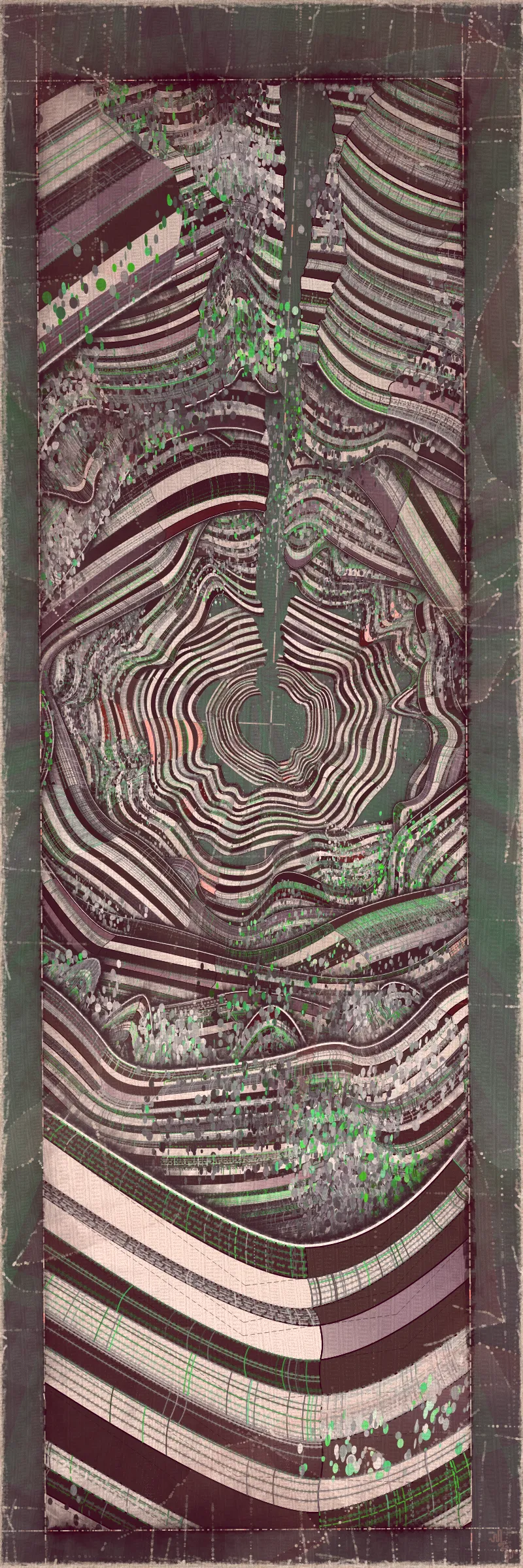 # Covehithe: An algorithmic study of ancestral landscape #

**Cove:** *a small sheltered bay; a concave arch*

**Hithe:** *a small port, harbor or haven especially on a river*
# . #

[

Covehithe is an expression of my deep connection to a remote stretch of coastline near my hometown in England. Rather than setting out to create literal landscape scenes I wanted to find a new authentically algorithmic interpretation of the landscape. This means using certain rudiments of landscape art as primitives in a process that is true to generative art making. Covehithe is my most evolved work to-date in terms of combining multiple texture algorithms in an attempt to create surfaces that look like they have been abraded and discolored by the churning of the sea. Another key goal of this work is to capture the sense of nostalgia, mystery and ambiance I associate with Covehithe. This expressly emotive concern I feel has not been explored so much within generative art.

Many of my ancestors stretching back at least five generations were seafarers from this small area of coastal Suffolk. Having spent countless hours walking along this coast, the dark tumultuous sea, the inclement weather, the primordial spectacle of rapidly eroding cliffs and shifting shingle banks, are deeply imprinted into my artistic vision. Spending time at Covehithe often fills me with a complex tapestry of emotions that somehow meld with the spirit of the land. I feel good art has the power to convey a paradox of thought and feeling. My hope with this series is to simultaneously make art that looks familiar and at the same time fresh and with a very specific blend of belonging and awe; melancholy and rejuvenation; comfort and exposure.

]

# . #
**Algorithmic distress vs skeuomorphism**

*The greatest art is the most convincing lie*— Pablo Picasso

[

Creating surfaces that look worn and discolored might be seen as skeuomorphic, however I feel there is an honesty to this type of treatment because objects in real life are also typically aged in an algorithmic way. Usually through a repetition of partially constrained movements and patterns of specific interactions. The intrinsic visual properties we find comforting and fascinating in antique surfaces can be created in generative art in a very direct and authentic way. When I remove these layers of textural distress the underlying work is often somewhat unapproachable and cold. I feel the compositional flow is also softened and unified by the addition of algorithmic distress. Transitions are easier to visually digest and the overall visual variety and interest of the surface is increased. Perhaps what’s more important is there is a sense in which the art has settled into the physical world and has had interactions with it. Of course this is a lie but every story we tell in art is a lie. When creating the distress marks I am careful to leave the simple circle and line primitive building blocks at a scale that makes it easy to see on close examination how the art is constructed. This reveals the truth about the lie and creates visual tension between the illusionistic and abstracted mark making. Painters have intentionally played with the tension between the ‘image’ and the reality of the marks and surface for centuries.

]

# . #
**An ancestral connection to land**

[

I’m fascinated by the idea of art capturing the ancestral memory of a place and transferring a deep sense of belonging and familiarity to an audience that may not have a direct experience of that land themselves. I personally feel this with some art and music that comes from Scandinavian countries. Somehow it feels like I know the atmosphere of that place and it resonates with my own nostalgia for my home in the UK, although I’ve never been to any Nordic countries.

The key concern for me with this project is capturing the melancholy and sober mood I associate with this place. It’s not that the sun never shines in Covehithe although it can seem like it sometimes. For me I’ve always been drawn to pathos and melancholy in art and music. Somehow I feel more able to access sadness through art in a way that feels whole and healing.

Whilst trying to articulate the ‘mood’ of this series I came up with the working title ‘hidden box landscapes’. The mental picture I have is of discovering an antique wooden box in an attic containing some precious personal effects from an ancestor. I wanted the outputs to have the feeling of old crinkled photos or drawings of landscapes that had been stored in such a secret box as a personal memento of a special place. Like an artifact of a deep emotional connection to the land and environmental characteristics.

]

# . #
**Forms and colors in Covehithe**

[

In the outputs I wanted to include a non-literal equivalent to footprints in the landscape. A trace of our passing through the landscape. I wanted this trace to look and feel light and delicate compared to the main mass of the landscape form. I settled on these sketched chains of arcs that look like they could be unfinished or temporary, but activate the negative space at the boundaries of the compositions. I didn’t want these marks to be on the landscape itself as the contrast of these two primitives would be lost. I loved how insignificant these marks look compared to the weight of the land. In abstracting them from the landscape I also wanted to give the impression these footsteps told a story about a journey or path in a vast space.

There is an intentional visual reference to quilting in these landscapes. The land itself is quilted. For me there is something very comforting and connected to a sense of home evoked by the image of a quilt. Strangely I feel I have inherited this just in the last 10 years since I’ve been living in the US. Quilting is a strong part of my wife’s family tradition and I wonder if I have absorbed an affinity for it through osmosis from my wife and her family. Quilting to my knowledge is not a significant tradition in native Suffolk. It strikes me that the cultural lexicon of motifs and visual references in art are key to making contact with our emotional core as humans. Art is never made or experienced in a vacuum, finding ways to weave persisting visual motifs, from our collective past, into my art making is one way I try to make my generative art more approachable and relatable. Doing this in a way that is not overtly literal — deriving forms and mark making that is familiar and yet not literal is a fascinating challenge for me.

Using generative color algorithms has become a default part of my generative practice. Although I use a very limited color space, I’m very happy with the color expression in this project. The primary forms are not partially transparent unlike in the background elements in both Velum and Fontana. Instead I build layers of color using the grid markings and spindrift spots that overlay the quilt patches. Combined with the algorithmic distress and patches of color modulation the totality of color is continuously shifting. Ultimately I feel color, texture and form are one and abstracting one from the others can give us a false idea of how the whole will work.

]

# . #
**Generative art as a medium to explore emotion**

*My work is about the great human emotions* — Mark Rothko

[

My personal goal as an artist is to find ways to explore the deep human emotions. On the face of it exploring emotion using code, math and geometry may seem counterintuitive at best if not plain impossible. In my mind it is the unobvious path that makes it have so much potential to produce something truly original. In another sense it doesn’t seem to me to be perverse at all. Having worked in this way for over a decade it actually feels just as direct as painting and drawing to me. Picture making regardless of the medium always requires problem solving, methodical application, a clear mind and full heart. The true superpower of the visual artist is to be able to look with a completely open heart and make a response to what is being revealed right in front of them. If the response is channeled through a paint brush or code function I see no fundamental difference. For me generative art is just a medium that can be worked with in the same direct way any medium can be explored. I ultimately feel a medium is just a means for the artist to explore and realize their own inner world.

There is a text in Tibetan Buddhism called ‘The genuine heart of sadness’. The sadness the text points to is born out of a deep unconditional compassion for all life, and is not a personal sadness of feeling sorry for oneself. I believe one of the great gifts of art and music is that it can help us access emotions that are much vaster than those born out of our own narrow self interest. Not that there’s anything wrong with this, the arts just can help us find a bigger space in our own emotional landscape. This is the ultimate hope with any art I make. With Covehithe, the emotion I wanted to characterize was a sorrow and longing that for me feels deeply rooted in the landscape of coastal Suffolk and maybe my ancestry. Perhaps hard for me to put into words which is why I make art.

]