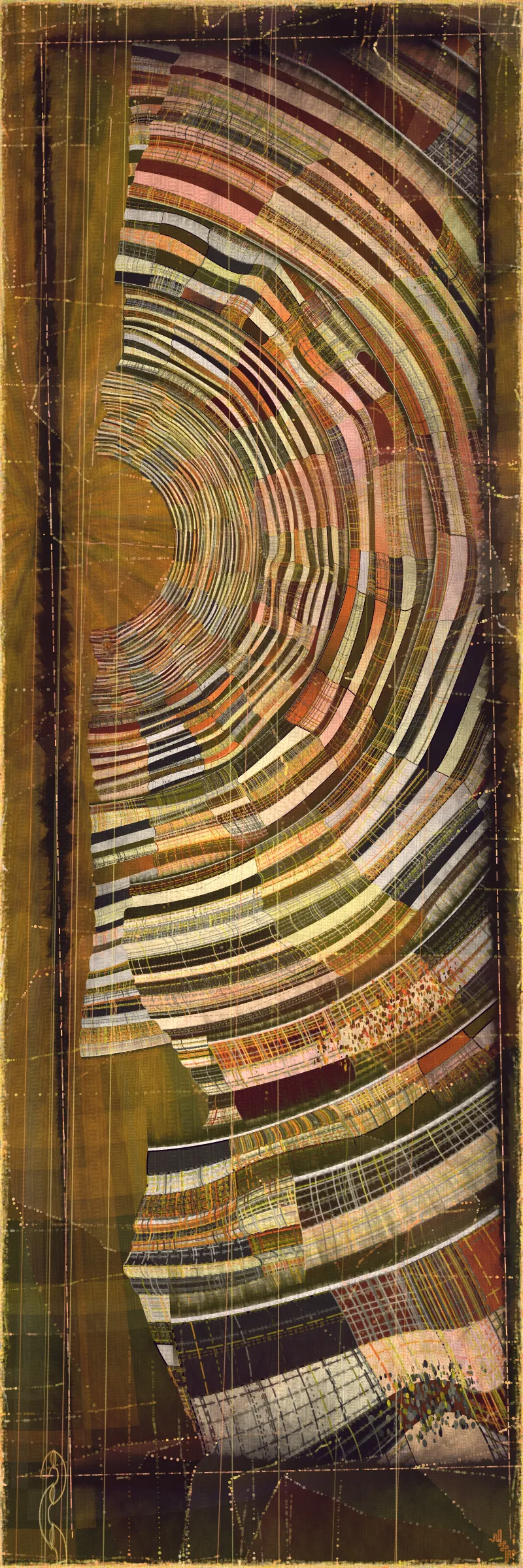 # Covehithe: An algorithmic study of ancestral landscape #

**Cove:** *a small sheltered bay; a concave arch*

**Hithe:** *a small port, harbor or haven especially on a river*
# . #

[

Covehithe is an expression of my deep connection to a remote stretch of coastline near my hometown in England. Rather than setting out to create literal landscape scenes I wanted to find a new authentically algorithmic interpretation of the landscape. This means using certain rudiments of landscape art as primitives in a process that is true to generative art making. Covehithe is my most evolved work to-date in terms of combining multiple texture algorithms in an attempt to create surfaces that look like they have been abraded and discolored by the churning of the sea. Another key goal of this work is to capture the sense of nostalgia, mystery and ambiance I associate with Covehithe. This expressly emotive concern I feel has not been explored so much within generative art.

Many of my ancestors stretching back at least five generations were seafarers from this small area of coastal Suffolk. Having spent countless hours walking along this coast, the dark tumultuous sea, the inclement weather, the primordial spectacle of rapidly eroding cliffs and shifting shingle banks, are deeply imprinted into my artistic vision. Spending time at Covehithe often fills me with a complex tapestry of emotions that somehow meld with the spirit of the land. I feel good art has the power to convey a paradox of thought and feeling. My hope with this series is to simultaneously make art that looks familiar and at the same time fresh and with a very specific blend of belonging and awe; melancholy and rejuvenation; comfort and exposure.

]

# . #
**Algorithmic distress vs skeuomorphism**

*The greatest art is the most convincing lie*— Pablo Picasso

[

Creating surfaces that look worn and discolored might be seen as skeuomorphic, however I feel there is an honesty to this type of treatment because objects in real life are also typically aged in an algorithmic way. Usually through a repetition of partially constrained movements and patterns of specific interactions. The intrinsic visual properties we find comforting and fascinating in antique surfaces can be created in generative art in a very direct and authentic way. When I remove these layers of textural distress the underlying work is often somewhat unapproachable and cold. I feel the compositional flow is also softened and unified by the addition of algorithmic distress. Transitions are easier to visually digest and the overall visual variety and interest of the surface is increased. Perhaps what’s more important is there is a sense in which the art has settled into the physical world and has had interactions with it. Of course this is a lie but every story we tell in art is a lie. When creating the distress marks I am careful to leave the simple circle and line primitive building blocks at a scale that makes it easy to see on close examination how the art is constructed. This reveals the truth about the lie and creates visual tension between the illusionistic and abstracted mark making. Painters have intentionally played with the tension between the ‘image’ and the reality of the marks and surface for centuries.

]

# . #
**An ancestral connection to land**

[

I’m fascinated by the idea of art capturing the ancestral memory of a place and transferring a deep sense of belonging and familiarity to an audience that may not have a direct experience of that land themselves. I personally feel this with some art and music that comes from Scandinavian countries. Somehow it feels like I know the atmosphere of that place and it resonates with my own nostalgia for my home in the UK, although I’ve never been to any Nordic countries.

The key concern for me with this project is capturing the melancholy and sober mood I associate with this place. It’s not that the sun never shines in Covehithe although it can seem like it sometimes. For me I’ve always been drawn to pathos and melancholy in art and music. Somehow I feel more able to access sadness through art in a way that feels whole and healing.

Whilst trying to articulate the ‘mood’ of this series I came up with the working title ‘hidden box landscapes’. The mental picture I have is of discovering an antique wooden box in an attic containing some precious personal effects from an ancestor. I wanted the outputs to have the feeling of old crinkled photos or drawings of landscapes that had been stored in such a secret box as a personal memento of a special place. Like an artifact of a deep emotional connection to the land and environmental characteristics.

]

# . #
**Forms and colors in Covehithe**

[

In the outputs I wanted to include a non-literal equivalent to footprints in the landscape. A trace of our passing through the landscape. I wanted this trace to look and feel light and delicate compared to the main mass of the landscape form. I settled on these sketched chains of arcs that look like they could be unfinished or temporary, but activate the negative space at the boundaries of the compositions. I didn’t want these marks to be on the landscape itself as the contrast of these two primitives would be lost. I loved how insignificant these marks look compared to the weight of the land. In abstracting them from the landscape I also wanted to give the impression these footsteps told a story about a journey or path in a vast space.

There is an intentional visual reference to quilting in these landscapes. The land itself is quilted. For me there is something very comforting and connected to a sense of home evoked by the image of a quilt. Strangely I feel I have inherited this just in the last 10 years since I’ve been living in the US. Quilting is a strong part of my wife’s family tradition and I wonder if I have absorbed an affinity for it through osmosis from my wife and her family. Quilting to my knowledge is not a significant tradition in native Suffolk. It strikes me that the cultural lexicon of motifs and visual references in art are key to making contact with our emotional core as humans. Art is never made or experienced in a vacuum, finding ways to weave persisting visual motifs, from our collective past, into my art making is one way I try to make my generative art more approachable and relatable. Doing this in a way that is not overtly literal — deriving forms and mark making that is familiar and yet not literal is a fascinating challenge for me.

Using generative color algorithms has become a default part of my generative practice. Although I use a very limited color space, I’m very happy with the color expression in this project. The primary forms are not partially transparent unlike in the background elements in both Velum and Fontana. Instead I build layers of color using the grid markings and spindrift spots that overlay the quilt patches. Combined with the algorithmic distress and patches of color modulation the totality of color is continuously shifting. Ultimately I feel color, texture and form are one and abstracting one from the others can give us a false idea of how the whole will work.

]

# . #
**Generative art as a medium to explore emotion**

*My work is about the great human emotions* — Mark Rothko

[

My personal goal as an artist is to find ways to explore the deep human emotions. On the face of it exploring emotion using code, math and geometry may seem counterintuitive at best if not plain impossible. In my mind it is the unobvious path that makes it have so much potential to produce something truly original. In another sense it doesn’t seem to me to be perverse at all. Having worked in this way for over a decade it actually feels just as direct as painting and drawing to me. Picture making regardless of the medium always requires problem solving, methodical application, a clear mind and full heart. The true superpower of the visual artist is to be able to look with a completely open heart and make a response to what is being revealed right in front of them. If the response is channeled through a paint brush or code function I see no fundamental difference. For me generative art is just a medium that can be worked with in the same direct way any medium can be explored. I ultimately feel a medium is just a means for the artist to explore and realize their own inner world.

There is a text in Tibetan Buddhism called ‘The genuine heart of sadness’. The sadness the text points to is born out of a deep unconditional compassion for all life, and is not a personal sadness of feeling sorry for oneself. I believe one of the great gifts of art and music is that it can help us access emotions that are much vaster than those born out of our own narrow self interest. Not that there’s anything wrong with this, the arts just can help us find a bigger space in our own emotional landscape. This is the ultimate hope with any art I make. With Covehithe, the emotion I wanted to characterize was a sorrow and longing that for me feels deeply rooted in the landscape of coastal Suffolk and maybe my ancestry. Perhaps hard for me to put into words which is why I make art.

]