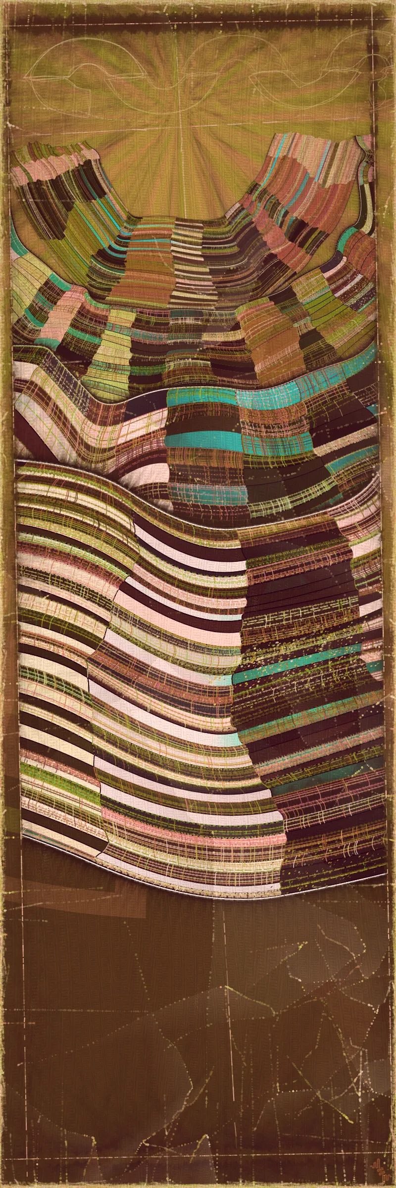 # Covehithe: An algorithmic study of ancestral landscape #

**Cove:** *a small sheltered bay; a concave arch*

**Hithe:** *a small port, harbor or haven especially on a river*
# . #

[

Covehithe is an expression of my deep connection to a remote stretch of coastline near my hometown in England. Rather than setting out to create literal landscape scenes I wanted to find a new authentically algorithmic interpretation of the landscape. This means using certain rudiments of landscape art as primitives in a process that is true to generative art making. Covehithe is my most evolved work to-date in terms of combining multiple texture algorithms in an attempt to create surfaces that look like they have been abraded and discolored by the churning of the sea. Another key goal of this work is to capture the sense of nostalgia, mystery and ambiance I associate with Covehithe. This expressly emotive concern I feel has not been explored so much within generative art.

Many of my ancestors stretching back at least five generations were seafarers from this small area of coastal Suffolk. Having spent countless hours walking along this coast, the dark tumultuous sea, the inclement weather, the primordial spectacle of rapidly eroding cliffs and shifting shingle banks, are deeply imprinted into my artistic vision. Spending time at Covehithe often fills me with a complex tapestry of emotions that somehow meld with the spirit of the land. I feel good art has the power to convey a paradox of thought and feeling. My hope with this series is to simultaneously make art that looks familiar and at the same time fresh and with a very specific blend of belonging and awe; melancholy and rejuvenation; comfort and exposure.

]

# . #
**Algorithmic distress vs skeuomorphism**

*The greatest art is the most convincing lie*— Pablo Picasso

[

Creating surfaces that look worn and discolored might be seen as skeuomorphic, however I feel there is an honesty to this type of treatment because objects in real life are also typically aged in an algorithmic way. Usually through a repetition of partially constrained movements and patterns of specific interactions. The intrinsic visual properties we find comforting and fascinating in antique surfaces can be created in generative art in a very direct and authentic way. When I remove these layers of textural distress the underlying work is often somewhat unapproachable and cold. I feel the compositional flow is also softened and unified by the addition of algorithmic distress. Transitions are easier to visually digest and the overall visual variety and interest of the surface is increased. Perhaps what’s more important is there is a sense in which the art has settled into the physical world and has had interactions with it. Of course this is a lie but every story we tell in art is a lie. When creating the distress marks I am careful to leave the simple circle and line primitive building blocks at a scale that makes it easy to see on close examination how the art is constructed. This reveals the truth about the lie and creates visual tension between the illusionistic and abstracted mark making. Painters have intentionally played with the tension between the ‘image’ and the reality of the marks and surface for centuries.

]

# . #
**An ancestral connection to land**

[

I’m fascinated by the idea of art capturing the ancestral memory of a place and transferring a deep sense of belonging and familiarity to an audience that may not have a direct experience of that land themselves. I personally feel this with some art and music that comes from Scandinavian countries. Somehow it feels like I know the atmosphere of that place and it resonates with my own nostalgia for my home in the UK, although I’ve never been to any Nordic countries.

The key concern for me with this project is capturing the melancholy and sober mood I associate with this place. It’s not that the sun never shines in Covehithe although it can seem like it sometimes. For me I’ve always been drawn to pathos and melancholy in art and music. Somehow I feel more able to access sadness through art in a way that feels whole and healing.

Whilst trying to articulate the ‘mood’ of this series I came up with the working title ‘hidden box landscapes’. The mental picture I have is of discovering an antique wooden box in an attic containing some precious personal effects from an ancestor. I wanted the outputs to have the feeling of old crinkled photos or drawings of landscapes that had been stored in such a secret box as a personal memento of a special place. Like an artifact of a deep emotional connection to the land and environmental characteristics.

]

# . #
**Forms and colors in Covehithe**

[

In the outputs I wanted to include a non-literal equivalent to footprints in the landscape. A trace of our passing through the landscape. I wanted this trace to look and feel light and delicate compared to the main mass of the landscape form. I settled on these sketched chains of arcs that look like they could be unfinished or temporary, but activate the negative space at the boundaries of the compositions. I didn’t want these marks to be on the landscape itself as the contrast of these two primitives would be lost. I loved how insignificant these marks look compared to the weight of the land. In abstracting them from the landscape I also wanted to give the impression these footsteps told a story about a journey or path in a vast space.

There is an intentional visual reference to quilting in these landscapes. The land itself is quilted. For me there is something very comforting and connected to a sense of home evoked by the image of a quilt. Strangely I feel I have inherited this just in the last 10 years since I’ve been living in the US. Quilting is a strong part of my wife’s family tradition and I wonder if I have absorbed an affinity for it through osmosis from my wife and her family. Quilting to my knowledge is not a significant tradition in native Suffolk. It strikes me that the cultural lexicon of motifs and visual references in art are key to making contact with our emotional core as humans. Art is never made or experienced in a vacuum, finding ways to weave persisting visual motifs, from our collective past, into my art making is one way I try to make my generative art more approachable and relatable. Doing this in a way that is not overtly literal — deriving forms and mark making that is familiar and yet not literal is a fascinating challenge for me.

Using generative color algorithms has become a default part of my generative practice. Although I use a very limited color space, I’m very happy with the color expression in this project. The primary forms are not partially transparent unlike in the background elements in both Velum and Fontana. Instead I build layers of color using the grid markings and spindrift spots that overlay the quilt patches. Combined with the algorithmic distress and patches of color modulation the totality of color is continuously shifting. Ultimately I feel color, texture and form are one and abstracting one from the others can give us a false idea of how the whole will work.

]

# . #
**Generative art as a medium to explore emotion**

*My work is about the great human emotions* — Mark Rothko

[

My personal goal as an artist is to find ways to explore the deep human emotions. On the face of it exploring emotion using code, math and geometry may seem counterintuitive at best if not plain impossible. In my mind it is the unobvious path that makes it have so much potential to produce something truly original. In another sense it doesn’t seem to me to be perverse at all. Having worked in this way for over a decade it actually feels just as direct as painting and drawing to me. Picture making regardless of the medium always requires problem solving, methodical application, a clear mind and full heart. The true superpower of the visual artist is to be able to look with a completely open heart and make a response to what is being revealed right in front of them. If the response is channeled through a paint brush or code function I see no fundamental difference. For me generative art is just a medium that can be worked with in the same direct way any medium can be explored. I ultimately feel a medium is just a means for the artist to explore and realize their own inner world.

There is a text in Tibetan Buddhism called ‘The genuine heart of sadness’. The sadness the text points to is born out of a deep unconditional compassion for all life, and is not a personal sadness of feeling sorry for oneself. I believe one of the great gifts of art and music is that it can help us access emotions that are much vaster than those born out of our own narrow self interest. Not that there’s anything wrong with this, the arts just can help us find a bigger space in our own emotional landscape. This is the ultimate hope with any art I make. With Covehithe, the emotion I wanted to characterize was a sorrow and longing that for me feels deeply rooted in the landscape of coastal Suffolk and maybe my ancestry. Perhaps hard for me to put into words which is why I make art.

]