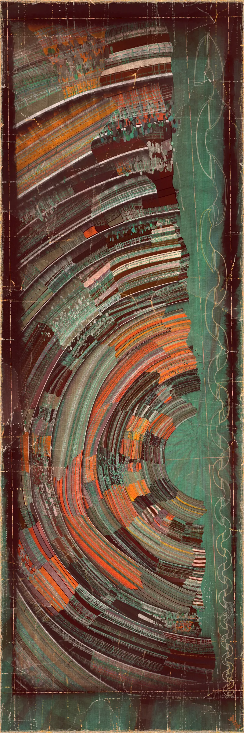 # Covehithe: An algorithmic study of ancestral landscape #

**Cove:** *a small sheltered bay; a concave arch*

**Hithe:** *a small port, harbor or haven especially on a river*
# . #

[

Covehithe is an expression of my deep connection to a remote stretch of coastline near my hometown in England. Rather than setting out to create literal landscape scenes I wanted to find a new authentically algorithmic interpretation of the landscape. This means using certain rudiments of landscape art as primitives in a process that is true to generative art making. Covehithe is my most evolved work to-date in terms of combining multiple texture algorithms in an attempt to create surfaces that look like they have been abraded and discolored by the churning of the sea. Another key goal of this work is to capture the sense of nostalgia, mystery and ambiance I associate with Covehithe. This expressly emotive concern I feel has not been explored so much within generative art.

Many of my ancestors stretching back at least five generations were seafarers from this small area of coastal Suffolk. Having spent countless hours walking along this coast, the dark tumultuous sea, the inclement weather, the primordial spectacle of rapidly eroding cliffs and shifting shingle banks, are deeply imprinted into my artistic vision. Spending time at Covehithe often fills me with a complex tapestry of emotions that somehow meld with the spirit of the land. I feel good art has the power to convey a paradox of thought and feeling. My hope with this series is to simultaneously make art that looks familiar and at the same time fresh and with a very specific blend of belonging and awe; melancholy and rejuvenation; comfort and exposure.

]

# . #
**Algorithmic distress vs skeuomorphism**

*The greatest art is the most convincing lie*— Pablo Picasso

[

Creating surfaces that look worn and discolored might be seen as skeuomorphic, however I feel there is an honesty to this type of treatment because objects in real life are also typically aged in an algorithmic way. Usually through a repetition of partially constrained movements and patterns of specific interactions. The intrinsic visual properties we find comforting and fascinating in antique surfaces can be created in generative art in a very direct and authentic way. When I remove these layers of textural distress the underlying work is often somewhat unapproachable and cold. I feel the compositional flow is also softened and unified by the addition of algorithmic distress. Transitions are easier to visually digest and the overall visual variety and interest of the surface is increased. Perhaps what’s more important is there is a sense in which the art has settled into the physical world and has had interactions with it. Of course this is a lie but every story we tell in art is a lie. When creating the distress marks I am careful to leave the simple circle and line primitive building blocks at a scale that makes it easy to see on close examination how the art is constructed. This reveals the truth about the lie and creates visual tension between the illusionistic and abstracted mark making. Painters have intentionally played with the tension between the ‘image’ and the reality of the marks and surface for centuries.

]

# . #
**An ancestral connection to land**

[

I’m fascinated by the idea of art capturing the ancestral memory of a place and transferring a deep sense of belonging and familiarity to an audience that may not have a direct experience of that land themselves. I personally feel this with some art and music that comes from Scandinavian countries. Somehow it feels like I know the atmosphere of that place and it resonates with my own nostalgia for my home in the UK, although I’ve never been to any Nordic countries.

The key concern for me with this project is capturing the melancholy and sober mood I associate with this place. It’s not that the sun never shines in Covehithe although it can seem like it sometimes. For me I’ve always been drawn to pathos and melancholy in art and music. Somehow I feel more able to access sadness through art in a way that feels whole and healing.

Whilst trying to articulate the ‘mood’ of this series I came up with the working title ‘hidden box landscapes’. The mental picture I have is of discovering an antique wooden box in an attic containing some precious personal effects from an ancestor. I wanted the outputs to have the feeling of old crinkled photos or drawings of landscapes that had been stored in such a secret box as a personal memento of a special place. Like an artifact of a deep emotional connection to the land and environmental characteristics.

]

# . #
**Forms and colors in Covehithe**

[

In the outputs I wanted to include a non-literal equivalent to footprints in the landscape. A trace of our passing through the landscape. I wanted this trace to look and feel light and delicate compared to the main mass of the landscape form. I settled on these sketched chains of arcs that look like they could be unfinished or temporary, but activate the negative space at the boundaries of the compositions. I didn’t want these marks to be on the landscape itself as the contrast of these two primitives would be lost. I loved how insignificant these marks look compared to the weight of the land. In abstracting them from the landscape I also wanted to give the impression these footsteps told a story about a journey or path in a vast space.

There is an intentional visual reference to quilting in these landscapes. The land itself is quilted. For me there is something very comforting and connected to a sense of home evoked by the image of a quilt. Strangely I feel I have inherited this just in the last 10 years since I’ve been living in the US. Quilting is a strong part of my wife’s family tradition and I wonder if I have absorbed an affinity for it through osmosis from my wife and her family. Quilting to my knowledge is not a significant tradition in native Suffolk. It strikes me that the cultural lexicon of motifs and visual references in art are key to making contact with our emotional core as humans. Art is never made or experienced in a vacuum, finding ways to weave persisting visual motifs, from our collective past, into my art making is one way I try to make my generative art more approachable and relatable. Doing this in a way that is not overtly literal — deriving forms and mark making that is familiar and yet not literal is a fascinating challenge for me.

Using generative color algorithms has become a default part of my generative practice. Although I use a very limited color space, I’m very happy with the color expression in this project. The primary forms are not partially transparent unlike in the background elements in both Velum and Fontana. Instead I build layers of color using the grid markings and spindrift spots that overlay the quilt patches. Combined with the algorithmic distress and patches of color modulation the totality of color is continuously shifting. Ultimately I feel color, texture and form are one and abstracting one from the others can give us a false idea of how the whole will work.

]

# . #
**Generative art as a medium to explore emotion**

*My work is about the great human emotions* — Mark Rothko

[

My personal goal as an artist is to find ways to explore the deep human emotions. On the face of it exploring emotion using code, math and geometry may seem counterintuitive at best if not plain impossible. In my mind it is the unobvious path that makes it have so much potential to produce something truly original. In another sense it doesn’t seem to me to be perverse at all. Having worked in this way for over a decade it actually feels just as direct as painting and drawing to me. Picture making regardless of the medium always requires problem solving, methodical application, a clear mind and full heart. The true superpower of the visual artist is to be able to look with a completely open heart and make a response to what is being revealed right in front of them. If the response is channeled through a paint brush or code function I see no fundamental difference. For me generative art is just a medium that can be worked with in the same direct way any medium can be explored. I ultimately feel a medium is just a means for the artist to explore and realize their own inner world.

There is a text in Tibetan Buddhism called ‘The genuine heart of sadness’. The sadness the text points to is born out of a deep unconditional compassion for all life, and is not a personal sadness of feeling sorry for oneself. I believe one of the great gifts of art and music is that it can help us access emotions that are much vaster than those born out of our own narrow self interest. Not that there’s anything wrong with this, the arts just can help us find a bigger space in our own emotional landscape. This is the ultimate hope with any art I make. With Covehithe, the emotion I wanted to characterize was a sorrow and longing that for me feels deeply rooted in the landscape of coastal Suffolk and maybe my ancestry. Perhaps hard for me to put into words which is why I make art.

]