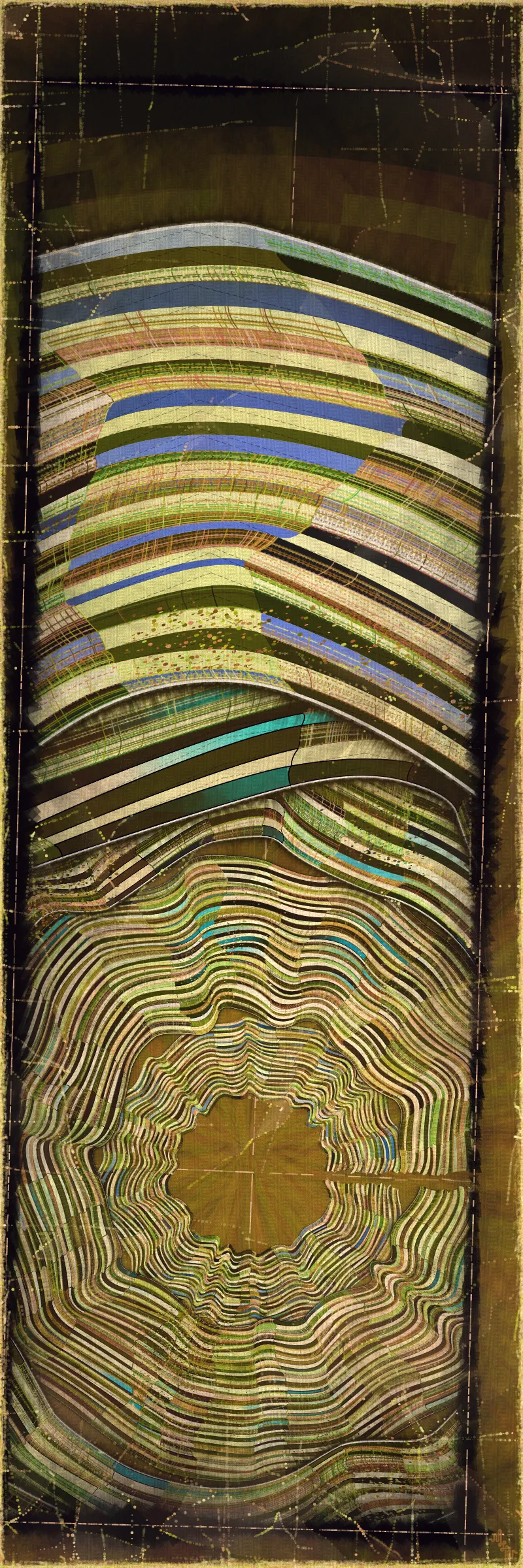 # Covehithe: An algorithmic study of ancestral landscape #

**Cove:** *a small sheltered bay; a concave arch*

**Hithe:** *a small port, harbor or haven especially on a river*
# . #

[

Covehithe is an expression of my deep connection to a remote stretch of coastline near my hometown in England. Rather than setting out to create literal landscape scenes I wanted to find a new authentically algorithmic interpretation of the landscape. This means using certain rudiments of landscape art as primitives in a process that is true to generative art making. Covehithe is my most evolved work to-date in terms of combining multiple texture algorithms in an attempt to create surfaces that look like they have been abraded and discolored by the churning of the sea. Another key goal of this work is to capture the sense of nostalgia, mystery and ambiance I associate with Covehithe. This expressly emotive concern I feel has not been explored so much within generative art.

Many of my ancestors stretching back at least five generations were seafarers from this small area of coastal Suffolk. Having spent countless hours walking along this coast, the dark tumultuous sea, the inclement weather, the primordial spectacle of rapidly eroding cliffs and shifting shingle banks, are deeply imprinted into my artistic vision. Spending time at Covehithe often fills me with a complex tapestry of emotions that somehow meld with the spirit of the land. I feel good art has the power to convey a paradox of thought and feeling. My hope with this series is to simultaneously make art that looks familiar and at the same time fresh and with a very specific blend of belonging and awe; melancholy and rejuvenation; comfort and exposure.

]

# . #
**Algorithmic distress vs skeuomorphism**

*The greatest art is the most convincing lie*— Pablo Picasso

[

Creating surfaces that look worn and discolored might be seen as skeuomorphic, however I feel there is an honesty to this type of treatment because objects in real life are also typically aged in an algorithmic way. Usually through a repetition of partially constrained movements and patterns of specific interactions. The intrinsic visual properties we find comforting and fascinating in antique surfaces can be created in generative art in a very direct and authentic way. When I remove these layers of textural distress the underlying work is often somewhat unapproachable and cold. I feel the compositional flow is also softened and unified by the addition of algorithmic distress. Transitions are easier to visually digest and the overall visual variety and interest of the surface is increased. Perhaps what’s more important is there is a sense in which the art has settled into the physical world and has had interactions with it. Of course this is a lie but every story we tell in art is a lie. When creating the distress marks I am careful to leave the simple circle and line primitive building blocks at a scale that makes it easy to see on close examination how the art is constructed. This reveals the truth about the lie and creates visual tension between the illusionistic and abstracted mark making. Painters have intentionally played with the tension between the ‘image’ and the reality of the marks and surface for centuries.

]

# . #
**An ancestral connection to land**

[

I’m fascinated by the idea of art capturing the ancestral memory of a place and transferring a deep sense of belonging and familiarity to an audience that may not have a direct experience of that land themselves. I personally feel this with some art and music that comes from Scandinavian countries. Somehow it feels like I know the atmosphere of that place and it resonates with my own nostalgia for my home in the UK, although I’ve never been to any Nordic countries.

The key concern for me with this project is capturing the melancholy and sober mood I associate with this place. It’s not that the sun never shines in Covehithe although it can seem like it sometimes. For me I’ve always been drawn to pathos and melancholy in art and music. Somehow I feel more able to access sadness through art in a way that feels whole and healing.

Whilst trying to articulate the ‘mood’ of this series I came up with the working title ‘hidden box landscapes’. The mental picture I have is of discovering an antique wooden box in an attic containing some precious personal effects from an ancestor. I wanted the outputs to have the feeling of old crinkled photos or drawings of landscapes that had been stored in such a secret box as a personal memento of a special place. Like an artifact of a deep emotional connection to the land and environmental characteristics.

]

# . #
**Forms and colors in Covehithe**

[

In the outputs I wanted to include a non-literal equivalent to footprints in the landscape. A trace of our passing through the landscape. I wanted this trace to look and feel light and delicate compared to the main mass of the landscape form. I settled on these sketched chains of arcs that look like they could be unfinished or temporary, but activate the negative space at the boundaries of the compositions. I didn’t want these marks to be on the landscape itself as the contrast of these two primitives would be lost. I loved how insignificant these marks look compared to the weight of the land. In abstracting them from the landscape I also wanted to give the impression these footsteps told a story about a journey or path in a vast space.

There is an intentional visual reference to quilting in these landscapes. The land itself is quilted. For me there is something very comforting and connected to a sense of home evoked by the image of a quilt. Strangely I feel I have inherited this just in the last 10 years since I’ve been living in the US. Quilting is a strong part of my wife’s family tradition and I wonder if I have absorbed an affinity for it through osmosis from my wife and her family. Quilting to my knowledge is not a significant tradition in native Suffolk. It strikes me that the cultural lexicon of motifs and visual references in art are key to making contact with our emotional core as humans. Art is never made or experienced in a vacuum, finding ways to weave persisting visual motifs, from our collective past, into my art making is one way I try to make my generative art more approachable and relatable. Doing this in a way that is not overtly literal — deriving forms and mark making that is familiar and yet not literal is a fascinating challenge for me.

Using generative color algorithms has become a default part of my generative practice. Although I use a very limited color space, I’m very happy with the color expression in this project. The primary forms are not partially transparent unlike in the background elements in both Velum and Fontana. Instead I build layers of color using the grid markings and spindrift spots that overlay the quilt patches. Combined with the algorithmic distress and patches of color modulation the totality of color is continuously shifting. Ultimately I feel color, texture and form are one and abstracting one from the others can give us a false idea of how the whole will work.

]

# . #
**Generative art as a medium to explore emotion**

*My work is about the great human emotions* — Mark Rothko

[

My personal goal as an artist is to find ways to explore the deep human emotions. On the face of it exploring emotion using code, math and geometry may seem counterintuitive at best if not plain impossible. In my mind it is the unobvious path that makes it have so much potential to produce something truly original. In another sense it doesn’t seem to me to be perverse at all. Having worked in this way for over a decade it actually feels just as direct as painting and drawing to me. Picture making regardless of the medium always requires problem solving, methodical application, a clear mind and full heart. The true superpower of the visual artist is to be able to look with a completely open heart and make a response to what is being revealed right in front of them. If the response is channeled through a paint brush or code function I see no fundamental difference. For me generative art is just a medium that can be worked with in the same direct way any medium can be explored. I ultimately feel a medium is just a means for the artist to explore and realize their own inner world.

There is a text in Tibetan Buddhism called ‘The genuine heart of sadness’. The sadness the text points to is born out of a deep unconditional compassion for all life, and is not a personal sadness of feeling sorry for oneself. I believe one of the great gifts of art and music is that it can help us access emotions that are much vaster than those born out of our own narrow self interest. Not that there’s anything wrong with this, the arts just can help us find a bigger space in our own emotional landscape. This is the ultimate hope with any art I make. With Covehithe, the emotion I wanted to characterize was a sorrow and longing that for me feels deeply rooted in the landscape of coastal Suffolk and maybe my ancestry. Perhaps hard for me to put into words which is why I make art.

]