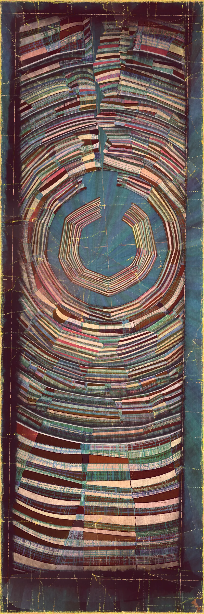 # Covehithe: An algorithmic study of ancestral landscape #

**Cove:** *a small sheltered bay; a concave arch*

**Hithe:** *a small port, harbor or haven especially on a river*
# . #

[

Covehithe is an expression of my deep connection to a remote stretch of coastline near my hometown in England. Rather than setting out to create literal landscape scenes I wanted to find a new authentically algorithmic interpretation of the landscape. This means using certain rudiments of landscape art as primitives in a process that is true to generative art making. Covehithe is my most evolved work to-date in terms of combining multiple texture algorithms in an attempt to create surfaces that look like they have been abraded and discolored by the churning of the sea. Another key goal of this work is to capture the sense of nostalgia, mystery and ambiance I associate with Covehithe. This expressly emotive concern I feel has not been explored so much within generative art.

Many of my ancestors stretching back at least five generations were seafarers from this small area of coastal Suffolk. Having spent countless hours walking along this coast, the dark tumultuous sea, the inclement weather, the primordial spectacle of rapidly eroding cliffs and shifting shingle banks, are deeply imprinted into my artistic vision. Spending time at Covehithe often fills me with a complex tapestry of emotions that somehow meld with the spirit of the land. I feel good art has the power to convey a paradox of thought and feeling. My hope with this series is to simultaneously make art that looks familiar and at the same time fresh and with a very specific blend of belonging and awe; melancholy and rejuvenation; comfort and exposure.

]

# . #
**Algorithmic distress vs skeuomorphism**

*The greatest art is the most convincing lie*— Pablo Picasso

[

Creating surfaces that look worn and discolored might be seen as skeuomorphic, however I feel there is an honesty to this type of treatment because objects in real life are also typically aged in an algorithmic way. Usually through a repetition of partially constrained movements and patterns of specific interactions. The intrinsic visual properties we find comforting and fascinating in antique surfaces can be created in generative art in a very direct and authentic way. When I remove these layers of textural distress the underlying work is often somewhat unapproachable and cold. I feel the compositional flow is also softened and unified by the addition of algorithmic distress. Transitions are easier to visually digest and the overall visual variety and interest of the surface is increased. Perhaps what’s more important is there is a sense in which the art has settled into the physical world and has had interactions with it. Of course this is a lie but every story we tell in art is a lie. When creating the distress marks I am careful to leave the simple circle and line primitive building blocks at a scale that makes it easy to see on close examination how the art is constructed. This reveals the truth about the lie and creates visual tension between the illusionistic and abstracted mark making. Painters have intentionally played with the tension between the ‘image’ and the reality of the marks and surface for centuries.

]

# . #
**An ancestral connection to land**

[

I’m fascinated by the idea of art capturing the ancestral memory of a place and transferring a deep sense of belonging and familiarity to an audience that may not have a direct experience of that land themselves. I personally feel this with some art and music that comes from Scandinavian countries. Somehow it feels like I know the atmosphere of that place and it resonates with my own nostalgia for my home in the UK, although I’ve never been to any Nordic countries.

The key concern for me with this project is capturing the melancholy and sober mood I associate with this place. It’s not that the sun never shines in Covehithe although it can seem like it sometimes. For me I’ve always been drawn to pathos and melancholy in art and music. Somehow I feel more able to access sadness through art in a way that feels whole and healing.

Whilst trying to articulate the ‘mood’ of this series I came up with the working title ‘hidden box landscapes’. The mental picture I have is of discovering an antique wooden box in an attic containing some precious personal effects from an ancestor. I wanted the outputs to have the feeling of old crinkled photos or drawings of landscapes that had been stored in such a secret box as a personal memento of a special place. Like an artifact of a deep emotional connection to the land and environmental characteristics.

]

# . #
**Forms and colors in Covehithe**

[

In the outputs I wanted to include a non-literal equivalent to footprints in the landscape. A trace of our passing through the landscape. I wanted this trace to look and feel light and delicate compared to the main mass of the landscape form. I settled on these sketched chains of arcs that look like they could be unfinished or temporary, but activate the negative space at the boundaries of the compositions. I didn’t want these marks to be on the landscape itself as the contrast of these two primitives would be lost. I loved how insignificant these marks look compared to the weight of the land. In abstracting them from the landscape I also wanted to give the impression these footsteps told a story about a journey or path in a vast space.

There is an intentional visual reference to quilting in these landscapes. The land itself is quilted. For me there is something very comforting and connected to a sense of home evoked by the image of a quilt. Strangely I feel I have inherited this just in the last 10 years since I’ve been living in the US. Quilting is a strong part of my wife’s family tradition and I wonder if I have absorbed an affinity for it through osmosis from my wife and her family. Quilting to my knowledge is not a significant tradition in native Suffolk. It strikes me that the cultural lexicon of motifs and visual references in art are key to making contact with our emotional core as humans. Art is never made or experienced in a vacuum, finding ways to weave persisting visual motifs, from our collective past, into my art making is one way I try to make my generative art more approachable and relatable. Doing this in a way that is not overtly literal — deriving forms and mark making that is familiar and yet not literal is a fascinating challenge for me.

Using generative color algorithms has become a default part of my generative practice. Although I use a very limited color space, I’m very happy with the color expression in this project. The primary forms are not partially transparent unlike in the background elements in both Velum and Fontana. Instead I build layers of color using the grid markings and spindrift spots that overlay the quilt patches. Combined with the algorithmic distress and patches of color modulation the totality of color is continuously shifting. Ultimately I feel color, texture and form are one and abstracting one from the others can give us a false idea of how the whole will work.

]

# . #
**Generative art as a medium to explore emotion**

*My work is about the great human emotions* — Mark Rothko

[

My personal goal as an artist is to find ways to explore the deep human emotions. On the face of it exploring emotion using code, math and geometry may seem counterintuitive at best if not plain impossible. In my mind it is the unobvious path that makes it have so much potential to produce something truly original. In another sense it doesn’t seem to me to be perverse at all. Having worked in this way for over a decade it actually feels just as direct as painting and drawing to me. Picture making regardless of the medium always requires problem solving, methodical application, a clear mind and full heart. The true superpower of the visual artist is to be able to look with a completely open heart and make a response to what is being revealed right in front of them. If the response is channeled through a paint brush or code function I see no fundamental difference. For me generative art is just a medium that can be worked with in the same direct way any medium can be explored. I ultimately feel a medium is just a means for the artist to explore and realize their own inner world.

There is a text in Tibetan Buddhism called ‘The genuine heart of sadness’. The sadness the text points to is born out of a deep unconditional compassion for all life, and is not a personal sadness of feeling sorry for oneself. I believe one of the great gifts of art and music is that it can help us access emotions that are much vaster than those born out of our own narrow self interest. Not that there’s anything wrong with this, the arts just can help us find a bigger space in our own emotional landscape. This is the ultimate hope with any art I make. With Covehithe, the emotion I wanted to characterize was a sorrow and longing that for me feels deeply rooted in the landscape of coastal Suffolk and maybe my ancestry. Perhaps hard for me to put into words which is why I make art.

]