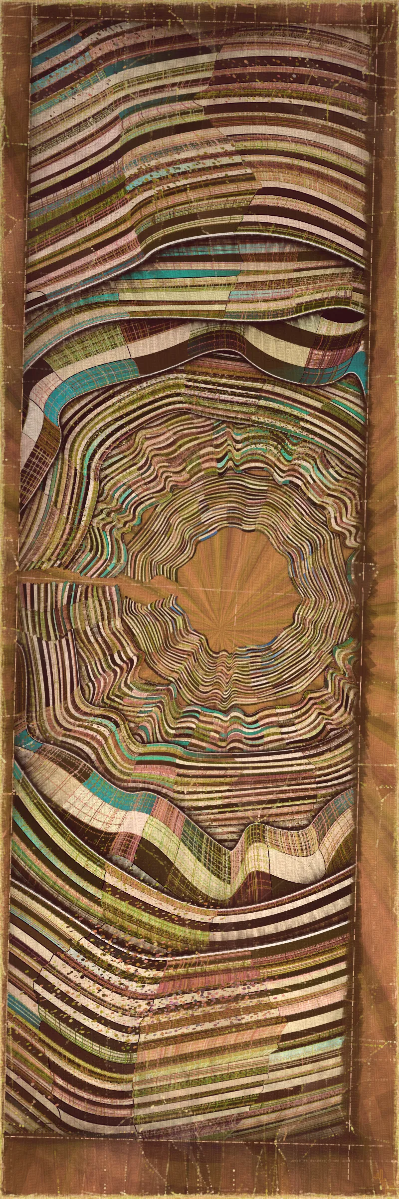 # Covehithe: An algorithmic study of ancestral landscape #

**Cove:** *a small sheltered bay; a concave arch*

**Hithe:** *a small port, harbor or haven especially on a river*
# . #

[

Covehithe is an expression of my deep connection to a remote stretch of coastline near my hometown in England. Rather than setting out to create literal landscape scenes I wanted to find a new authentically algorithmic interpretation of the landscape. This means using certain rudiments of landscape art as primitives in a process that is true to generative art making. Covehithe is my most evolved work to-date in terms of combining multiple texture algorithms in an attempt to create surfaces that look like they have been abraded and discolored by the churning of the sea. Another key goal of this work is to capture the sense of nostalgia, mystery and ambiance I associate with Covehithe. This expressly emotive concern I feel has not been explored so much within generative art.

Many of my ancestors stretching back at least five generations were seafarers from this small area of coastal Suffolk. Having spent countless hours walking along this coast, the dark tumultuous sea, the inclement weather, the primordial spectacle of rapidly eroding cliffs and shifting shingle banks, are deeply imprinted into my artistic vision. Spending time at Covehithe often fills me with a complex tapestry of emotions that somehow meld with the spirit of the land. I feel good art has the power to convey a paradox of thought and feeling. My hope with this series is to simultaneously make art that looks familiar and at the same time fresh and with a very specific blend of belonging and awe; melancholy and rejuvenation; comfort and exposure.

]

# . #
**Algorithmic distress vs skeuomorphism**

*The greatest art is the most convincing lie*— Pablo Picasso

[

Creating surfaces that look worn and discolored might be seen as skeuomorphic, however I feel there is an honesty to this type of treatment because objects in real life are also typically aged in an algorithmic way. Usually through a repetition of partially constrained movements and patterns of specific interactions. The intrinsic visual properties we find comforting and fascinating in antique surfaces can be created in generative art in a very direct and authentic way. When I remove these layers of textural distress the underlying work is often somewhat unapproachable and cold. I feel the compositional flow is also softened and unified by the addition of algorithmic distress. Transitions are easier to visually digest and the overall visual variety and interest of the surface is increased. Perhaps what’s more important is there is a sense in which the art has settled into the physical world and has had interactions with it. Of course this is a lie but every story we tell in art is a lie. When creating the distress marks I am careful to leave the simple circle and line primitive building blocks at a scale that makes it easy to see on close examination how the art is constructed. This reveals the truth about the lie and creates visual tension between the illusionistic and abstracted mark making. Painters have intentionally played with the tension between the ‘image’ and the reality of the marks and surface for centuries.

]

# . #
**An ancestral connection to land**

[

I’m fascinated by the idea of art capturing the ancestral memory of a place and transferring a deep sense of belonging and familiarity to an audience that may not have a direct experience of that land themselves. I personally feel this with some art and music that comes from Scandinavian countries. Somehow it feels like I know the atmosphere of that place and it resonates with my own nostalgia for my home in the UK, although I’ve never been to any Nordic countries.

The key concern for me with this project is capturing the melancholy and sober mood I associate with this place. It’s not that the sun never shines in Covehithe although it can seem like it sometimes. For me I’ve always been drawn to pathos and melancholy in art and music. Somehow I feel more able to access sadness through art in a way that feels whole and healing.

Whilst trying to articulate the ‘mood’ of this series I came up with the working title ‘hidden box landscapes’. The mental picture I have is of discovering an antique wooden box in an attic containing some precious personal effects from an ancestor. I wanted the outputs to have the feeling of old crinkled photos or drawings of landscapes that had been stored in such a secret box as a personal memento of a special place. Like an artifact of a deep emotional connection to the land and environmental characteristics.

]

# . #
**Forms and colors in Covehithe**

[

In the outputs I wanted to include a non-literal equivalent to footprints in the landscape. A trace of our passing through the landscape. I wanted this trace to look and feel light and delicate compared to the main mass of the landscape form. I settled on these sketched chains of arcs that look like they could be unfinished or temporary, but activate the negative space at the boundaries of the compositions. I didn’t want these marks to be on the landscape itself as the contrast of these two primitives would be lost. I loved how insignificant these marks look compared to the weight of the land. In abstracting them from the landscape I also wanted to give the impression these footsteps told a story about a journey or path in a vast space.

There is an intentional visual reference to quilting in these landscapes. The land itself is quilted. For me there is something very comforting and connected to a sense of home evoked by the image of a quilt. Strangely I feel I have inherited this just in the last 10 years since I’ve been living in the US. Quilting is a strong part of my wife’s family tradition and I wonder if I have absorbed an affinity for it through osmosis from my wife and her family. Quilting to my knowledge is not a significant tradition in native Suffolk. It strikes me that the cultural lexicon of motifs and visual references in art are key to making contact with our emotional core as humans. Art is never made or experienced in a vacuum, finding ways to weave persisting visual motifs, from our collective past, into my art making is one way I try to make my generative art more approachable and relatable. Doing this in a way that is not overtly literal — deriving forms and mark making that is familiar and yet not literal is a fascinating challenge for me.

Using generative color algorithms has become a default part of my generative practice. Although I use a very limited color space, I’m very happy with the color expression in this project. The primary forms are not partially transparent unlike in the background elements in both Velum and Fontana. Instead I build layers of color using the grid markings and spindrift spots that overlay the quilt patches. Combined with the algorithmic distress and patches of color modulation the totality of color is continuously shifting. Ultimately I feel color, texture and form are one and abstracting one from the others can give us a false idea of how the whole will work.

]

# . #
**Generative art as a medium to explore emotion**

*My work is about the great human emotions* — Mark Rothko

[

My personal goal as an artist is to find ways to explore the deep human emotions. On the face of it exploring emotion using code, math and geometry may seem counterintuitive at best if not plain impossible. In my mind it is the unobvious path that makes it have so much potential to produce something truly original. In another sense it doesn’t seem to me to be perverse at all. Having worked in this way for over a decade it actually feels just as direct as painting and drawing to me. Picture making regardless of the medium always requires problem solving, methodical application, a clear mind and full heart. The true superpower of the visual artist is to be able to look with a completely open heart and make a response to what is being revealed right in front of them. If the response is channeled through a paint brush or code function I see no fundamental difference. For me generative art is just a medium that can be worked with in the same direct way any medium can be explored. I ultimately feel a medium is just a means for the artist to explore and realize their own inner world.

There is a text in Tibetan Buddhism called ‘The genuine heart of sadness’. The sadness the text points to is born out of a deep unconditional compassion for all life, and is not a personal sadness of feeling sorry for oneself. I believe one of the great gifts of art and music is that it can help us access emotions that are much vaster than those born out of our own narrow self interest. Not that there’s anything wrong with this, the arts just can help us find a bigger space in our own emotional landscape. This is the ultimate hope with any art I make. With Covehithe, the emotion I wanted to characterize was a sorrow and longing that for me feels deeply rooted in the landscape of coastal Suffolk and maybe my ancestry. Perhaps hard for me to put into words which is why I make art.

]