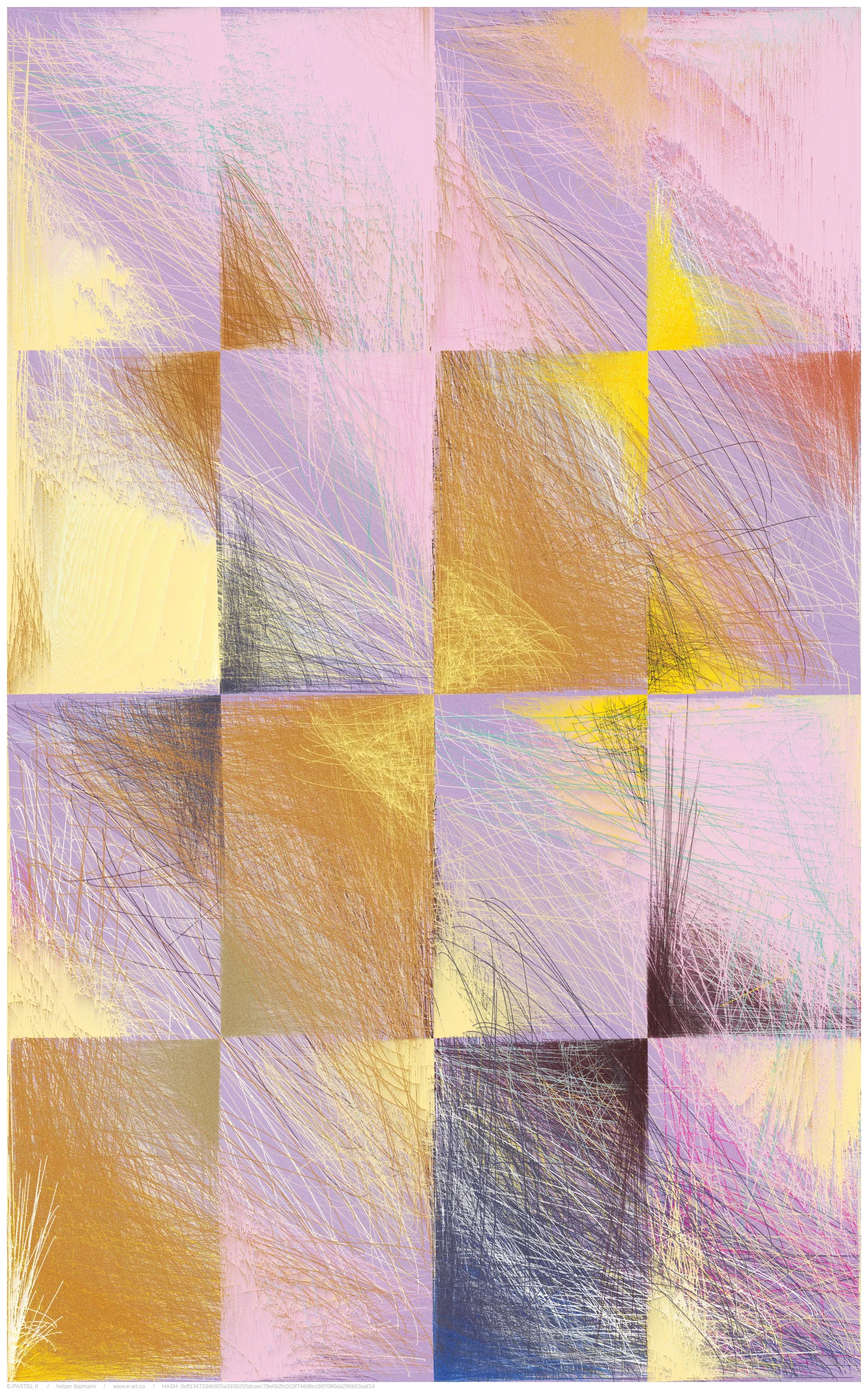 the main approache of E-PASTEL II is taken by the gestural drawing/scribbles; countless overlays of lines thrown out as if from a quick, expressive gesture, of the most varied strength and color. layered over and over each other, building up a fine and dense multicolored fabric, reminding me sometimes of certain pastel drawing techniques.

another approach is the inaccuracy/disintegration structure; the principle of having a theoretical idea, but a pretty imperfect realization or decay over time. in a way that we often encounter in life.

but there is most certainly a more unsentimental approach; the fascination of thousands of overlapping lines, which gradually reveal shapes. the basic joy of playing and experimenting with elementary shapes and colors. the depth and complexity of these mikado structures become a visible experience at the latest with relatively large printouts one can perceive this dense impenetrable and seemingly never fully discernible structural space.
furthermore, by using a combination of random pixel sorting blurs, a slightly randomized grain structure and various blending effects, certain decay processes are simulated, thereby adding another layer, a kind of time/decay layer.

