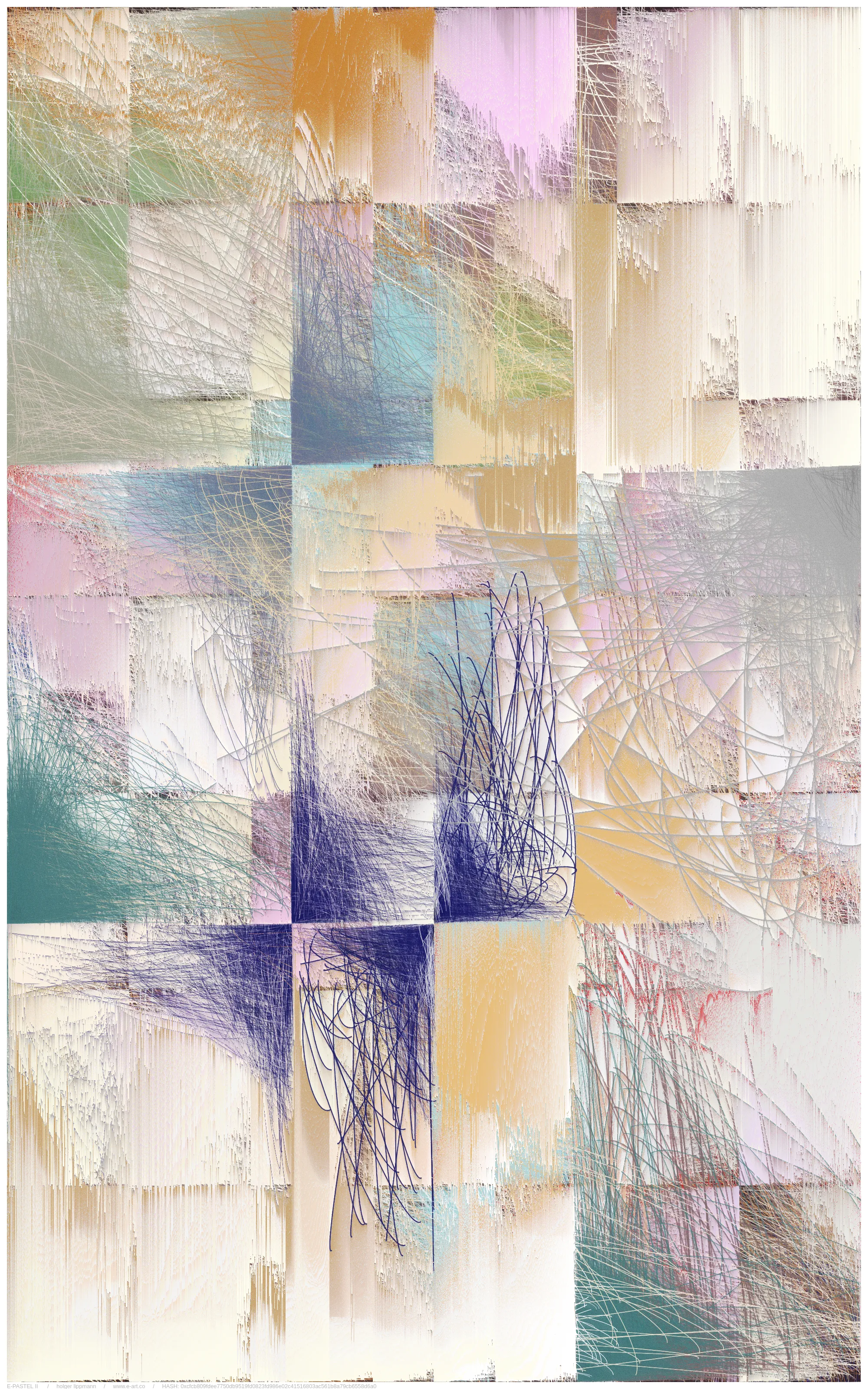 the main approache of E-PASTEL II is taken by the gestural drawing/scribbles; countless overlays of lines thrown out as if from a quick, expressive gesture, of the most varied strength and color. layered over and over each other, building up a fine and dense multicolored fabric, reminding me sometimes of certain pastel drawing techniques.

another approach is the inaccuracy/disintegration structure; the principle of having a theoretical idea, but a pretty imperfect realization or decay over time. in a way that we often encounter in life.

but there is most certainly a more unsentimental approach; the fascination of thousands of overlapping lines, which gradually reveal shapes. the basic joy of playing and experimenting with elementary shapes and colors. the depth and complexity of these mikado structures become a visible experience at the latest with relatively large printouts one can perceive this dense impenetrable and seemingly never fully discernible structural space.
furthermore, by using a combination of random pixel sorting blurs, a slightly randomized grain structure and various blending effects, certain decay processes are simulated, thereby adding another layer, a kind of time/decay layer.

