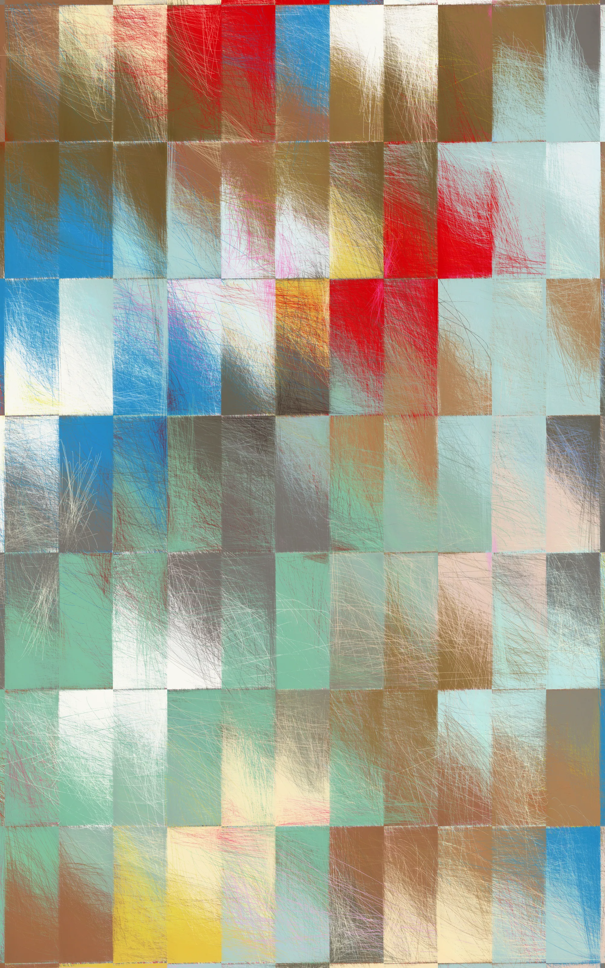 the main approache of E-PASTEL II is taken by the gestural drawing/scribbles; countless overlays of lines thrown out as if from a quick, expressive gesture, of the most varied strength and color. layered over and over each other, building up a fine and dense multicolored fabric, reminding me sometimes of certain pastel drawing techniques.

another approach is the inaccuracy/disintegration structure; the principle of having a theoretical idea, but a pretty imperfect realization or decay over time. in a way that we often encounter in life.

but there is most certainly a more unsentimental approach; the fascination of thousands of overlapping lines, which gradually reveal shapes. the basic joy of playing and experimenting with elementary shapes and colors. the depth and complexity of these mikado structures become a visible experience at the latest with relatively large printouts one can perceive this dense impenetrable and seemingly never fully discernible structural space.
furthermore, by using a combination of random pixel sorting blurs, a slightly randomized grain structure and various blending effects, certain decay processes are simulated, thereby adding another layer, a kind of time/decay layer.

