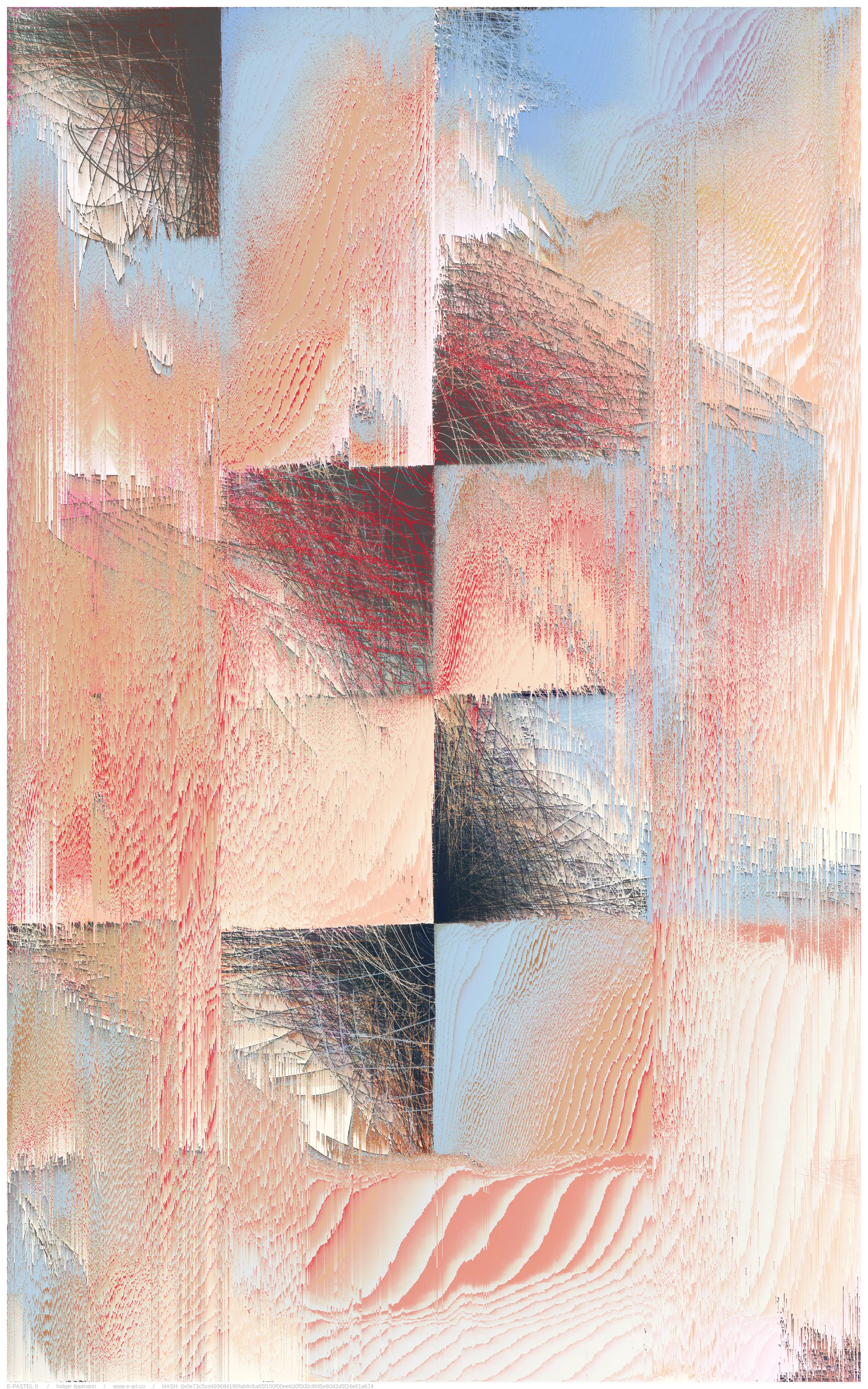 the main approache of E-PASTEL II is taken by the gestural drawing/scribbles; countless overlays of lines thrown out as if from a quick, expressive gesture, of the most varied strength and color. layered over and over each other, building up a fine and dense multicolored fabric, reminding me sometimes of certain pastel drawing techniques.

another approach is the inaccuracy/disintegration structure; the principle of having a theoretical idea, but a pretty imperfect realization or decay over time. in a way that we often encounter in life.

but there is most certainly a more unsentimental approach; the fascination of thousands of overlapping lines, which gradually reveal shapes. the basic joy of playing and experimenting with elementary shapes and colors. the depth and complexity of these mikado structures become a visible experience at the latest with relatively large printouts one can perceive this dense impenetrable and seemingly never fully discernible structural space.
furthermore, by using a combination of random pixel sorting blurs, a slightly randomized grain structure and various blending effects, certain decay processes are simulated, thereby adding another layer, a kind of time/decay layer.

