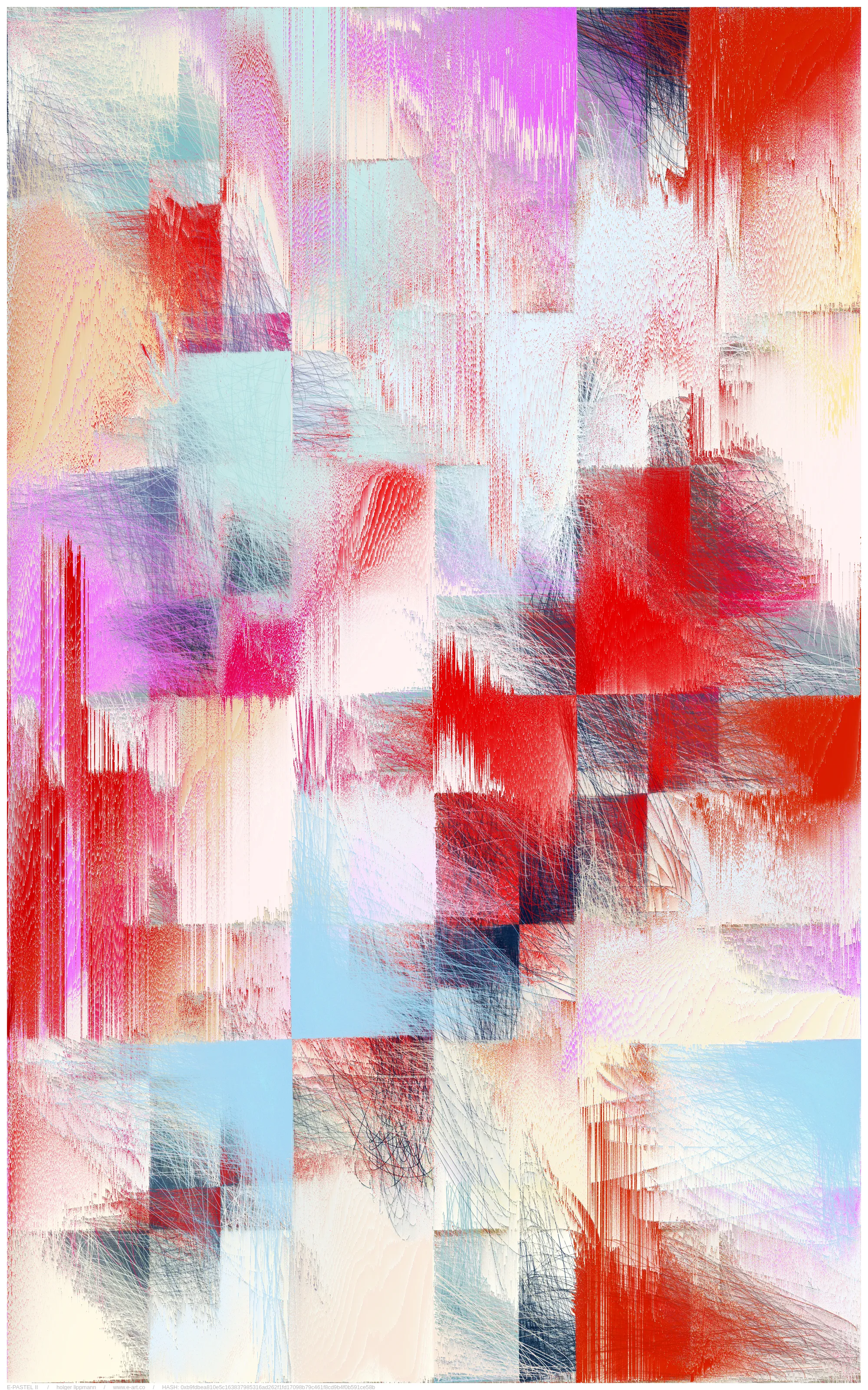 the main approache of E-PASTEL II is taken by the gestural drawing/scribbles; countless overlays of lines thrown out as if from a quick, expressive gesture, of the most varied strength and color. layered over and over each other, building up a fine and dense multicolored fabric, reminding me sometimes of certain pastel drawing techniques.

another approach is the inaccuracy/disintegration structure; the principle of having a theoretical idea, but a pretty imperfect realization or decay over time. in a way that we often encounter in life.

but there is most certainly a more unsentimental approach; the fascination of thousands of overlapping lines, which gradually reveal shapes. the basic joy of playing and experimenting with elementary shapes and colors. the depth and complexity of these mikado structures become a visible experience at the latest with relatively large printouts one can perceive this dense impenetrable and seemingly never fully discernible structural space.
furthermore, by using a combination of random pixel sorting blurs, a slightly randomized grain structure and various blending effects, certain decay processes are simulated, thereby adding another layer, a kind of time/decay layer.

