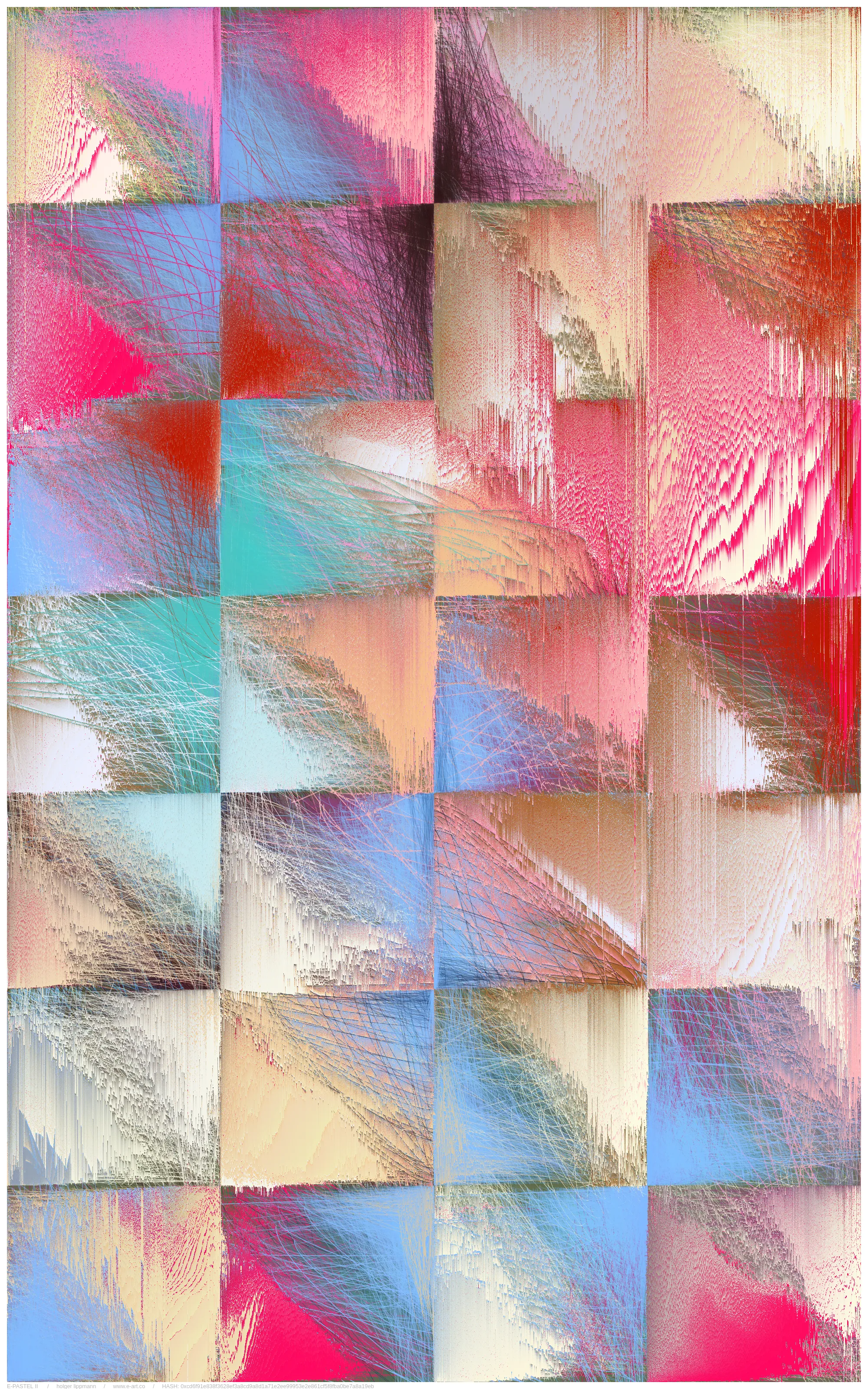 the main approache of E-PASTEL II is taken by the gestural drawing/scribbles; countless overlays of lines thrown out as if from a quick, expressive gesture, of the most varied strength and color. layered over and over each other, building up a fine and dense multicolored fabric, reminding me sometimes of certain pastel drawing techniques.

another approach is the inaccuracy/disintegration structure; the principle of having a theoretical idea, but a pretty imperfect realization or decay over time. in a way that we often encounter in life.

but there is most certainly a more unsentimental approach; the fascination of thousands of overlapping lines, which gradually reveal shapes. the basic joy of playing and experimenting with elementary shapes and colors. the depth and complexity of these mikado structures become a visible experience at the latest with relatively large printouts one can perceive this dense impenetrable and seemingly never fully discernible structural space.
furthermore, by using a combination of random pixel sorting blurs, a slightly randomized grain structure and various blending effects, certain decay processes are simulated, thereby adding another layer, a kind of time/decay layer.

