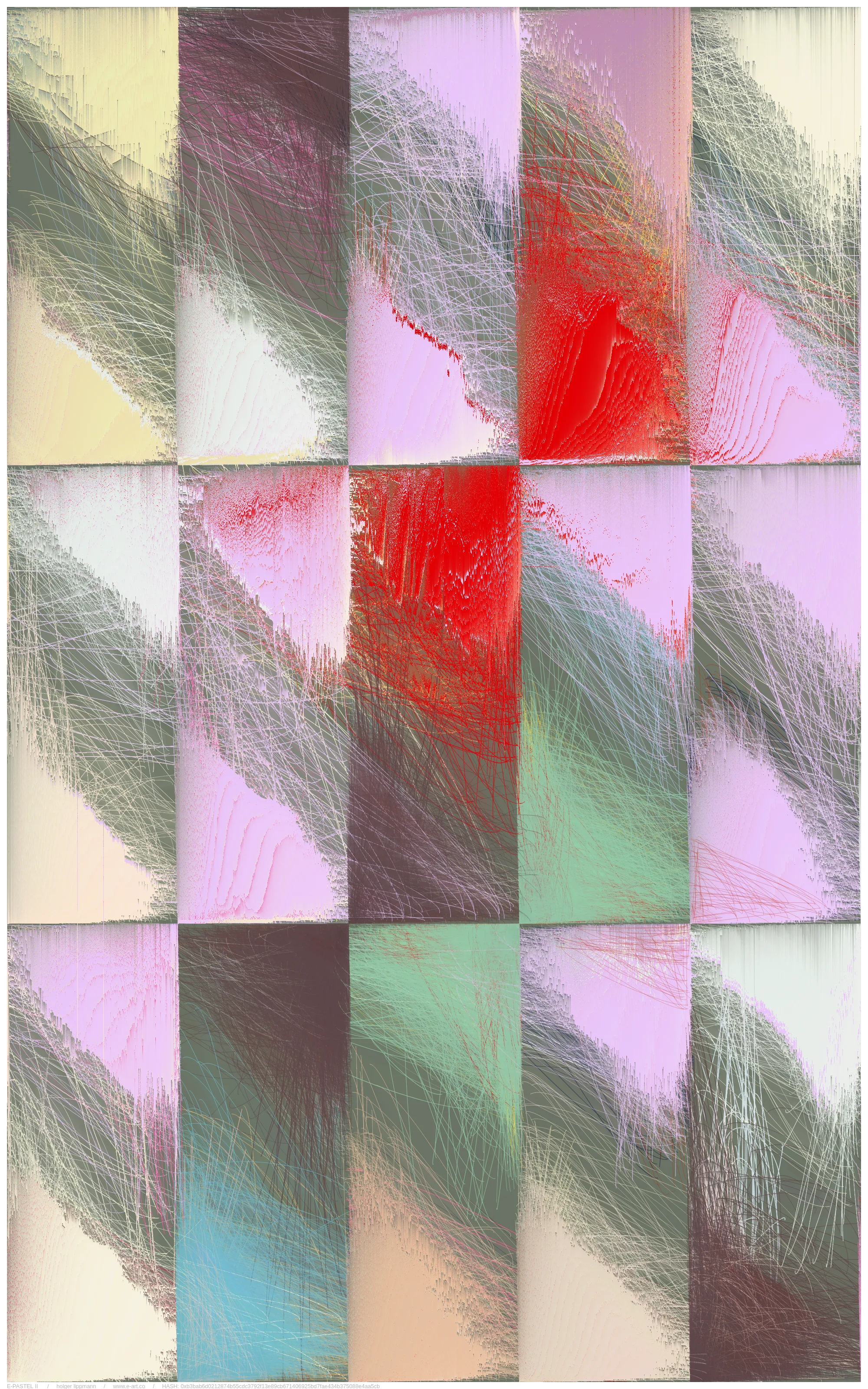 the main approache of E-PASTEL II is taken by the gestural drawing/scribbles; countless overlays of lines thrown out as if from a quick, expressive gesture, of the most varied strength and color. layered over and over each other, building up a fine and dense multicolored fabric, reminding me sometimes of certain pastel drawing techniques.

another approach is the inaccuracy/disintegration structure; the principle of having a theoretical idea, but a pretty imperfect realization or decay over time. in a way that we often encounter in life.

but there is most certainly a more unsentimental approach; the fascination of thousands of overlapping lines, which gradually reveal shapes. the basic joy of playing and experimenting with elementary shapes and colors. the depth and complexity of these mikado structures become a visible experience at the latest with relatively large printouts one can perceive this dense impenetrable and seemingly never fully discernible structural space.
furthermore, by using a combination of random pixel sorting blurs, a slightly randomized grain structure and various blending effects, certain decay processes are simulated, thereby adding another layer, a kind of time/decay layer.

