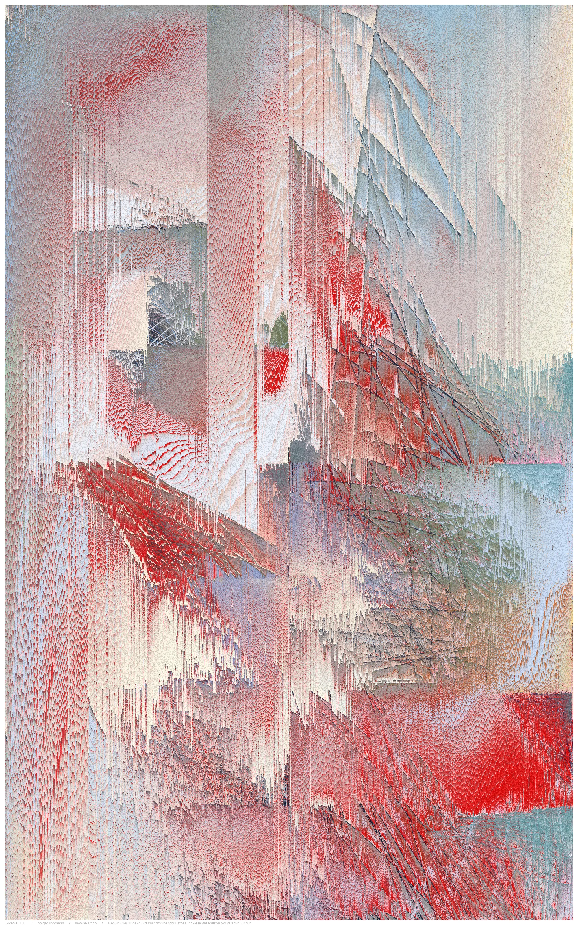 the main approache of E-PASTEL II is taken by the gestural drawing/scribbles; countless overlays of lines thrown out as if from a quick, expressive gesture, of the most varied strength and color. layered over and over each other, building up a fine and dense multicolored fabric, reminding me sometimes of certain pastel drawing techniques.

another approach is the inaccuracy/disintegration structure; the principle of having a theoretical idea, but a pretty imperfect realization or decay over time. in a way that we often encounter in life.

but there is most certainly a more unsentimental approach; the fascination of thousands of overlapping lines, which gradually reveal shapes. the basic joy of playing and experimenting with elementary shapes and colors. the depth and complexity of these mikado structures become a visible experience at the latest with relatively large printouts one can perceive this dense impenetrable and seemingly never fully discernible structural space.
furthermore, by using a combination of random pixel sorting blurs, a slightly randomized grain structure and various blending effects, certain decay processes are simulated, thereby adding another layer, a kind of time/decay layer.

