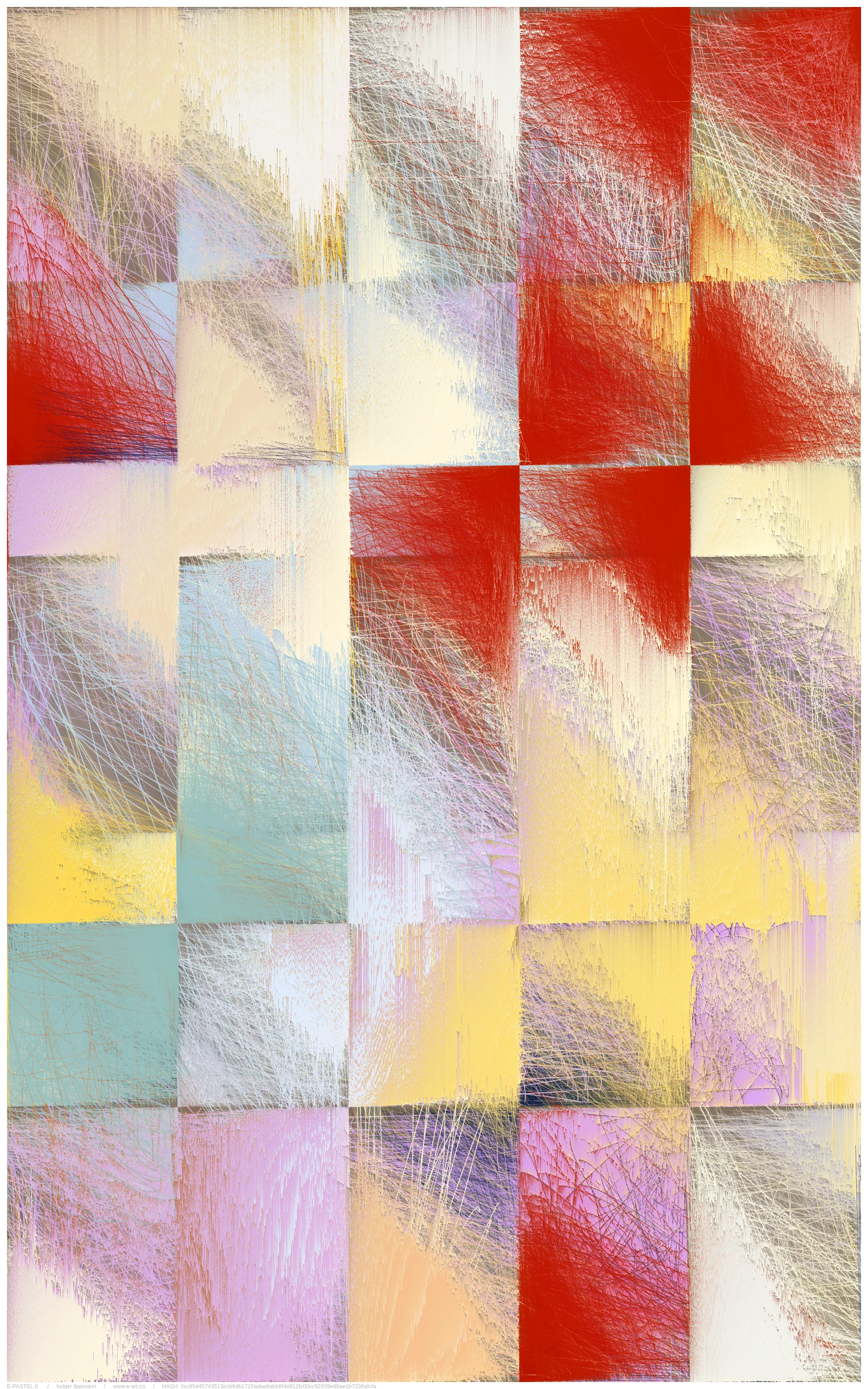 the main approache of E-PASTEL II is taken by the gestural drawing/scribbles; countless overlays of lines thrown out as if from a quick, expressive gesture, of the most varied strength and color. layered over and over each other, building up a fine and dense multicolored fabric, reminding me sometimes of certain pastel drawing techniques.

another approach is the inaccuracy/disintegration structure; the principle of having a theoretical idea, but a pretty imperfect realization or decay over time. in a way that we often encounter in life.

but there is most certainly a more unsentimental approach; the fascination of thousands of overlapping lines, which gradually reveal shapes. the basic joy of playing and experimenting with elementary shapes and colors. the depth and complexity of these mikado structures become a visible experience at the latest with relatively large printouts one can perceive this dense impenetrable and seemingly never fully discernible structural space.
furthermore, by using a combination of random pixel sorting blurs, a slightly randomized grain structure and various blending effects, certain decay processes are simulated, thereby adding another layer, a kind of time/decay layer.

