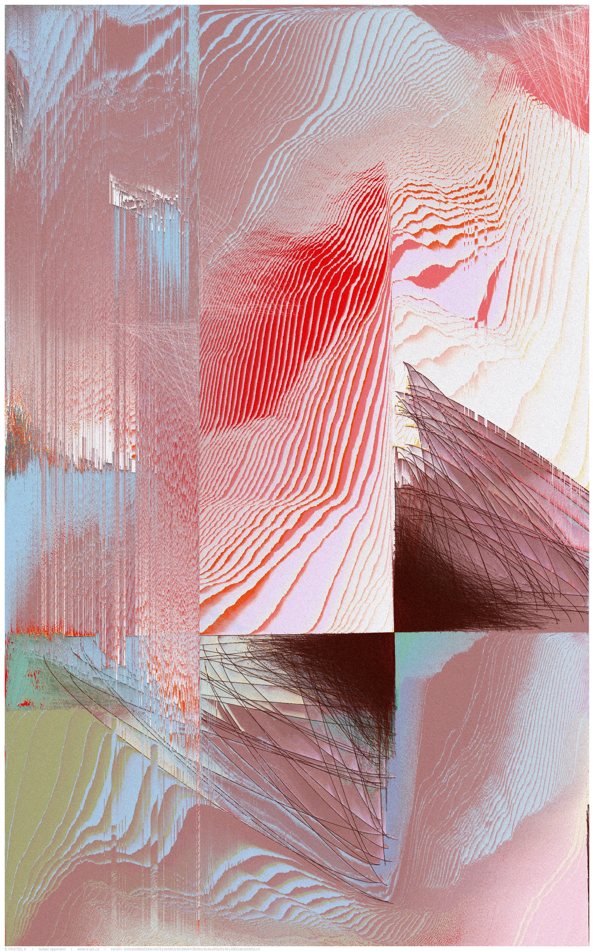 the main approache of E-PASTEL II is taken by the gestural drawing/scribbles; countless overlays of lines thrown out as if from a quick, expressive gesture, of the most varied strength and color. layered over and over each other, building up a fine and dense multicolored fabric, reminding me sometimes of certain pastel drawing techniques.

another approach is the inaccuracy/disintegration structure; the principle of having a theoretical idea, but a pretty imperfect realization or decay over time. in a way that we often encounter in life.

but there is most certainly a more unsentimental approach; the fascination of thousands of overlapping lines, which gradually reveal shapes. the basic joy of playing and experimenting with elementary shapes and colors. the depth and complexity of these mikado structures become a visible experience at the latest with relatively large printouts one can perceive this dense impenetrable and seemingly never fully discernible structural space.
furthermore, by using a combination of random pixel sorting blurs, a slightly randomized grain structure and various blending effects, certain decay processes are simulated, thereby adding another layer, a kind of time/decay layer.

