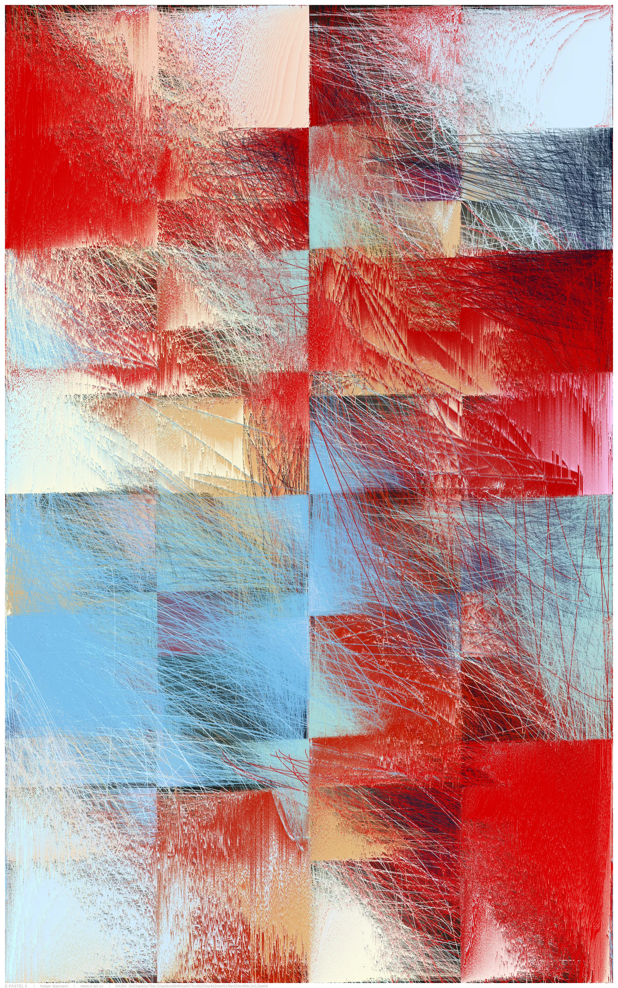 the main approache of E-PASTEL II is taken by the gestural drawing/scribbles; countless overlays of lines thrown out as if from a quick, expressive gesture, of the most varied strength and color. layered over and over each other, building up a fine and dense multicolored fabric, reminding me sometimes of certain pastel drawing techniques.

another approach is the inaccuracy/disintegration structure; the principle of having a theoretical idea, but a pretty imperfect realization or decay over time. in a way that we often encounter in life.

but there is most certainly a more unsentimental approach; the fascination of thousands of overlapping lines, which gradually reveal shapes. the basic joy of playing and experimenting with elementary shapes and colors. the depth and complexity of these mikado structures become a visible experience at the latest with relatively large printouts one can perceive this dense impenetrable and seemingly never fully discernible structural space.
furthermore, by using a combination of random pixel sorting blurs, a slightly randomized grain structure and various blending effects, certain decay processes are simulated, thereby adding another layer, a kind of time/decay layer.

