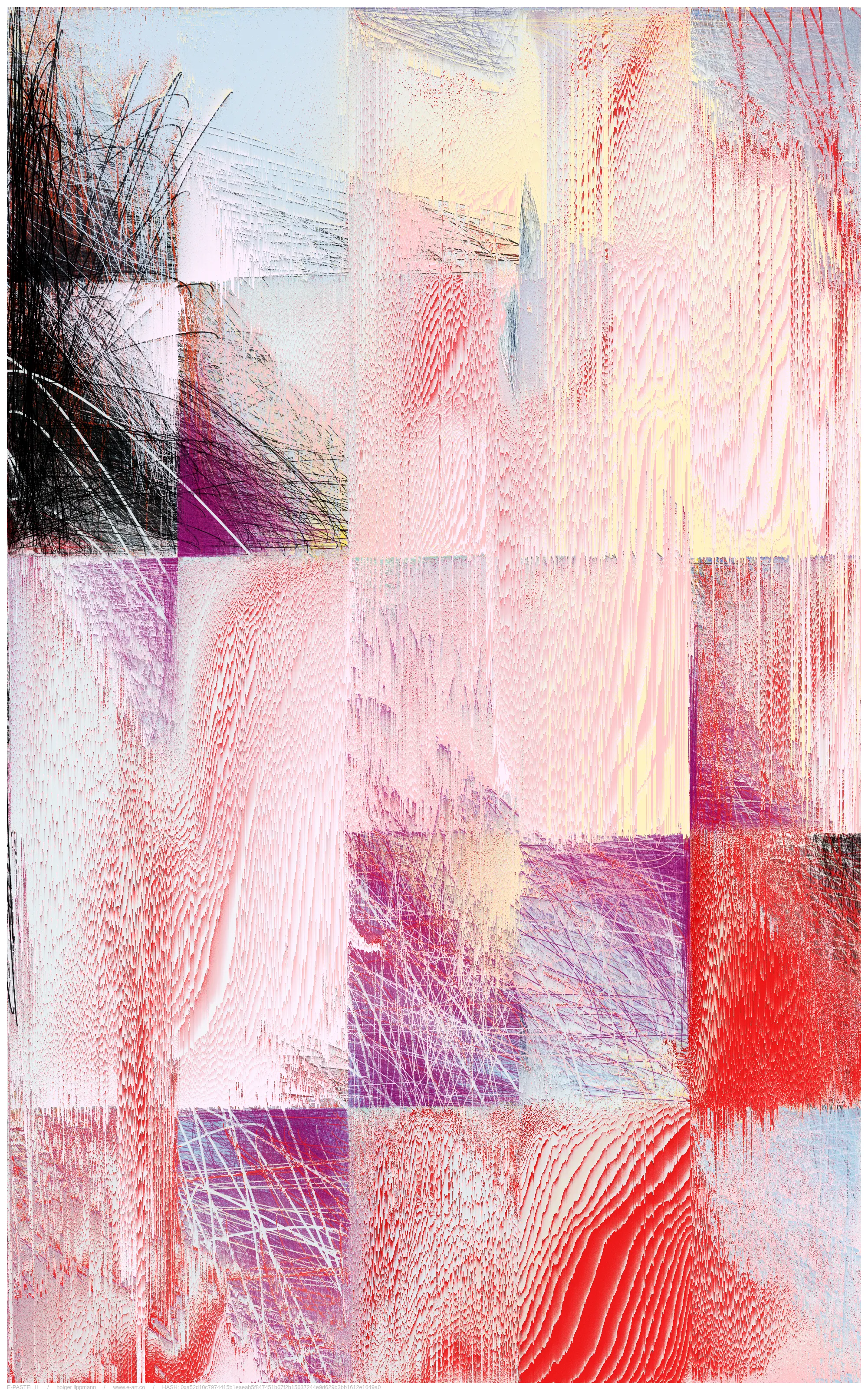 the main approache of E-PASTEL II is taken by the gestural drawing/scribbles; countless overlays of lines thrown out as if from a quick, expressive gesture, of the most varied strength and color. layered over and over each other, building up a fine and dense multicolored fabric, reminding me sometimes of certain pastel drawing techniques.

another approach is the inaccuracy/disintegration structure; the principle of having a theoretical idea, but a pretty imperfect realization or decay over time. in a way that we often encounter in life.

but there is most certainly a more unsentimental approach; the fascination of thousands of overlapping lines, which gradually reveal shapes. the basic joy of playing and experimenting with elementary shapes and colors. the depth and complexity of these mikado structures become a visible experience at the latest with relatively large printouts one can perceive this dense impenetrable and seemingly never fully discernible structural space.
furthermore, by using a combination of random pixel sorting blurs, a slightly randomized grain structure and various blending effects, certain decay processes are simulated, thereby adding another layer, a kind of time/decay layer.

