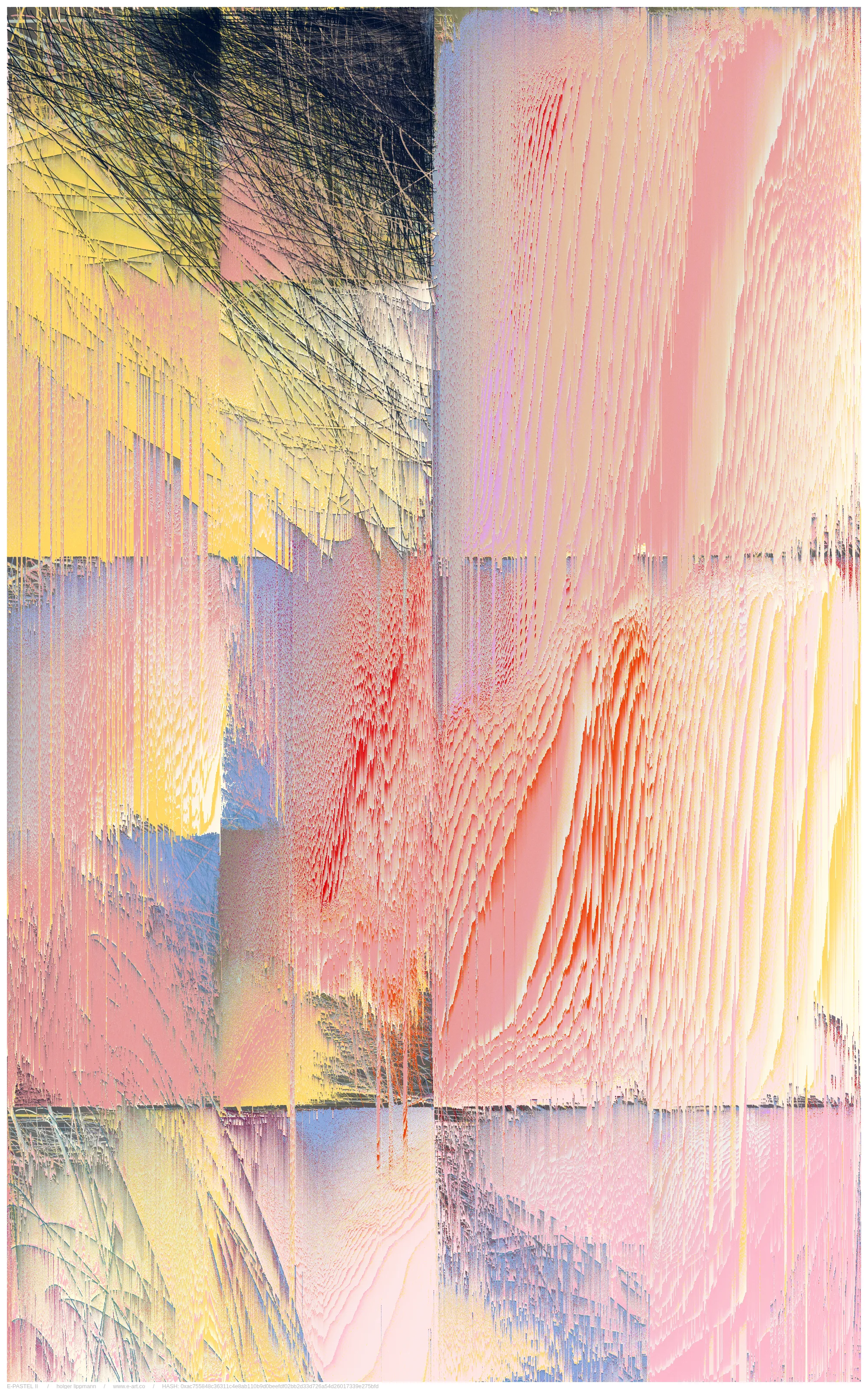 the main approache of E-PASTEL II is taken by the gestural drawing/scribbles; countless overlays of lines thrown out as if from a quick, expressive gesture, of the most varied strength and color. layered over and over each other, building up a fine and dense multicolored fabric, reminding me sometimes of certain pastel drawing techniques.

another approach is the inaccuracy/disintegration structure; the principle of having a theoretical idea, but a pretty imperfect realization or decay over time. in a way that we often encounter in life.

but there is most certainly a more unsentimental approach; the fascination of thousands of overlapping lines, which gradually reveal shapes. the basic joy of playing and experimenting with elementary shapes and colors. the depth and complexity of these mikado structures become a visible experience at the latest with relatively large printouts one can perceive this dense impenetrable and seemingly never fully discernible structural space.
furthermore, by using a combination of random pixel sorting blurs, a slightly randomized grain structure and various blending effects, certain decay processes are simulated, thereby adding another layer, a kind of time/decay layer.

