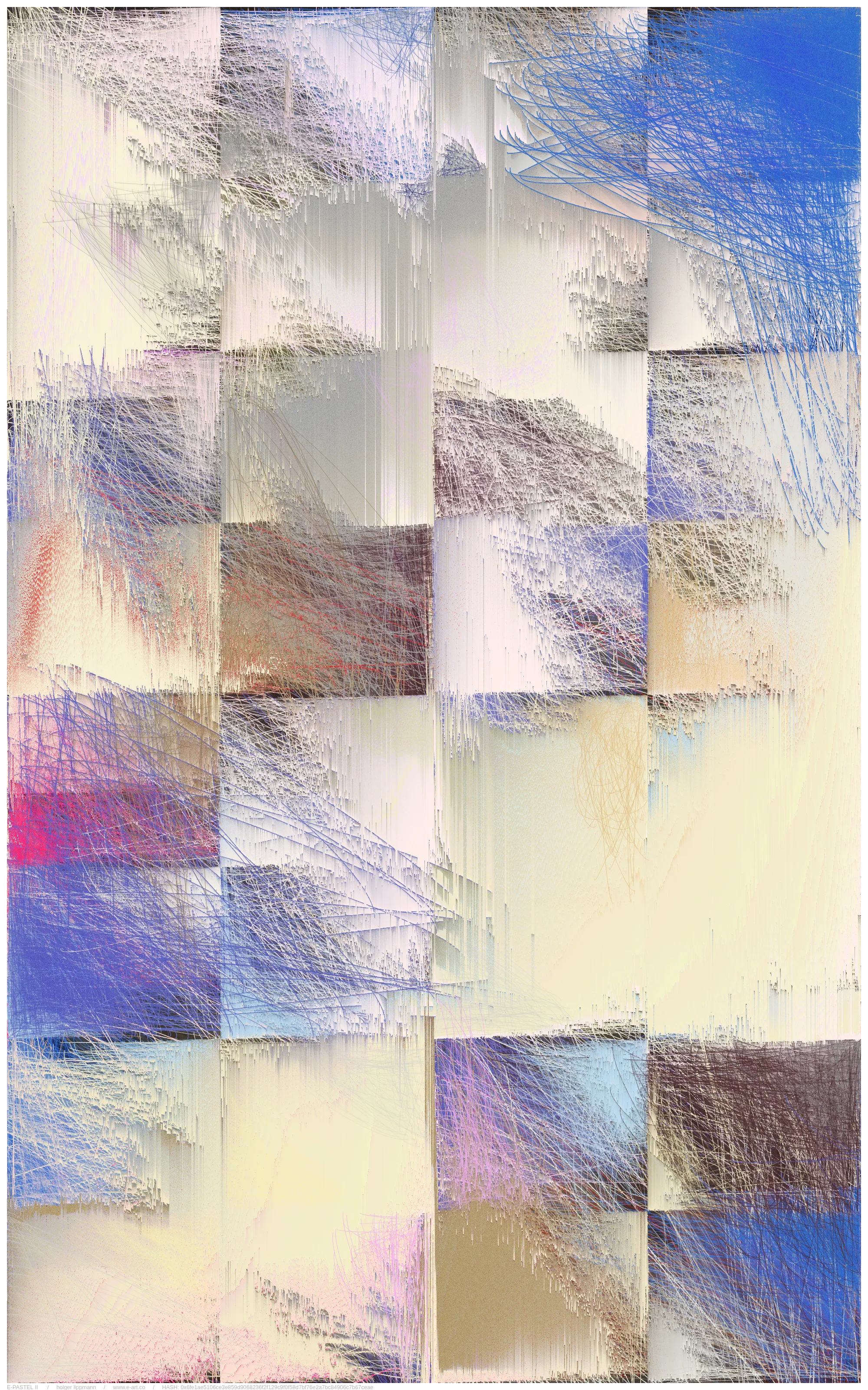 the main approache of E-PASTEL II is taken by the gestural drawing/scribbles; countless overlays of lines thrown out as if from a quick, expressive gesture, of the most varied strength and color. layered over and over each other, building up a fine and dense multicolored fabric, reminding me sometimes of certain pastel drawing techniques.

another approach is the inaccuracy/disintegration structure; the principle of having a theoretical idea, but a pretty imperfect realization or decay over time. in a way that we often encounter in life.

but there is most certainly a more unsentimental approach; the fascination of thousands of overlapping lines, which gradually reveal shapes. the basic joy of playing and experimenting with elementary shapes and colors. the depth and complexity of these mikado structures become a visible experience at the latest with relatively large printouts one can perceive this dense impenetrable and seemingly never fully discernible structural space.
furthermore, by using a combination of random pixel sorting blurs, a slightly randomized grain structure and various blending effects, certain decay processes are simulated, thereby adding another layer, a kind of time/decay layer.

