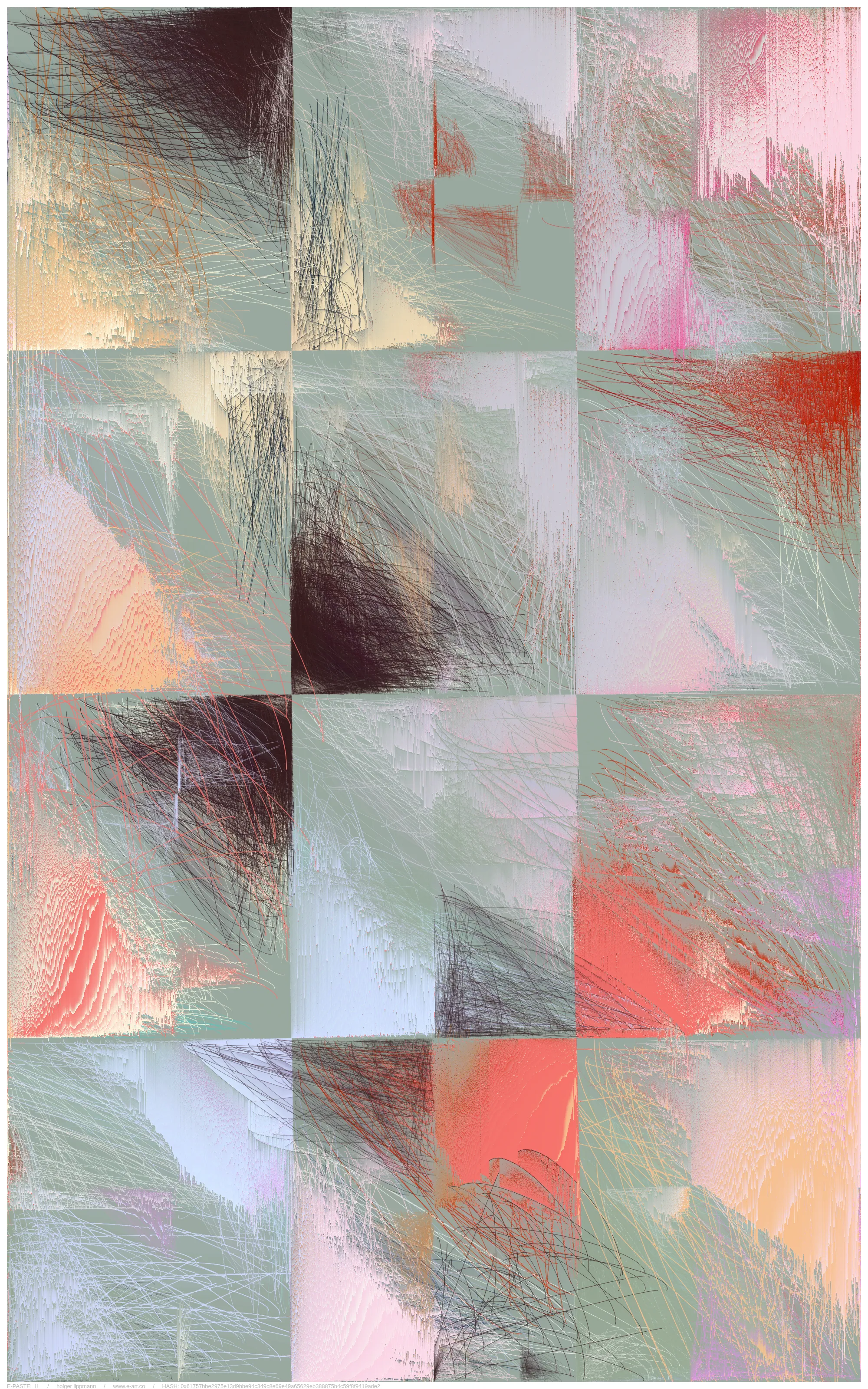 the main approache of E-PASTEL II is taken by the gestural drawing/scribbles; countless overlays of lines thrown out as if from a quick, expressive gesture, of the most varied strength and color. layered over and over each other, building up a fine and dense multicolored fabric, reminding me sometimes of certain pastel drawing techniques.

another approach is the inaccuracy/disintegration structure; the principle of having a theoretical idea, but a pretty imperfect realization or decay over time. in a way that we often encounter in life.

but there is most certainly a more unsentimental approach; the fascination of thousands of overlapping lines, which gradually reveal shapes. the basic joy of playing and experimenting with elementary shapes and colors. the depth and complexity of these mikado structures become a visible experience at the latest with relatively large printouts one can perceive this dense impenetrable and seemingly never fully discernible structural space.
furthermore, by using a combination of random pixel sorting blurs, a slightly randomized grain structure and various blending effects, certain decay processes are simulated, thereby adding another layer, a kind of time/decay layer.

