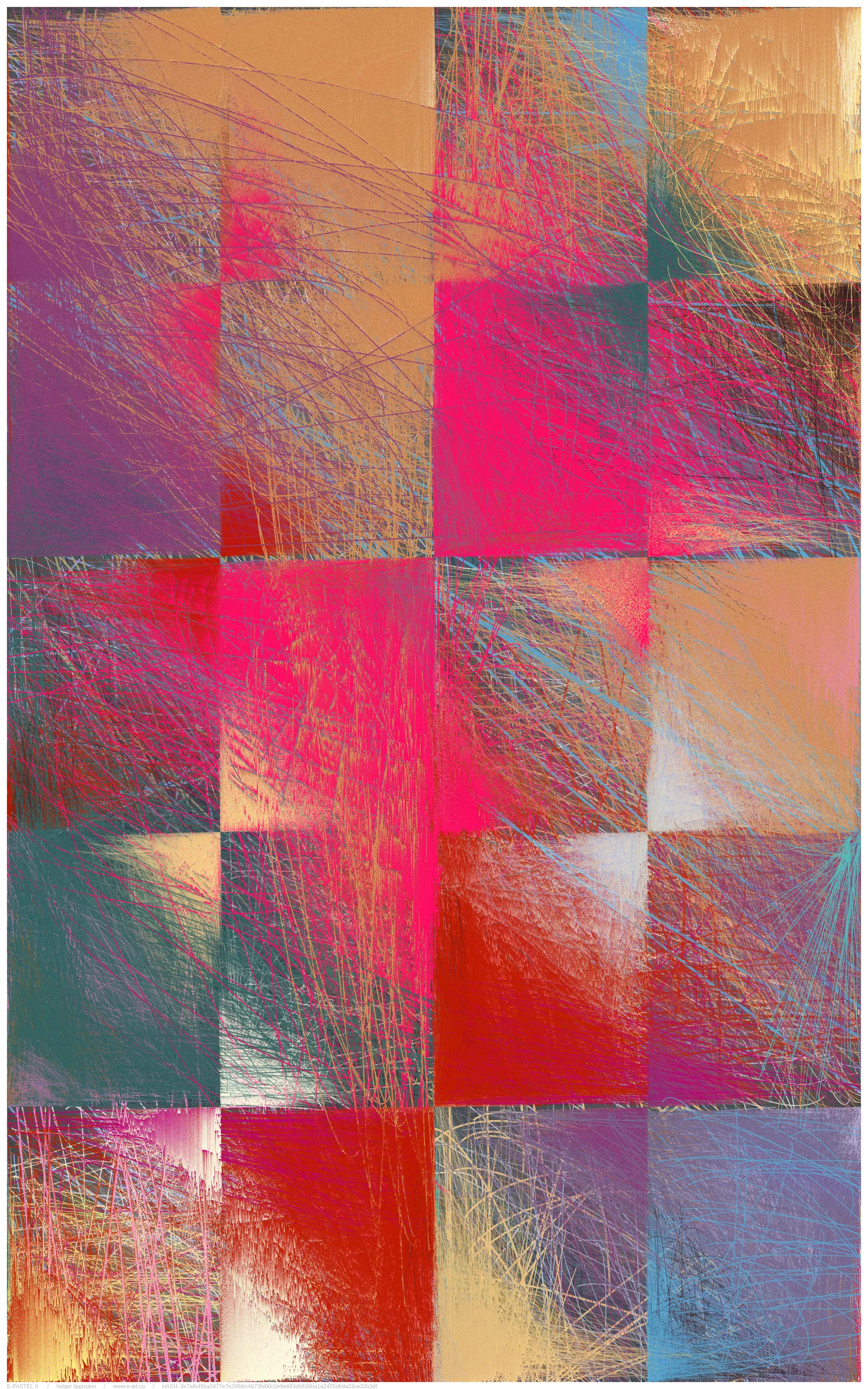 the main approache of E-PASTEL II is taken by the gestural drawing/scribbles; countless overlays of lines thrown out as if from a quick, expressive gesture, of the most varied strength and color. layered over and over each other, building up a fine and dense multicolored fabric, reminding me sometimes of certain pastel drawing techniques.

another approach is the inaccuracy/disintegration structure; the principle of having a theoretical idea, but a pretty imperfect realization or decay over time. in a way that we often encounter in life.

but there is most certainly a more unsentimental approach; the fascination of thousands of overlapping lines, which gradually reveal shapes. the basic joy of playing and experimenting with elementary shapes and colors. the depth and complexity of these mikado structures become a visible experience at the latest with relatively large printouts one can perceive this dense impenetrable and seemingly never fully discernible structural space.
furthermore, by using a combination of random pixel sorting blurs, a slightly randomized grain structure and various blending effects, certain decay processes are simulated, thereby adding another layer, a kind of time/decay layer.


