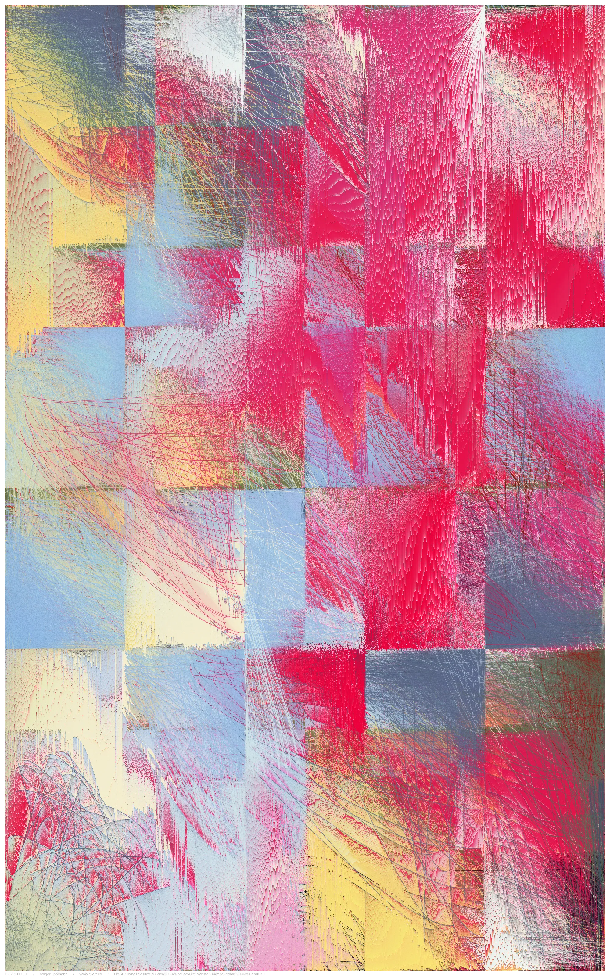the main approache of E-PASTEL II is taken by the gestural drawing/scribbles; countless overlays of lines thrown out as if from a quick, expressive gesture, of the most varied strength and color. layered over and over each other, building up a fine and dense multicolored fabric, reminding me sometimes of certain pastel drawing techniques.

another approach is the inaccuracy/disintegration structure; the principle of having a theoretical idea, but a pretty imperfect realization or decay over time. in a way that we often encounter in life.

but there is most certainly a more unsentimental approach; the fascination of thousands of overlapping lines, which gradually reveal shapes. the basic joy of playing and experimenting with elementary shapes and colors. the depth and complexity of these mikado structures become a visible experience at the latest with relatively large printouts one can perceive this dense impenetrable and seemingly never fully discernible structural space.
furthermore, by using a combination of random pixel sorting blurs, a slightly randomized grain structure and various blending effects, certain decay processes are simulated, thereby adding another layer, a kind of time/decay layer.

