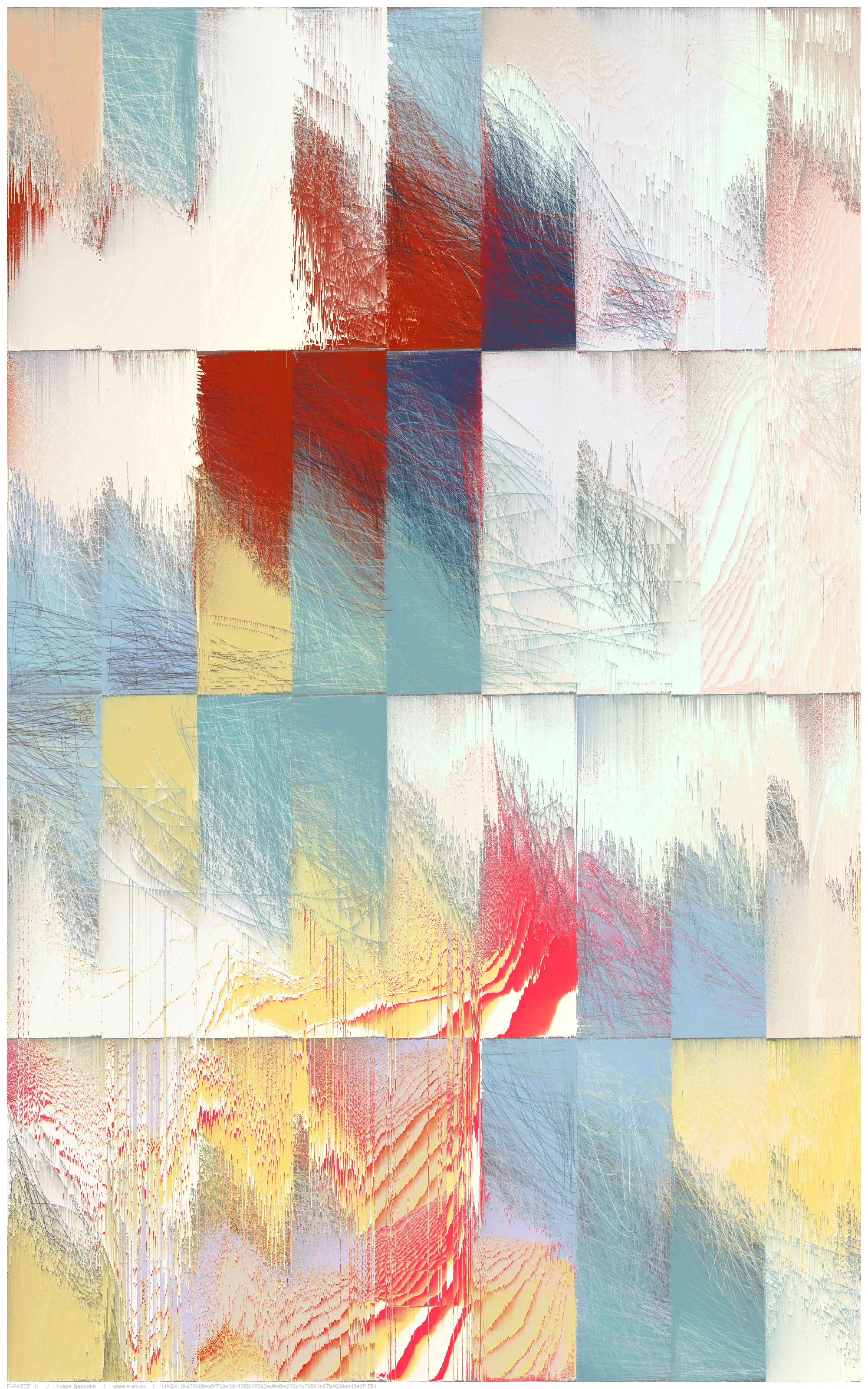 the main approache of E-PASTEL II is taken by the gestural drawing/scribbles; countless overlays of lines thrown out as if from a quick, expressive gesture, of the most varied strength and color. layered over and over each other, building up a fine and dense multicolored fabric, reminding me sometimes of certain pastel drawing techniques.

another approach is the inaccuracy/disintegration structure; the principle of having a theoretical idea, but a pretty imperfect realization or decay over time. in a way that we often encounter in life.

but there is most certainly a more unsentimental approach; the fascination of thousands of overlapping lines, which gradually reveal shapes. the basic joy of playing and experimenting with elementary shapes and colors. the depth and complexity of these mikado structures become a visible experience at the latest with relatively large printouts one can perceive this dense impenetrable and seemingly never fully discernible structural space.
furthermore, by using a combination of random pixel sorting blurs, a slightly randomized grain structure and various blending effects, certain decay processes are simulated, thereby adding another layer, a kind of time/decay layer.

