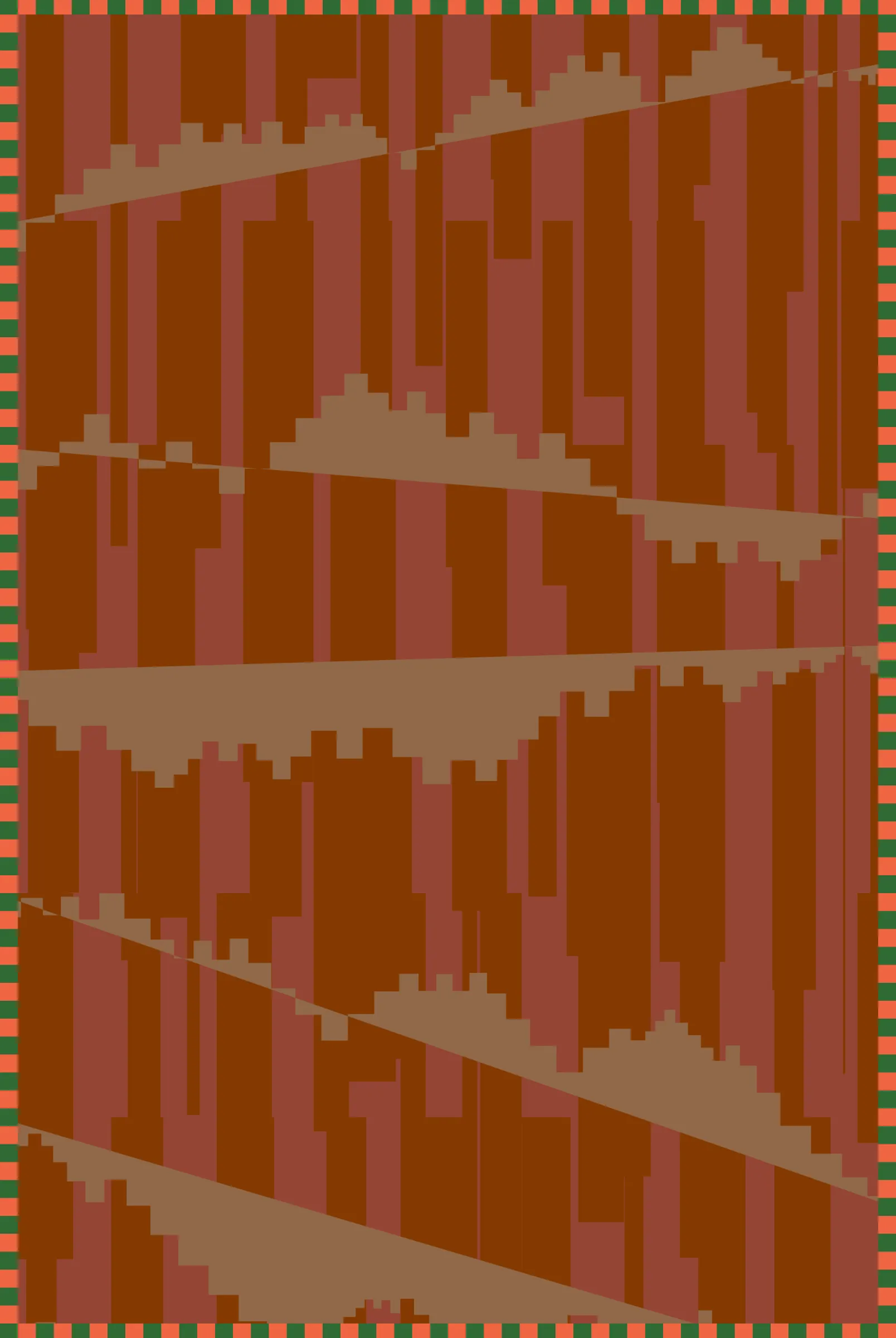 Artist Linda Dounia contemplates memory, loss, and change in her poetic collection, A Staircase Home. Her artwork is designed through an algorithm built around her memory of the staircase that led up to her beloved childhood home in the small Senegalese city of Mbour, a home that was removed to make way for a growing city. The staircase motif climbs back and forth in each of 12 digital artworks—tufted carpets in their physical forms—at varying heights and angles in a mix of earthy and vibrant tones. Conceived on an exploratory trip to Morocco where the physical medium for her collection was chosen, the works also take inspiration from Moroccan artisanal traditions. The abstract shapes that rise and fall in a zigzag pattern from edge to edge, create a dynamic symbol of connection between past and present and technology and craft.
