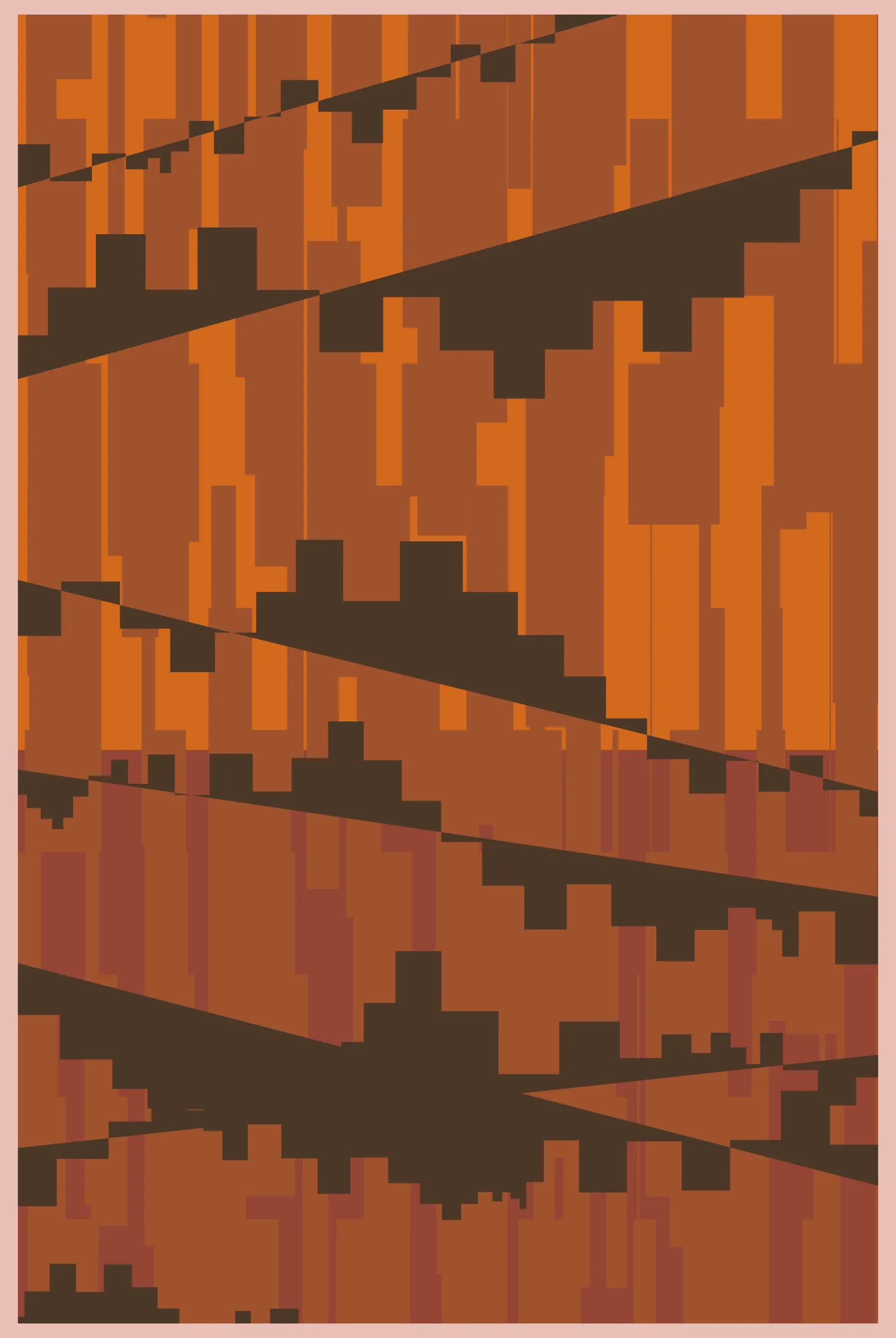 Artist Linda Dounia contemplates memory, loss, and change in her poetic collection, A Staircase Home. Her artwork is designed through an algorithm built around her memory of the staircase that led up to her beloved childhood home in the small Senegalese city of Mbour, a home that was removed to make way for a growing city. The staircase motif climbs back and forth in each of 12 digital artworks—tufted carpets in their physical forms—at varying heights and angles in a mix of earthy and vibrant tones. Conceived on an exploratory trip to Morocco where the physical medium for her collection was chosen, the works also take inspiration from Moroccan artisanal traditions. The abstract shapes that rise and fall in a zigzag pattern from edge to edge, create a dynamic symbol of connection between past and present and technology and craft.
