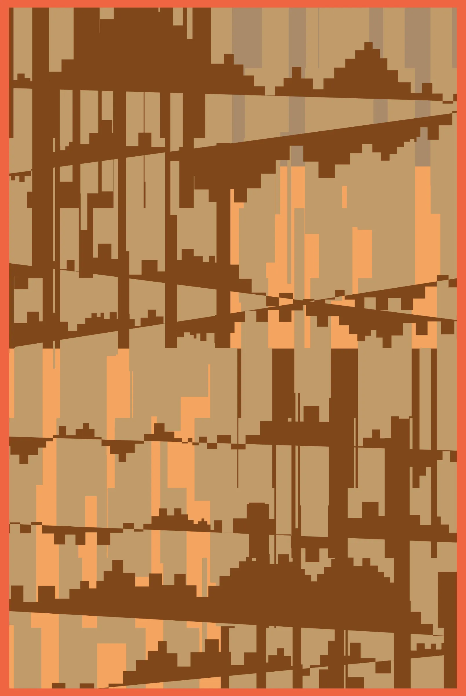 Artist Linda Dounia contemplates memory, loss, and change in her poetic collection, A Staircase Home. Her artwork is designed through an algorithm built around her memory of the staircase that led up to her beloved childhood home in the small Senegalese city of Mbour, a home that was removed to make way for a growing city. The staircase motif climbs back and forth in each of 12 digital artworks—tufted carpets in their physical forms—at varying heights and angles in a mix of earthy and vibrant tones. Conceived on an exploratory trip to Morocco where the physical medium for her collection was chosen, the works also take inspiration from Moroccan artisanal traditions. The abstract shapes that rise and fall in a zigzag pattern from edge to edge, create a dynamic symbol of connection between past and present and technology and craft.
