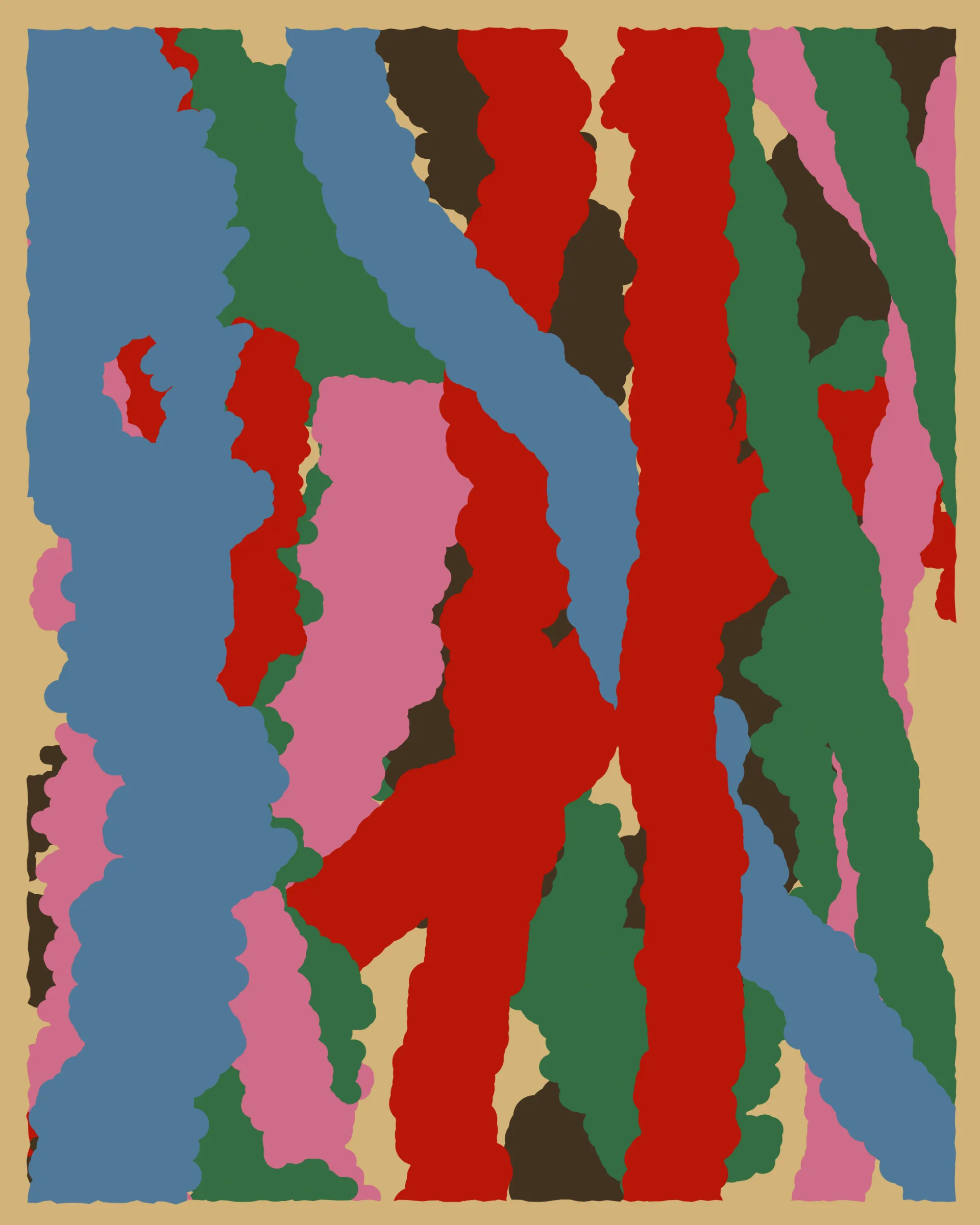 A vibrant topographic meditation on Morocco, Patches translates memory into form, mapping the landscapes, traditions, and cultural imprints that shaped the artist’s experience of his travel. Earthy browns evoke the boundless Sahara, while deep blues trace the embrace of the Mediterranean and Atlantic. Lush greens recall the forests of Azrou and the ritual of mint tea, a daily rhythm of warmth and hospitality. The soft pinks and bold reds celebrate Morocco’s rich history of artisanal craft and its enduring cultural influence. Each color, a fragment of place and time, comes together as a tactile homage to Morocco’s layered identity.