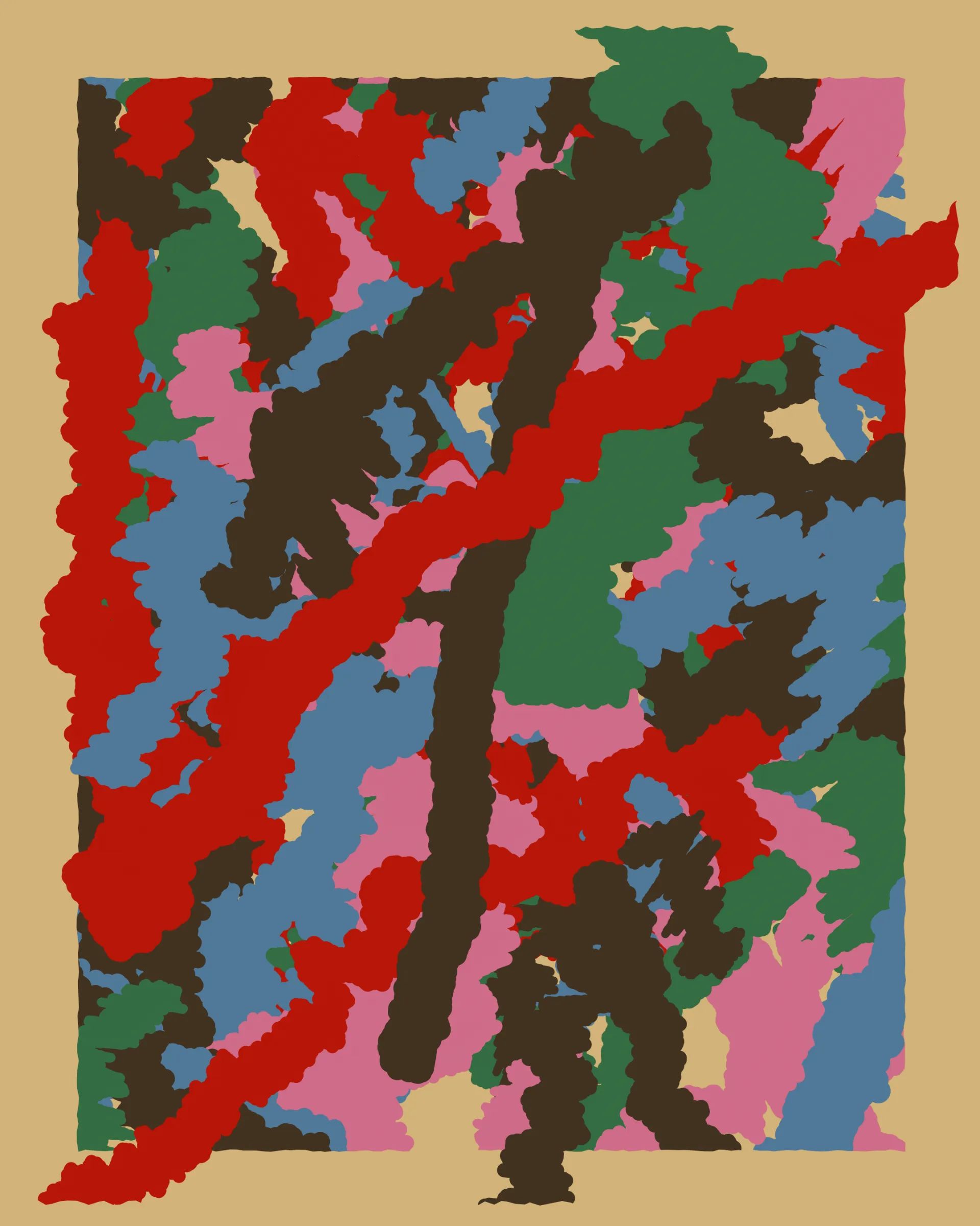 A vibrant topographic meditation on Morocco, Patches translates memory into form, mapping the landscapes, traditions, and cultural imprints that shaped the artist’s experience of his travel. Earthy browns evoke the boundless Sahara, while deep blues trace the embrace of the Mediterranean and Atlantic. Lush greens recall the forests of Azrou and the ritual of mint tea, a daily rhythm of warmth and hospitality. The soft pinks and bold reds celebrate Morocco’s rich history of artisanal craft and its enduring cultural influence. Each color, a fragment of place and time, comes together as a tactile homage to Morocco’s layered identity.