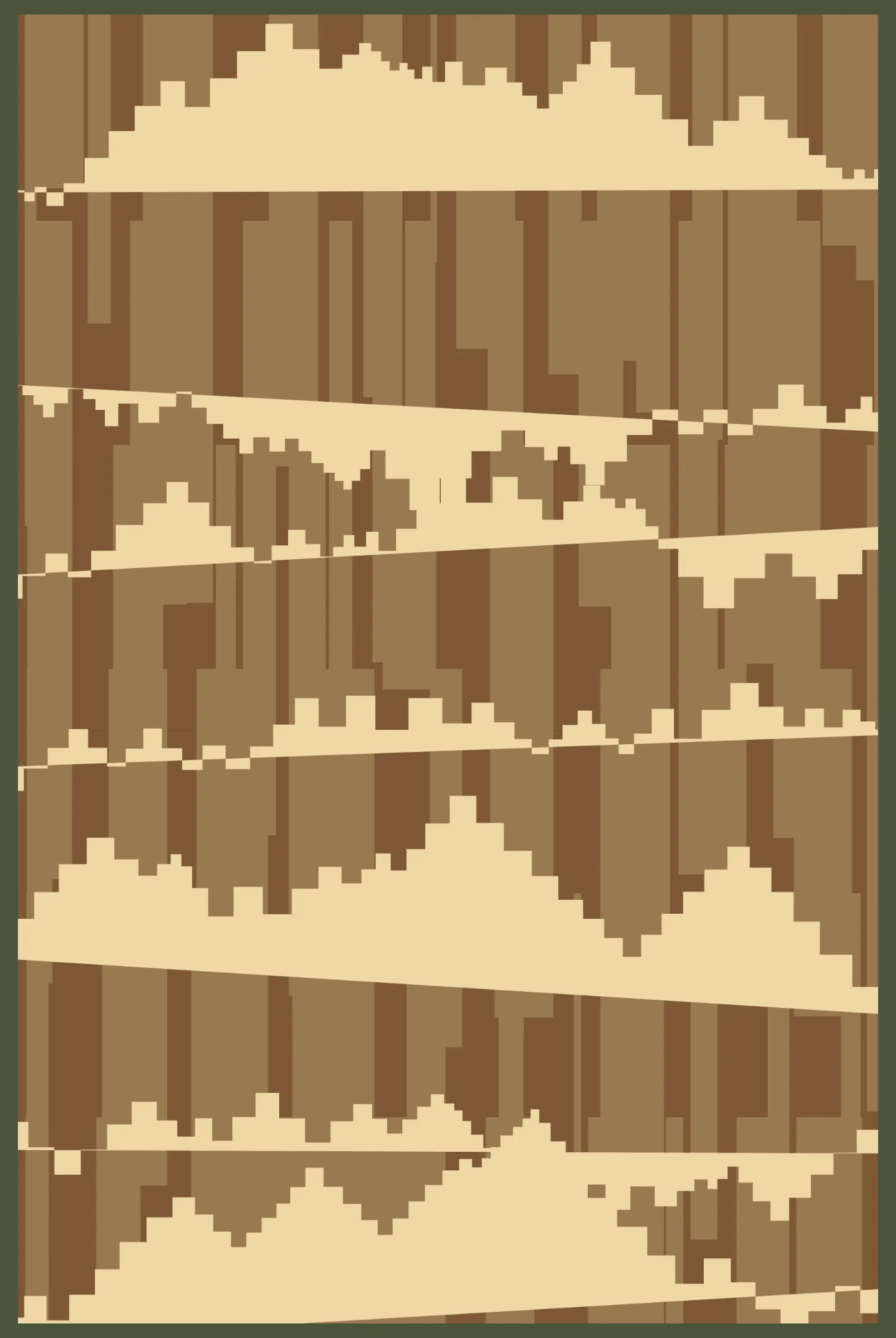 Artist Linda Dounia contemplates memory, loss, and change in her poetic collection, A Staircase Home. Her artwork is designed through an algorithm built around her memory of the staircase that led up to her beloved childhood home in the small Senegalese city of Mbour, a home that was removed to make way for a growing city. The staircase motif climbs back and forth in each of 12 digital artworks—tufted carpets in their physical forms—at varying heights and angles in a mix of earthy and vibrant tones. Conceived on an exploratory trip to Morocco where the physical medium for her collection was chosen, the works also take inspiration from Moroccan artisanal traditions. The abstract shapes that rise and fall in a zigzag pattern from edge to edge, create a dynamic symbol of connection between past and present and technology and craft.