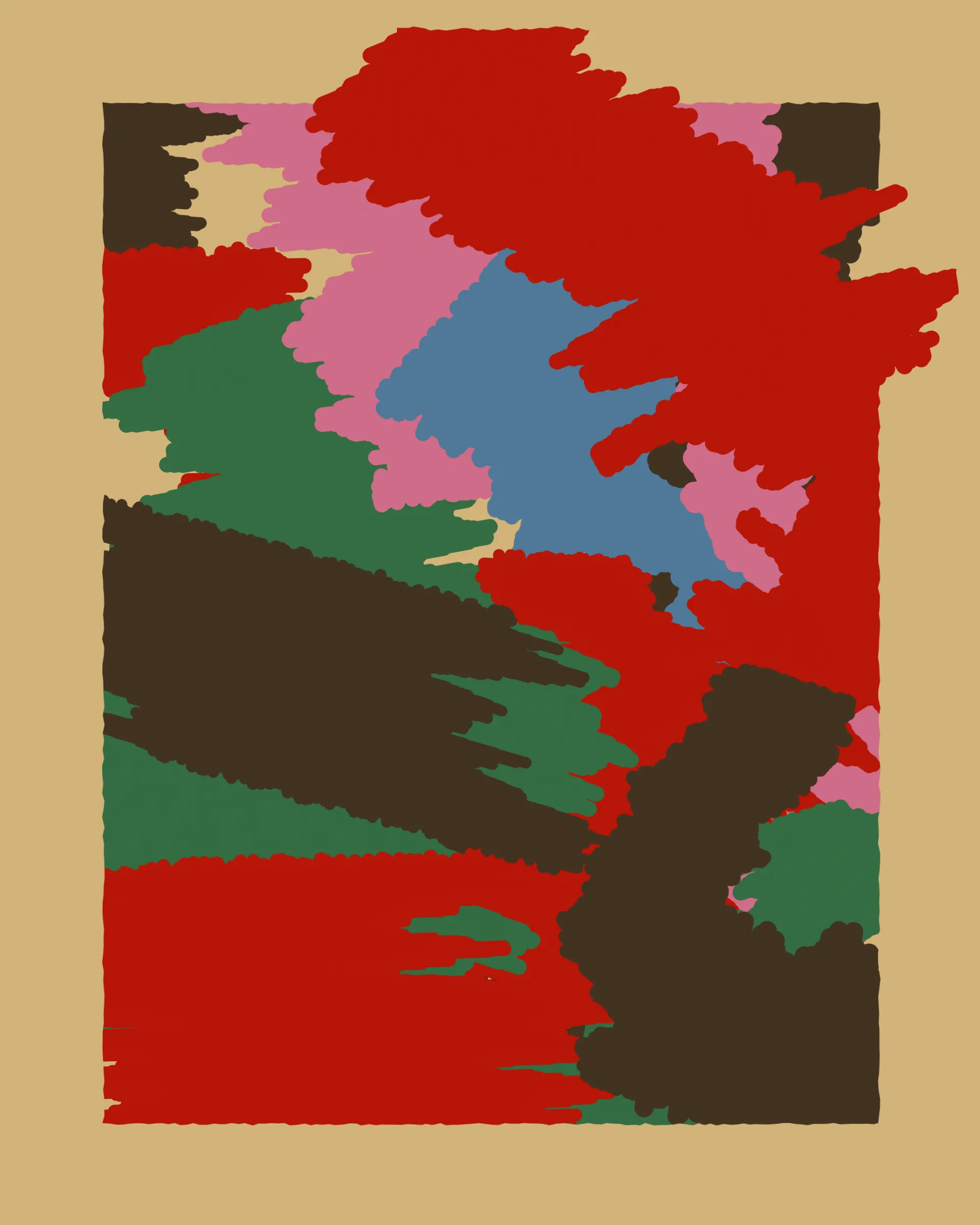 A vibrant topographic meditation on Morocco, Patches translates memory into form, mapping the landscapes, traditions, and cultural imprints that shaped the artist’s experience of his travel. Earthy browns evoke the boundless Sahara, while deep blues trace the embrace of the Mediterranean and Atlantic. Lush greens recall the forests of Azrou and the ritual of mint tea, a daily rhythm of warmth and hospitality. The soft pinks and bold reds celebrate Morocco’s rich history of artisanal craft and its enduring cultural influence. Each color, a fragment of place and time, comes together as a tactile homage to Morocco’s layered identity.