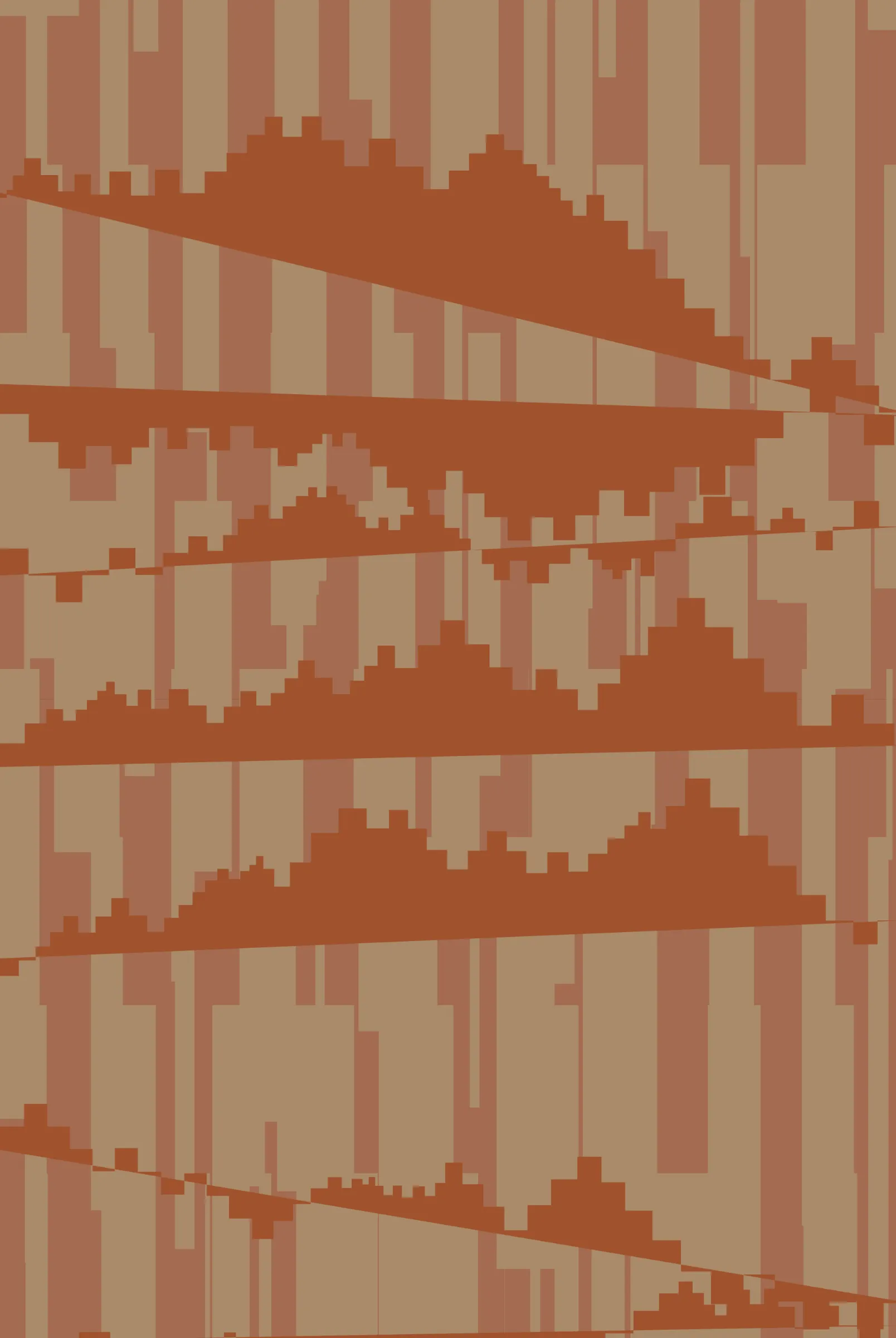 Artist Linda Dounia contemplates memory, loss, and change in her poetic collection, A Staircase Home. Her artwork is designed through an algorithm built around her memory of the staircase that led up to her beloved childhood home in the small Senegalese city of Mbour, a home that was removed to make way for a growing city. The staircase motif climbs back and forth in each of 12 digital artworks—tufted carpets in their physical forms—at varying heights and angles in a mix of earthy and vibrant tones. Conceived on an exploratory trip to Morocco where the physical medium for her collection was chosen, the works also take inspiration from Moroccan artisanal traditions. The abstract shapes that rise and fall in a zigzag pattern from edge to edge, create a dynamic symbol of connection between past and present and technology and craft.