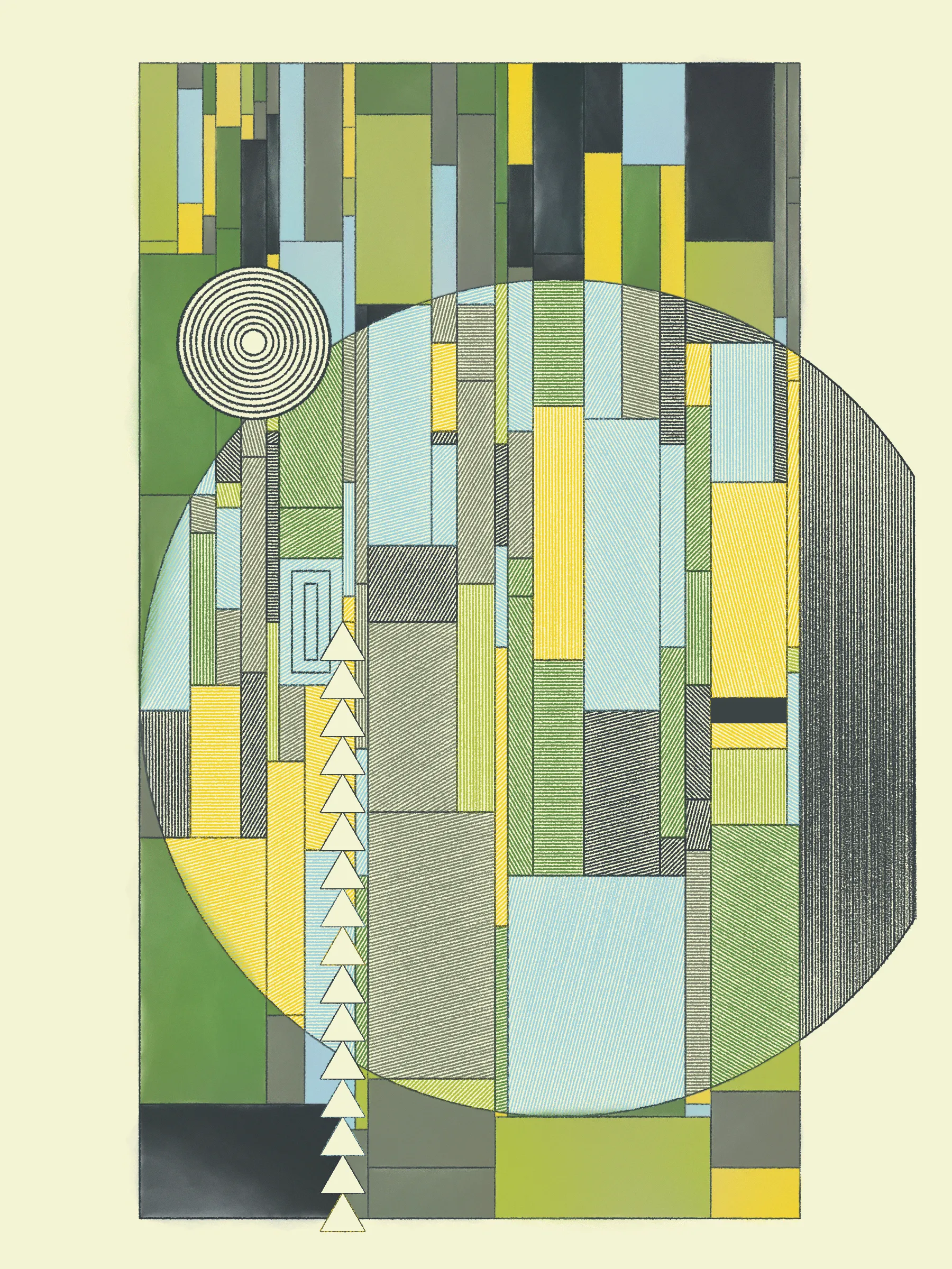 Hatches swing open to reveal portals to other places. They uncover lost layers, like peeled wallpaper exposing old images and emotions, or lenses enhancing hidden features. 

This series explores how simple design rules can lead to expressive compositions. These artworks simulate the process of drawing and coloring in a grid using simple forms, cross-hatched and painted. The textures meld and clash, adding energy to the works.

Each artwork can theoretically be recreated by someone with graph paper, pens and pencils, and watercolors for the solid washes -- though it would take time and a steady hand.

The series blends inspirations from Frank Lloyd Wright's decorative works, Art Deco patterns, the Bauhaus school, and Sol Le Witt's rules-based art practice to generate evocative new artworks.