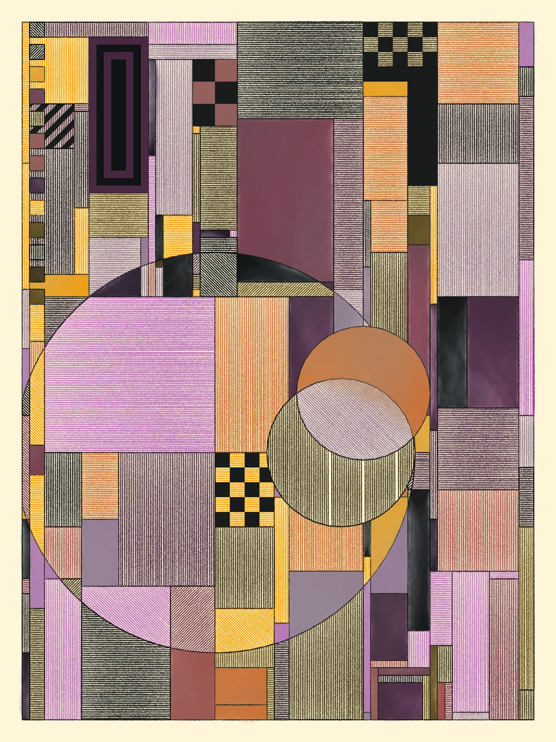 Hatches swing open to reveal portals to other places. They uncover lost layers, like peeled wallpaper exposing old images and emotions, or lenses enhancing hidden features. 

This series explores how simple design rules can lead to expressive compositions. These artworks simulate the process of drawing and coloring in a grid using simple forms, cross-hatched and painted. The textures meld and clash, adding energy to the works.

Each artwork can theoretically be recreated by someone with graph paper, pens and pencils, and watercolors for the solid washes -- though it would take time and a steady hand.

The series blends inspirations from Frank Lloyd Wright's decorative works, Art Deco patterns, the Bauhaus school, and Sol Le Witt's rules-based art practice to generate evocative new artworks.