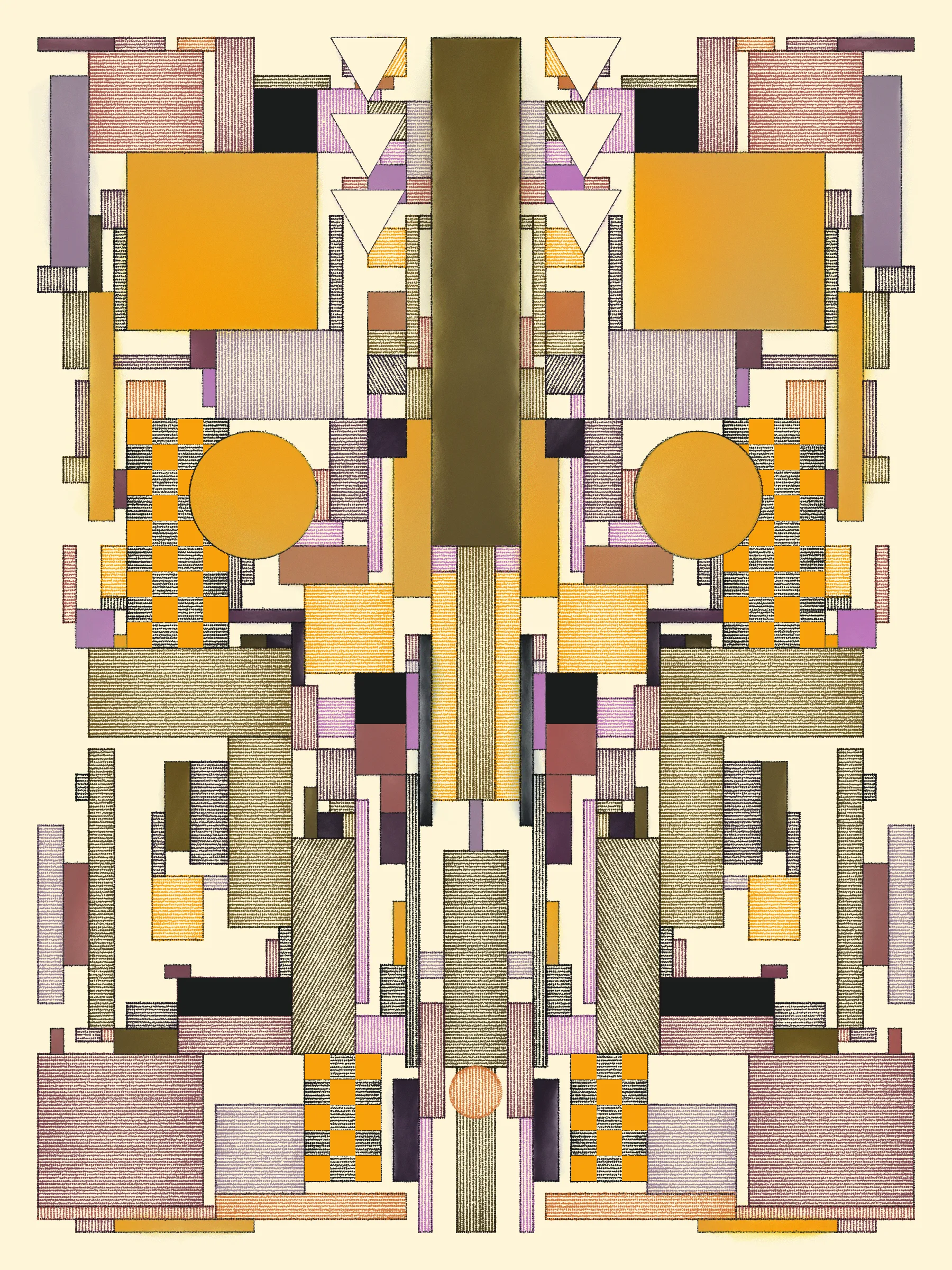 Hatches swing open to reveal portals to other places. They uncover lost layers, like peeled wallpaper exposing old images and emotions, or lenses enhancing hidden features. 

This series explores how simple design rules can lead to expressive compositions. These artworks simulate the process of drawing and coloring in a grid using simple forms, cross-hatched and painted. The textures meld and clash, adding energy to the works.

Each artwork can theoretically be recreated by someone with graph paper, pens and pencils, and watercolors for the solid washes -- though it would take time and a steady hand.

The series blends inspirations from Frank Lloyd Wright's decorative works, Art Deco patterns, the Bauhaus school, and Sol Le Witt's rules-based art practice to generate evocative new artworks.