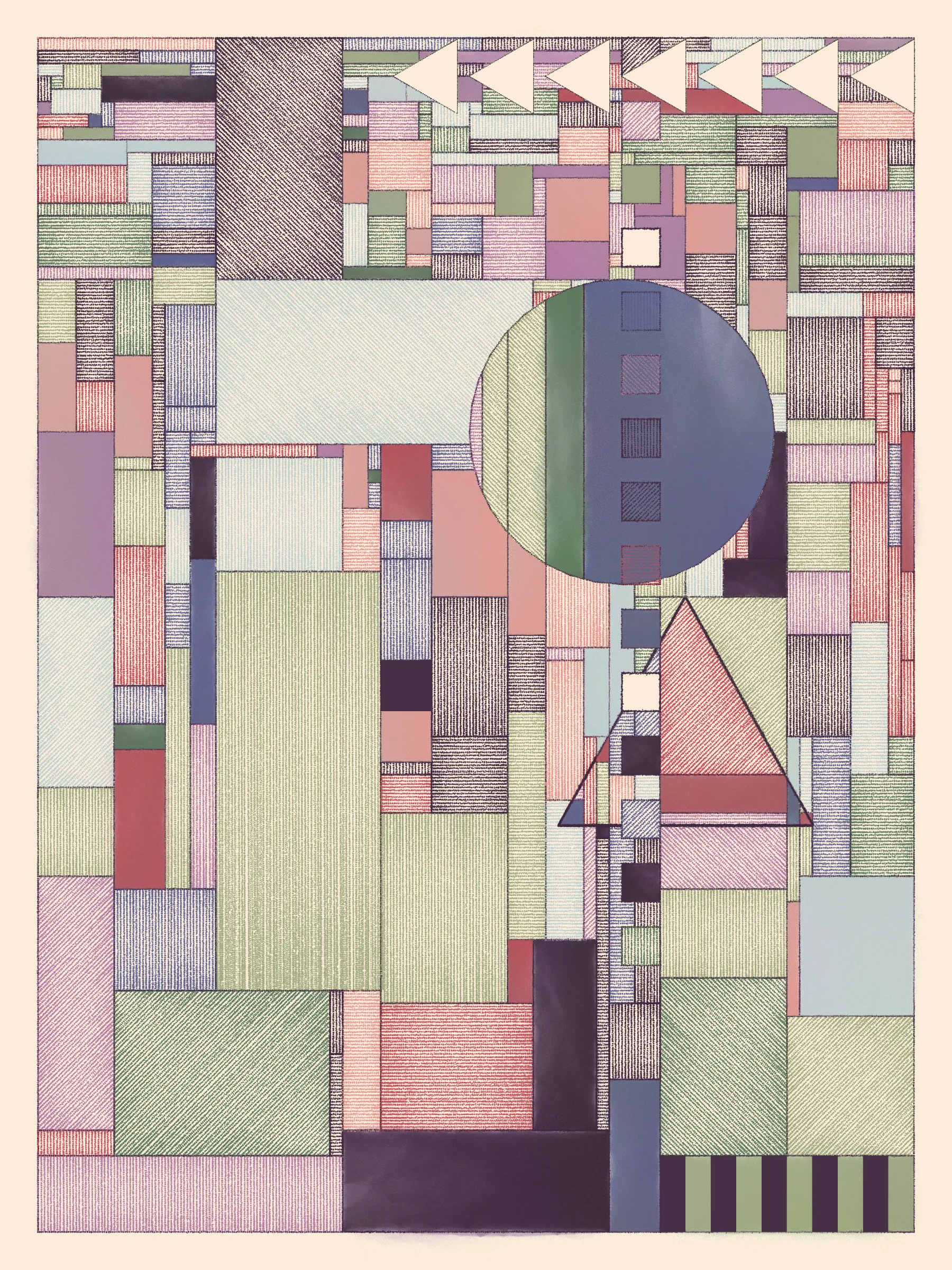 Hatches swing open to reveal portals to other places. They uncover lost layers, like peeled wallpaper exposing old images and emotions, or lenses enhancing hidden features. 

This series explores how simple design rules can lead to expressive compositions. These artworks simulate the process of drawing and coloring in a grid using simple forms, cross-hatched and painted. The textures meld and clash, adding energy to the works.

Each artwork can theoretically be recreated by someone with graph paper, pens and pencils, and watercolors for the solid washes -- though it would take time and a steady hand.

The series blends inspirations from Frank Lloyd Wright's decorative works, Art Deco patterns, the Bauhaus school, and Sol Le Witt's rules-based art practice to generate evocative new artworks.