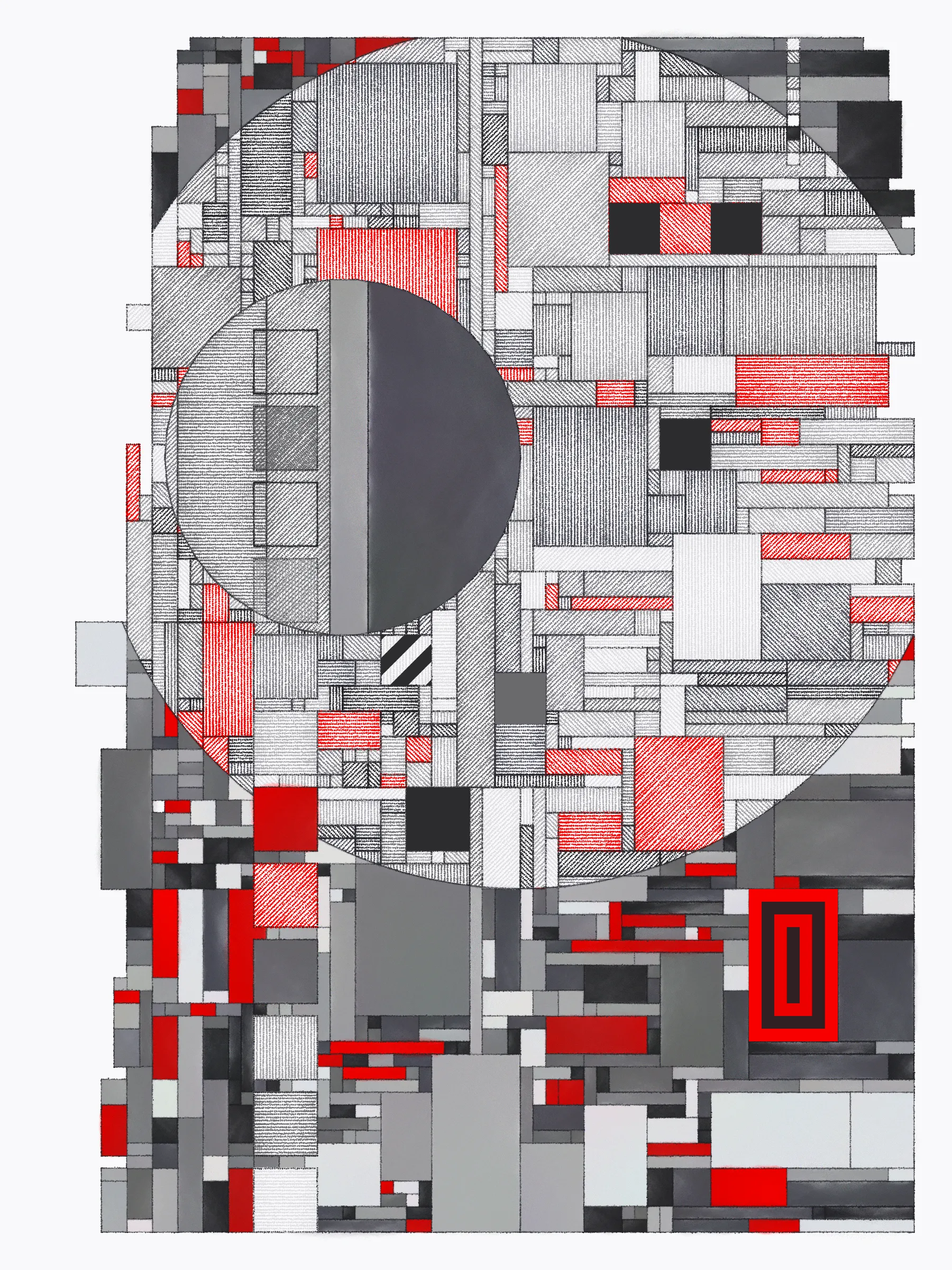 Hatches swing open to reveal portals to other places. They uncover lost layers, like peeled wallpaper exposing old images and emotions, or lenses enhancing hidden features. 

This series explores how simple design rules can lead to expressive compositions. These artworks simulate the process of drawing and coloring in a grid using simple forms, cross-hatched and painted. The textures meld and clash, adding energy to the works.

Each artwork can theoretically be recreated by someone with graph paper, pens and pencils, and watercolors for the solid washes -- though it would take time and a steady hand.

The series blends inspirations from Frank Lloyd Wright's decorative works, Art Deco patterns, the Bauhaus school, and Sol Le Witt's rules-based art practice to generate evocative new artworks.