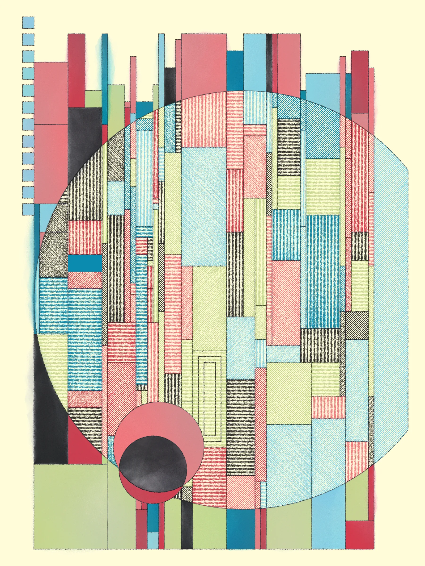Hatches swing open to reveal portals to other places. They uncover lost layers, like peeled wallpaper exposing old images and emotions, or lenses enhancing hidden features. 

This series explores how simple design rules can lead to expressive compositions. These artworks simulate the process of drawing and coloring in a grid using simple forms, cross-hatched and painted. The textures meld and clash, adding energy to the works.

Each artwork can theoretically be recreated by someone with graph paper, pens and pencils, and watercolors for the solid washes -- though it would take time and a steady hand.

The series blends inspirations from Frank Lloyd Wright's decorative works, Art Deco patterns, the Bauhaus school, and Sol Le Witt's rules-based art practice to generate evocative new artworks.