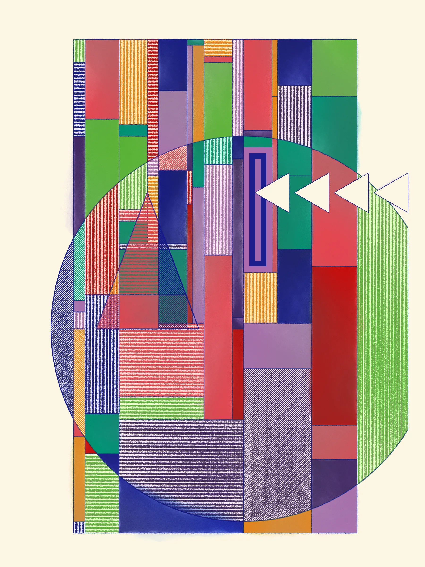 Hatches swing open to reveal portals to other places. They uncover lost layers, like peeled wallpaper exposing old images and emotions, or lenses enhancing hidden features. 

This series explores how simple design rules can lead to expressive compositions. These artworks simulate the process of drawing and coloring in a grid using simple forms, cross-hatched and painted. The textures meld and clash, adding energy to the works.

Each artwork can theoretically be recreated by someone with graph paper, pens and pencils, and watercolors for the solid washes -- though it would take time and a steady hand.

The series blends inspirations from Frank Lloyd Wright's decorative works, Art Deco patterns, the Bauhaus school, and Sol Le Witt's rules-based art practice to generate evocative new artworks.